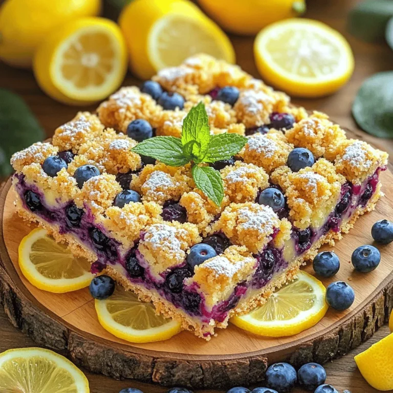 To make these yummy lemon blueberry crumb bars, you will need: - 1 ½ cups all-purpose flour - ½ cup rolled oats - ½ cup packed brown sugar - ½ teaspoon baking powder - ½ teaspoon salt - ½ cup unsalted butter, melted and slightly cooled - 1 cup fresh blueberries, rinsed and drained - 2 tablespoons cornstarch - 1 cup granulated sugar - 2 large eggs, at room temperature - ¼ cup fresh lemon juice (about 2 lemons) - Zest of 1 lemon, finely grated - ½ teaspoon pure vanilla extract If you don’t have a few items handy, here are some easy swaps: - All-purpose flour: Use whole wheat flour for a healthier option. - Rolled oats: Quick oats work well in a pinch, but the texture will change. - Brown sugar: You can use white sugar with a bit of molasses for a similar taste. - Unsalted butter: Use coconut oil for a dairy-free version. - Fresh blueberries: Frozen blueberries can be used; just let them thaw first. Here’s what you will need to make these bars: - 8x8-inch baking dish - Mixing bowls - Whisk - Rubber spatula - Measuring cups and spoons - Parchment paper (optional, for easy removal) - Oven preheated to 350°F (175°C) Gather these items before you start. It makes cooking much smoother! Start by preheating your oven to 350°F (175°C). This step warms the oven for even baking. Next, grease an 8x8-inch baking dish. You can also line it with parchment paper. Leave some paper hanging over the sides. This helps you lift the bars out later. In a large mixing bowl, whisk together: - 1 ½ cups all-purpose flour - ½ cup rolled oats - ½ cup packed brown sugar - ½ teaspoon baking powder - ½ teaspoon salt Mix until everything is combined. Slowly pour in ½ cup melted butter. Stir the mixture until it looks like wet sand. Set aside one cup of this mixture for the crumb topping. While the crust bakes, prepare your blueberry filling. In a medium bowl, add 1 cup fresh blueberries. Sprinkle with 2 tablespoons cornstarch. Gently toss the blueberries to coat them with cornstarch. This step helps thicken the filling. In another bowl, whisk together: - 1 cup granulated sugar - 2 large eggs - ¼ cup fresh lemon juice - Zest of 1 lemon - ½ teaspoon pure vanilla extract Mix until smooth. Carefully fold the blueberry mixture into the lemon mixture. Be gentle so you don’t mash the blueberries. Once the crust is baked, pour the blueberry-lemon filling over it. Spread it evenly across the crust. Next, take the reserved crumb mixture and crumble it over the filling. This creates a nice topping for the bars. Return the pan to the oven. Bake for 25-30 minutes. You want the filling to set and the topping to turn golden brown. After baking, take the dish out of the oven. Let it cool for at least 30 minutes in the pan. Use the parchment paper edges to lift the bars out. Cut them into squares to serve. To get a great crust, use cold butter. Cold butter helps create a flakier texture. When mixing, stir until the crumbs look like wet sand. This ensures a solid base. Press the mixture firmly into the pan. A compact crust holds the filling well. Bake until it's lightly golden. This gives it a nice flavor. When mixing blueberries with the lemon filling, be gentle. Use a spatula to fold the ingredients. This helps keep the blueberries intact. If you mash them, the filling will turn purple. You want to see those lovely blue berries in your bars. Mixing slowly ensures even distribution without breaking the fruit. For the best taste, serve these bars chilled. The flavors pop when cool. Dust with powdered sugar right before serving. This adds a sweet touch. Garnish with fresh mint for a splash of color. Plating on a bright dish makes the bars stand out. You can also pair them with whipped cream for a creamy contrast. Enjoy the vibrant mix of lemon and blueberry! {{image_4}} You can swap out blueberries for other fruits. Raspberries, strawberries, or blackberries work great. Just make sure to adjust the sugar, as some fruits are sweeter. For a peach filling, slice fresh peaches and toss them with cornstarch. This makes a yummy change to the classic flavor. To make these crumb bars gluten-free, use almond flour or gluten-free all-purpose flour. Check your oats too; some brands offer gluten-free rolled oats. These swaps keep the texture nice but change the flavor a bit. The bars will still taste delicious and be safe for those avoiding gluten. Mix things up with fun flavor combos! Try raspberry with lemon for a tart treat. You could also use mango puree with lime for a tropical twist. Don't be afraid to experiment with different citrus fruits. Each change offers a new spin on this classic dish. Your taste buds will thank you! To keep your lemon blueberry crumb bars fresh, store them in an airtight container. This helps prevent them from drying out. You can also place a piece of parchment paper between layers to avoid sticking. If you have leftovers, store them at room temperature for short-term use. For longer storage, refrigeration is best. You can freeze these bars for later enjoyment. First, let them cool completely. Then, slice them into squares. Wrap each square tightly in plastic wrap. Place the wrapped bars in a freezer-safe container. They will stay fresh for up to three months. When you’re ready to eat, just thaw them in the fridge overnight. In the fridge, these lemon blueberry crumb bars last up to one week. Keep them covered to maintain freshness. If you notice any changes in texture or smell, it’s best to discard them. Enjoy them cold, or warm them up slightly for a cozy treat! Yes, you can use frozen blueberries. They work well in this recipe. Just remember to thaw them first. Pat them dry with a paper towel. This helps avoid extra juice in your bars. This will keep your filling from being too runny. The bars are done when the filling is set. Look for a slight jiggle in the center. The crumb topping should also be golden brown. You can test this by inserting a toothpick into the filling. If it comes out clean, they are ready! Yes, you can make these bars ahead of time. They taste great after a day in the fridge. Just cover them well to keep them fresh. You can also freeze them for later. They will last up to three months in the freezer. You now have all the steps to make delicious Lemon Blueberry Crumb Bars. We covered the key ingredients, gave tips for the crust, and explored fun variations. These bars are not just tasty; they can fit many diets and preferences. Remember to store them well for lasting freshness. Baking can be simple and rewarding. Enjoy this treat any time. Happy baking!