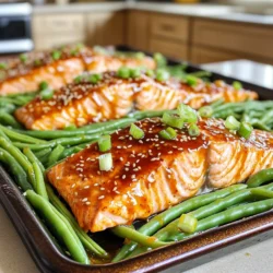 - 4 salmon fillets (about 6 ounces each) - 2 cups fresh green beans, trimmed and rinsed - 1/4 cup sweet chili sauce For this dish, I start with fresh salmon fillets. They give a nice flavor and texture. I also love using fresh green beans, as they add a lovely crunch. The sweet chili sauce ties it all together with its bold flavor. - 2 tablespoons low-sodium soy sauce - 1 tablespoon extra virgin olive oil - 2 cloves garlic, finely minced - 1 teaspoon fresh ginger, grated I use low-sodium soy sauce to keep the dish lighter. It gives a savory twist without being too salty. Extra virgin olive oil helps the green beans roast nicely. I always add minced garlic and grated ginger for that extra kick. - Toasted sesame seeds for garnish - 2 green onions, thinly sliced for garnish - Salt and freshly ground black pepper, to taste For garnishes, I sprinkle toasted sesame seeds and sliced green onions. They add a nice pop of color and flavor. Don't forget to season the salmon and green beans with salt and pepper for the best taste. 1. Preheating the oven: First, set your oven to 400°F (200°C). This step makes sure your salmon cooks evenly. To make cleanup easy, line a large baking sheet with parchment paper. 2. Preparing the sweet chili sauce: In a small bowl, mix together the sweet chili sauce, low-sodium soy sauce, minced garlic, and grated ginger. Stir well until all these flavors blend together nicely. 1. Placing salmon on the baking sheet: Take the salmon fillets and place them in the center of your prepared baking sheet. Make sure to season them with salt and freshly ground black pepper. This adds great flavor. 2. Adding and tossing green beans: Scatter the fresh green beans around the salmon. Drizzle the extra virgin olive oil over the green beans. Gently toss them to coat every piece with oil. This helps them roast perfectly. 1. Coating the salmon: Pour half of the sweet chili sauce mixture over the salmon. Ensure each fillet is covered well. Save the rest for later to add extra flavor. 2. Roasting in the oven: Place the baking sheet in your preheated oven. Roast for about 12 to 15 minutes. The salmon should flake easily with a fork. The green beans should be tender but still have a bit of crunch. 3. Adding final touches before serving: After cooking, take the baking sheet out of the oven. Drizzle the reserved sweet chili sauce over both the salmon and the green beans. This adds a delicious finishing touch. - Ensuring perfect salmon doneness: Cook salmon until it flakes easily with a fork. This usually takes 12-15 minutes at 400°F. Check it at the 12-minute mark. If it looks opaque and flakes nicely, it’s ready. - Achieving crispy green beans: To get those green beans crispy, spread them out on the pan. Make sure they are not overcrowded. Toss them in olive oil before roasting. This helps them get that nice crunch. - Customizing your sweet chili sauce: You can adjust the sweetness by adding more or less sweet chili sauce. For a bolder taste, mix in a splash of soy sauce. This adds depth to the flavor. - Adding heat with chili flakes: If you like heat, sprinkle chili flakes on your salmon and green beans. Just a pinch can elevate the dish. Start small and add more if you want extra spice. - Serving suggestions: Serve the dish right on the baking sheet for a fun look. If you want a fancy touch, plate each portion separately. This makes it feel special for guests. - Adding additional garnishes: Top with toasted sesame seeds and sliced green onions for color. A wedge of lime adds a fresh twist. These small touches make the dish pop visually and taste-wise. {{image_4}} You can easily swap salmon for chicken. Chicken thighs or breasts work well. Just adjust the cooking time. Cook chicken until it reaches 165°F for safety. If you want a vegetarian option, try tofu or tempeh. Marinate them in the sweet chili sauce. This brings great flavor to your dish. Feel free to add more vegetables! Bell peppers add a sweet crunch. Carrots or zucchini can also work nicely. Seasonal greens like asparagus or broccoli are great choices. They roast well and bring color to your dish. If you want a different taste, replace sweet chili sauce with teriyaki. It gives a nice, savory flavor. You can also add herbs like cilantro or basil for freshness. Spices like cumin or smoked paprika can add depth. Experiment to find your favorite flavors! To keep your sweet chili salmon and green beans fresh, store leftovers properly. First, let the dish cool to room temperature. Then, put it in an airtight container. This method helps seal in moisture and flavor. - Best practices for refrigeration: Place your container in the fridge. It stays good for up to three days. Make sure to label it with the date you stored it. - How to store in the freezer: For longer storage, freeze the leftovers. Use a freezer-safe container or a heavy-duty freezer bag. When stored this way, it can last for up to three months. Just remember to thaw it in the fridge overnight before reheating. Reheating is key for delicious leftovers. Follow these tips to keep the salmon moist and the green beans crisp. - Avoiding dry salmon when reheating: Preheat your oven to 350°F (175°C). Place the salmon on a baking sheet. Add a splash of water or broth to keep it moist. Cover with foil and heat for about 10-15 minutes. - Maintaining green bean texture: To keep the green beans crisp, add them to the oven for just 5 minutes. Check them often. You want them warm but not overcooked. Meal prep makes cooking easier on busy days. Here are my tips to prepare this dish in advance. - Preparing ingredients in advance: Chop the green beans and make the sauce a day ahead. Store the ingredients in separate containers in the fridge. This saves time when you're ready to cook. - Making this dish for meal prep: You can cook a larger batch and divide it into meal prep containers. This way, you have healthy lunches or dinners ready to go. Just reheat as needed, and enjoy a tasty meal! The best oven temperature for salmon is 400°F (200°C). This heat cooks the fish evenly and keeps it moist. The internal temperature of cooked salmon should reach 145°F (63°C). Use a food thermometer to check this easily. Cooking time for salmon on a sheet pan varies. For fillets that are about one inch thick, it takes about 12 to 15 minutes. Thicker fillets may need a few extra minutes. If your oven runs hot or cold, adjust the time slightly. Yes, you can use frozen green beans in this dish. Just remember to thaw them before cooking. This helps them cook evenly with the salmon. If you skip thawing, add a few extra minutes to the cooking time. This dish combines salmon, green beans, and sweet chili sauce for a tasty meal. I’ve shared easy steps, tips, and variations to help you cook confidently. Remember to store your leftovers properly and heat them without losing texture. With these tools, you can create a delicious dinner that fits your style. Enjoy experimenting with flavors and ingredients, and make this dish your own. Happy cooking!