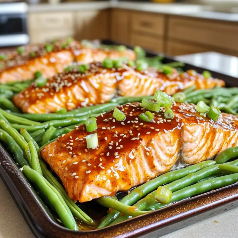 - 4 salmon fillets (about 6 ounces each) - 2 cups fresh green beans, trimmed and rinsed - 1/4 cup sweet chili sauce For this dish, I start with fresh salmon fillets. They give a nice flavor and texture. I also love using fresh green beans, as they add a lovely crunch. The sweet chili sauce ties it all together with its bold flavor. - 2 tablespoons low-sodium soy sauce - 1 tablespoon extra virgin olive oil - 2 cloves garlic, finely minced - 1 teaspoon fresh ginger, grated I use low-sodium soy sauce to keep the dish lighter. It gives a savory twist without being too salty. Extra virgin olive oil helps the green beans roast nicely. I always add minced garlic and grated ginger for that extra kick. - Toasted sesame seeds for garnish - 2 green onions, thinly sliced for garnish - Salt and freshly ground black pepper, to taste For garnishes, I sprinkle toasted sesame seeds and sliced green onions. They add a nice pop of color and flavor. Don't forget to season the salmon and green beans with salt and pepper for the best taste. 1. Preheating the oven: First, set your oven to 400°F (200°C). This step makes sure your salmon cooks evenly. To make cleanup easy, line a large baking sheet with parchment paper. 2. Preparing the sweet chili sauce: In a small bowl, mix together the sweet chili sauce, low-sodium soy sauce, minced garlic, and grated ginger. Stir well until all these flavors blend together nicely. 1. Placing salmon on the baking sheet: Take the salmon fillets and place them in the center of your prepared baking sheet. Make sure to season them with salt and freshly ground black pepper. This adds great flavor. 2. Adding and tossing green beans: Scatter the fresh green beans around the salmon. Drizzle the extra virgin olive oil over the green beans. Gently toss them to coat every piece with oil. This helps them roast perfectly. 1. Coating the salmon: Pour half of the sweet chili sauce mixture over the salmon. Ensure each fillet is covered well. Save the rest for later to add extra flavor. 2. Roasting in the oven: Place the baking sheet in your preheated oven. Roast for about 12 to 15 minutes. The salmon should flake easily with a fork. The green beans should be tender but still have a bit of crunch. 3. Adding final touches before serving: After cooking, take the baking sheet out of the oven. Drizzle the reserved sweet chili sauce over both the salmon and the green beans. This adds a delicious finishing touch. - Ensuring perfect salmon doneness: Cook salmon until it flakes easily with a fork. This usually takes 12-15 minutes at 400°F. Check it at the 12-minute mark. If it looks opaque and flakes nicely, it’s ready. - Achieving crispy green beans: To get those green beans crispy, spread them out on the pan. Make sure they are not overcrowded. Toss them in olive oil before roasting. This helps them get that nice crunch. - Customizing your sweet chili sauce: You can adjust the sweetness by adding more or less sweet chili sauce. For a bolder taste, mix in a splash of soy sauce. This adds depth to the flavor. - Adding heat with chili flakes: If you like heat, sprinkle chili flakes on your salmon and green beans. Just a pinch can elevate the dish. Start small and add more if you want extra spice. - Serving suggestions: Serve the dish right on the baking sheet for a fun look. If you want a fancy touch, plate each portion separately. This makes it feel special for guests. - Adding additional garnishes: Top with toasted sesame seeds and sliced green onions for color. A wedge of lime adds a fresh twist. These small touches make the dish pop visually and taste-wise. {{image_4}} You can easily swap salmon for chicken. Chicken thighs or breasts work well. Just adjust the cooking time. Cook chicken until it reaches 165°F for safety. If you want a vegetarian option, try tofu or tempeh. Marinate them in the sweet chili sauce. This brings great flavor to your dish. Feel free to add more vegetables! Bell peppers add a sweet crunch. Carrots or zucchini can also work nicely. Seasonal greens like asparagus or broccoli are great choices. They roast well and bring color to your dish. If you want a different taste, replace sweet chili sauce with teriyaki. It gives a nice, savory flavor. You can also add herbs like cilantro or basil for freshness. Spices like cumin or smoked paprika can add depth. Experiment to find your favorite flavors! To keep your sweet chili salmon and green beans fresh, store leftovers properly. First, let the dish cool to room temperature. Then, put it in an airtight container. This method helps seal in moisture and flavor. - Best practices for refrigeration: Place your container in the fridge. It stays good for up to three days. Make sure to label it with the date you stored it. - How to store in the freezer: For longer storage, freeze the leftovers. Use a freezer-safe container or a heavy-duty freezer bag. When stored this way, it can last for up to three months. Just remember to thaw it in the fridge overnight before reheating. Reheating is key for delicious leftovers. Follow these tips to keep the salmon moist and the green beans crisp. - Avoiding dry salmon when reheating: Preheat your oven to 350°F (175°C). Place the salmon on a baking sheet. Add a splash of water or broth to keep it moist. Cover with foil and heat for about 10-15 minutes. - Maintaining green bean texture: To keep the green beans crisp, add them to the oven for just 5 minutes. Check them often. You want them warm but not overcooked. Meal prep makes cooking easier on busy days. Here are my tips to prepare this dish in advance. - Preparing ingredients in advance: Chop the green beans and make the sauce a day ahead. Store the ingredients in separate containers in the fridge. This saves time when you're ready to cook. - Making this dish for meal prep: You can cook a larger batch and divide it into meal prep containers. This way, you have healthy lunches or dinners ready to go. Just reheat as needed, and enjoy a tasty meal! The best oven temperature for salmon is 400°F (200°C). This heat cooks the fish evenly and keeps it moist. The internal temperature of cooked salmon should reach 145°F (63°C). Use a food thermometer to check this easily. Cooking time for salmon on a sheet pan varies. For fillets that are about one inch thick, it takes about 12 to 15 minutes. Thicker fillets may need a few extra minutes. If your oven runs hot or cold, adjust the time slightly. Yes, you can use frozen green beans in this dish. Just remember to thaw them before cooking. This helps them cook evenly with the salmon. If you skip thawing, add a few extra minutes to the cooking time. This dish combines salmon, green beans, and sweet chili sauce for a tasty meal. I’ve shared easy steps, tips, and variations to help you cook confidently. Remember to store your leftovers properly and heat them without losing texture. With these tools, you can create a delicious dinner that fits your style. Enjoy experimenting with flavors and ingredients, and make this dish your own. Happy cooking!