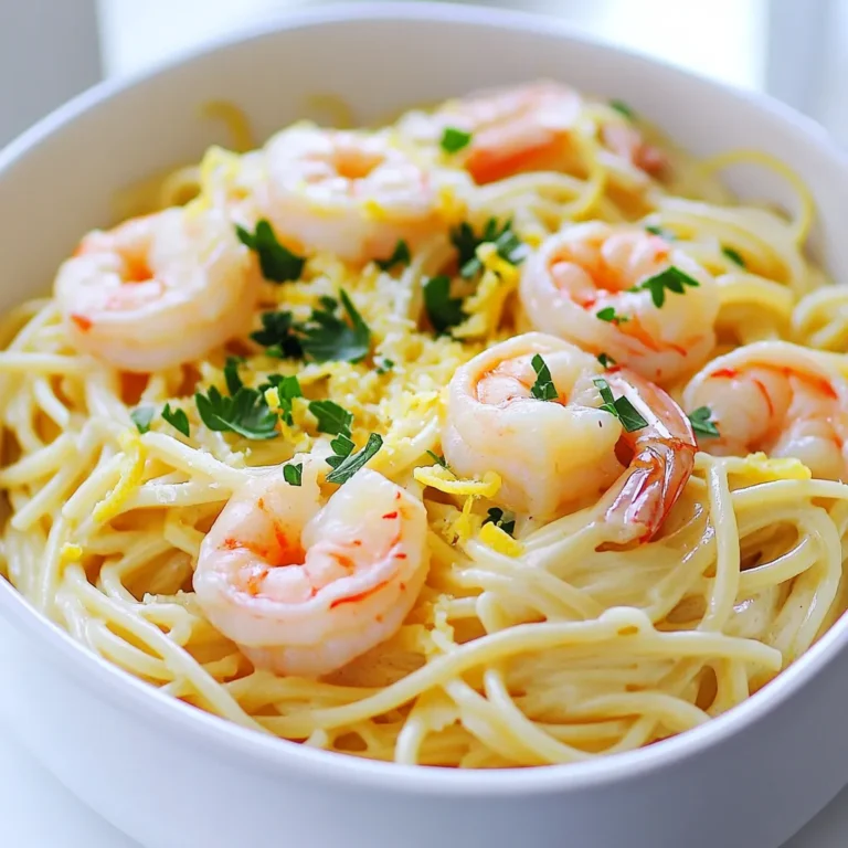 - 8 oz linguine or fettuccine - 1 lb large shrimp, peeled and deveined - 4 tablespoons unsalted butter - 4 cloves garlic, finely minced - 1 teaspoon red pepper flakes (optional for a kick) - 1 cup chicken or vegetable broth - 1 cup heavy cream - Zest and juice of 1 lemon - 1 cup freshly grated Parmesan cheese - Salt and freshly cracked black pepper, to taste - Fresh parsley, chopped, for garnish This dish is all about fresh and simple ingredients that create a burst of flavor. You start with linguine or fettuccine, which are perfect for soaking up the creamy sauce. Large shrimp adds a sweet and tender bite. Unsalted butter brings richness, while garlic gives that essential aromatic boost. If you like a bit of heat, sprinkle in red pepper flakes. The broth, whether chicken or vegetable, serves as the base for cooking the pasta. Heavy cream makes the sauce rich and smooth. Lemon zest and juice add brightness and a zesty pop. Freshly grated Parmesan cheese adds depth and umami. Finally, salt and black pepper enhance all the flavors. Don't forget the fresh parsley for a lovely finish. With these ingredients, you are set for a delightful meal that is both creamy and full of lemony goodness. Start by melting the unsalted butter in a large pot. Use medium heat until it starts to bubble. This creates a rich base for your dish. Next, add finely minced garlic to the pot. If you like a bit of heat, sprinkle in red pepper flakes. Sauté for 1-2 minutes. Stir often until the garlic is fragrant and turns a light golden color. Once the garlic is ready, stir in the peeled and deveined shrimp. Season with salt and pepper. Cook for about 3-4 minutes. The shrimp should turn pink and opaque. Remove them from the pot and set aside. In the same pot, pour in your choice of chicken or vegetable broth. Bring it to a gentle simmer. This will help to flavor the broth with the leftover garlic and shrimp goodness. Now it’s time to add the linguine or fettuccine. Make sure the pasta is fully submerged in the simmering broth. Cook according to the package instructions, usually about 8-10 minutes. Stir occasionally to stop it from sticking. When the pasta is al dente, lower the heat. Stir in the lemon zest, fresh lemon juice, heavy cream, and grated Parmesan cheese. Mix everything well until the sauce is creamy and luscious. Add the cooked shrimp back into the pot. Gently mix everything together. Allow it to heat for another minute. Taste and adjust the seasoning with more salt and pepper if you like. Serve the pasta right away in bowls. Garnish with freshly chopped parsley and extra grated Parmesan cheese if desired. Enjoy your creamy pasta with bright lemon flavor! To get the best shrimp, start with fresh, large shrimp. They should look shiny and feel firm. If you use frozen shrimp, thaw them in cold water before cooking. Cook the shrimp until they turn pink and opaque. This takes about 3-4 minutes. Overcooking makes shrimp tough. Remove them from the pot as soon as they are done. This keeps them juicy and tender. I love using linguine or fettuccine for this dish. Both types have a nice surface for the sauce to cling to. Make sure to cook the pasta until it is al dente. This means it should be firm to the bite. Stir the pasta often while it cooks. This helps prevent it from sticking together. The creaminess of the sauce can be changed to suit your taste. If you want it richer, add more heavy cream. For a lighter version, use less cream and add extra broth instead. You can also add more lemon juice for a zesty kick. Taste as you go to find the right balance for you. Spices can elevate this dish. I often use red pepper flakes for some heat. If you prefer a milder dish, skip them. You can also try adding fresh herbs like basil or dill. These add fresh flavor to the pasta. A sprinkle of paprika can add color and warmth. Experiment to find what you love best! {{image_4}} You can boost this dish with colorful veggies. Think about adding spinach or cherry tomatoes. They add both flavor and nutrition. Just toss them in when you add the shrimp. Cook them until they soften. Broccoli or asparagus also work well. They give a nice crunch and pair great with the creamy sauce. If you need a gluten-free version, use gluten-free pasta. Many brands make tasty options that hold up well. You can also swap the broth for a gluten-free type. Always check the label to ensure it fits your needs. This way, everyone can enjoy this dish without worry. Shrimp is delicious, but you can try other proteins too. Chicken breast is a great choice. Cook it in the same way as the shrimp. For a plant-based option, use chickpeas or tofu. Just ensure they are cooked through before mixing in with the pasta. Each protein brings its own flavor to this creamy dish. You can keep your One-Pot Creamy Lemon Garlic Shrimp Pasta in the fridge. Store it in an airtight container. It will stay fresh for up to three days. Make sure to let it cool down before sealing. This helps prevent soggy pasta. If you want to freeze your pasta, it’s best to do it without the shrimp. The shrimp can become rubbery when thawed. Cool the pasta and sauce completely. Then, place it in a freezer-safe container or bag. It can last for about one month in the freezer. When you’re ready to eat, thaw it in the fridge overnight. To reheat, you can use a stovetop or microwave. For stovetop, add a splash of water or broth to a pan. Heat gently over low heat, stirring often. For microwave, place the pasta in a bowl and cover it. Heat in 30-second bursts, stirring in between. Make sure it’s heated all the way through before serving. Enjoy your creamy pasta once again! Yes, you can use frozen shrimp. Just make sure to thaw them first. You can place them in cold water for about 15–20 minutes. This helps them cook evenly. Frozen shrimp may take a minute longer to cook than fresh shrimp. To make this dish lighter, you can use less cream. You can replace half of the heavy cream with low-fat milk. You can also add more broth to keep the sauce flavorful. Using less butter will cut down on fat as well. If you want to avoid heavy cream, you can use half-and-half or coconut milk. Both give a nice creaminess. Another option is to blend silken tofu and some broth for a dairy-free version. Shrimp are cooked when they turn pink and opaque. They should curl into a "C" shape. If they curl into an "O," they are overcooked. This usually takes about 3-4 minutes on medium heat. This blog post covered a simple and tasty recipe for shrimp pasta. You learned about key ingredients and each step to make it perfectly. I shared tips to enhance flavor and variations to suit your needs. Plus, I gave storage info to help keep leftovers fresh. In the kitchen, fun and creativity go hand in hand. Enjoy making this shrimp pasta your own. Experiment, share it with friends, and savor every bite. Happy cooking!