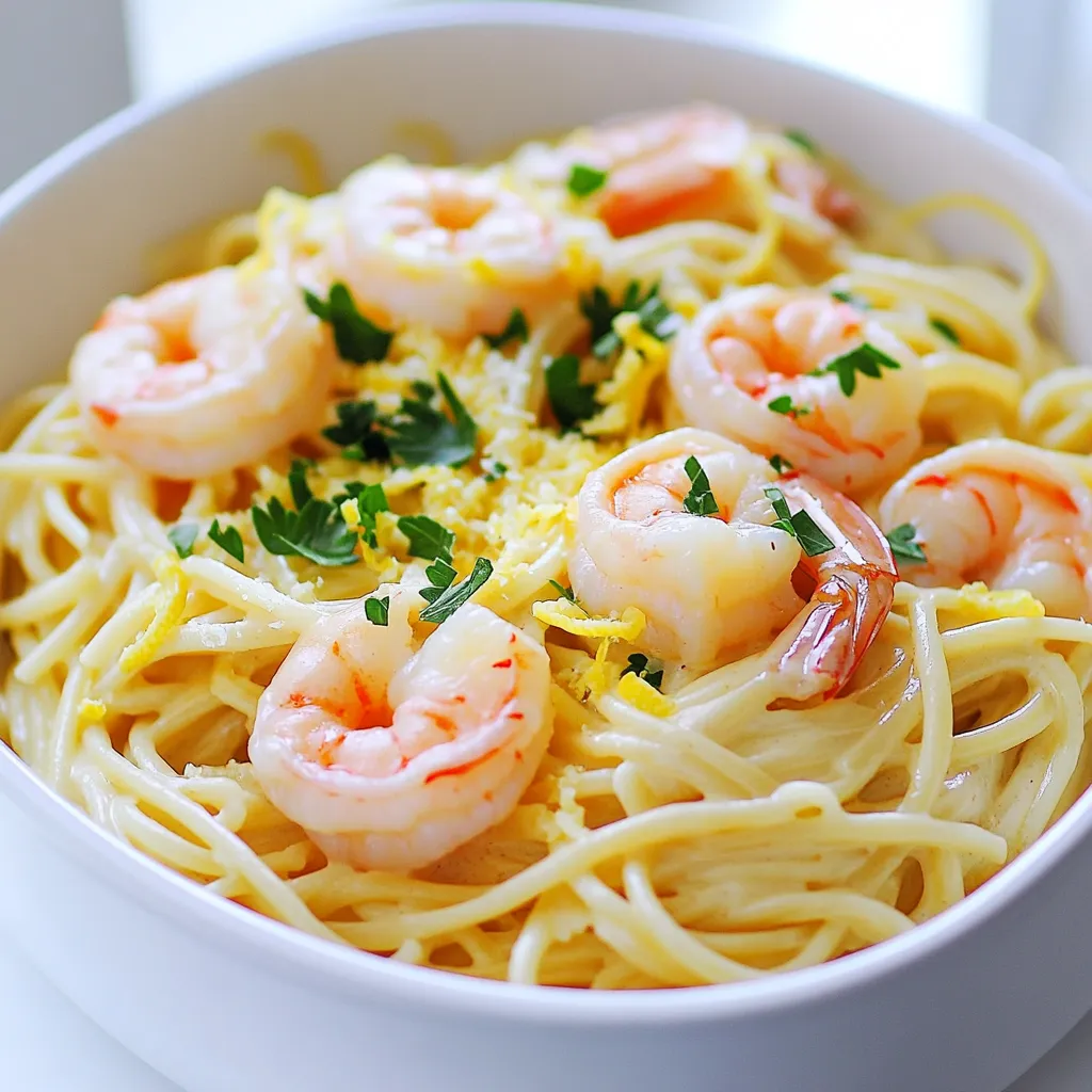 - 8 oz linguine or fettuccine - 1 lb large shrimp, peeled and deveined - 4 tablespoons unsalted butter - 4 cloves garlic, finely minced - 1 teaspoon red pepper flakes (optional for a kick) - 1 cup chicken or vegetable broth - 1 cup heavy cream - Zest and juice of 1 lemon - 1 cup freshly grated Parmesan cheese - Salt and freshly cracked black pepper, to taste - Fresh parsley, chopped, for garnish This dish is all about fresh and simple ingredients that create a burst of flavor. You start with linguine or fettuccine, which are perfect for soaking up the creamy sauce. Large shrimp adds a sweet and tender bite. Unsalted butter brings richness, while garlic gives that essential aromatic boost. If you like a bit of heat, sprinkle in red pepper flakes. The broth, whether chicken or vegetable, serves as the base for cooking the pasta. Heavy cream makes the sauce rich and smooth. Lemon zest and juice add brightness and a zesty pop. Freshly grated Parmesan cheese adds depth and umami. Finally, salt and black pepper enhance all the flavors. Don't forget the fresh parsley for a lovely finish. With these ingredients, you are set for a delightful meal that is both creamy and full of lemony goodness. Start by melting the unsalted butter in a large pot. Use medium heat until it starts to bubble. This creates a rich base for your dish. Next, add finely minced garlic to the pot. If you like a bit of heat, sprinkle in red pepper flakes. Sauté for 1-2 minutes. Stir often until the garlic is fragrant and turns a light golden color. Once the garlic is ready, stir in the peeled and deveined shrimp. Season with salt and pepper. Cook for about 3-4 minutes. The shrimp should turn pink and opaque. Remove them from the pot and set aside. In the same pot, pour in your choice of chicken or vegetable broth. Bring it to a gentle simmer. This will help to flavor the broth with the leftover garlic and shrimp goodness. Now it’s time to add the linguine or fettuccine. Make sure the pasta is fully submerged in the simmering broth. Cook according to the package instructions, usually about 8-10 minutes. Stir occasionally to stop it from sticking. When the pasta is al dente, lower the heat. Stir in the lemon zest, fresh lemon juice, heavy cream, and grated Parmesan cheese. Mix everything well until the sauce is creamy and luscious. Add the cooked shrimp back into the pot. Gently mix everything together. Allow it to heat for another minute. Taste and adjust the seasoning with more salt and pepper if you like. Serve the pasta right away in bowls. Garnish with freshly chopped parsley and extra grated Parmesan cheese if desired. Enjoy your creamy pasta with bright lemon flavor! To get the best shrimp, start with fresh, large shrimp. They should look shiny and feel firm. If you use frozen shrimp, thaw them in cold water before cooking. Cook the shrimp until they turn pink and opaque. This takes about 3-4 minutes. Overcooking makes shrimp tough. Remove them from the pot as soon as they are done. This keeps them juicy and tender. I love using linguine or fettuccine for this dish. Both types have a nice surface for the sauce to cling to. Make sure to cook the pasta until it is al dente. This means it should be firm to the bite. Stir the pasta often while it cooks. This helps prevent it from sticking together. The creaminess of the sauce can be changed to suit your taste. If you want it richer, add more heavy cream. For a lighter version, use less cream and add extra broth instead. You can also add more lemon juice for a zesty kick. Taste as you go to find the right balance for you. Spices can elevate this dish. I often use red pepper flakes for some heat. If you prefer a milder dish, skip them. You can also try adding fresh herbs like basil or dill. These add fresh flavor to the pasta. A sprinkle of paprika can add color and warmth. Experiment to find what you love best! {{image_4}} You can boost this dish with colorful veggies. Think about adding spinach or cherry tomatoes. They add both flavor and nutrition. Just toss them in when you add the shrimp. Cook them until they soften. Broccoli or asparagus also work well. They give a nice crunch and pair great with the creamy sauce. If you need a gluten-free version, use gluten-free pasta. Many brands make tasty options that hold up well. You can also swap the broth for a gluten-free type. Always check the label to ensure it fits your needs. This way, everyone can enjoy this dish without worry. Shrimp is delicious, but you can try other proteins too. Chicken breast is a great choice. Cook it in the same way as the shrimp. For a plant-based option, use chickpeas or tofu. Just ensure they are cooked through before mixing in with the pasta. Each protein brings its own flavor to this creamy dish. You can keep your One-Pot Creamy Lemon Garlic Shrimp Pasta in the fridge. Store it in an airtight container. It will stay fresh for up to three days. Make sure to let it cool down before sealing. This helps prevent soggy pasta. If you want to freeze your pasta, it’s best to do it without the shrimp. The shrimp can become rubbery when thawed. Cool the pasta and sauce completely. Then, place it in a freezer-safe container or bag. It can last for about one month in the freezer. When you’re ready to eat, thaw it in the fridge overnight. To reheat, you can use a stovetop or microwave. For stovetop, add a splash of water or broth to a pan. Heat gently over low heat, stirring often. For microwave, place the pasta in a bowl and cover it. Heat in 30-second bursts, stirring in between. Make sure it’s heated all the way through before serving. Enjoy your creamy pasta once again! Yes, you can use frozen shrimp. Just make sure to thaw them first. You can place them in cold water for about 15–20 minutes. This helps them cook evenly. Frozen shrimp may take a minute longer to cook than fresh shrimp. To make this dish lighter, you can use less cream. You can replace half of the heavy cream with low-fat milk. You can also add more broth to keep the sauce flavorful. Using less butter will cut down on fat as well. If you want to avoid heavy cream, you can use half-and-half or coconut milk. Both give a nice creaminess. Another option is to blend silken tofu and some broth for a dairy-free version. Shrimp are cooked when they turn pink and opaque. They should curl into a "C" shape. If they curl into an "O," they are overcooked. This usually takes about 3-4 minutes on medium heat. This blog post covered a simple and tasty recipe for shrimp pasta. You learned about key ingredients and each step to make it perfectly. I shared tips to enhance flavor and variations to suit your needs. Plus, I gave storage info to help keep leftovers fresh. In the kitchen, fun and creativity go hand in hand. Enjoy making this shrimp pasta your own. Experiment, share it with friends, and savor every bite. Happy cooking!