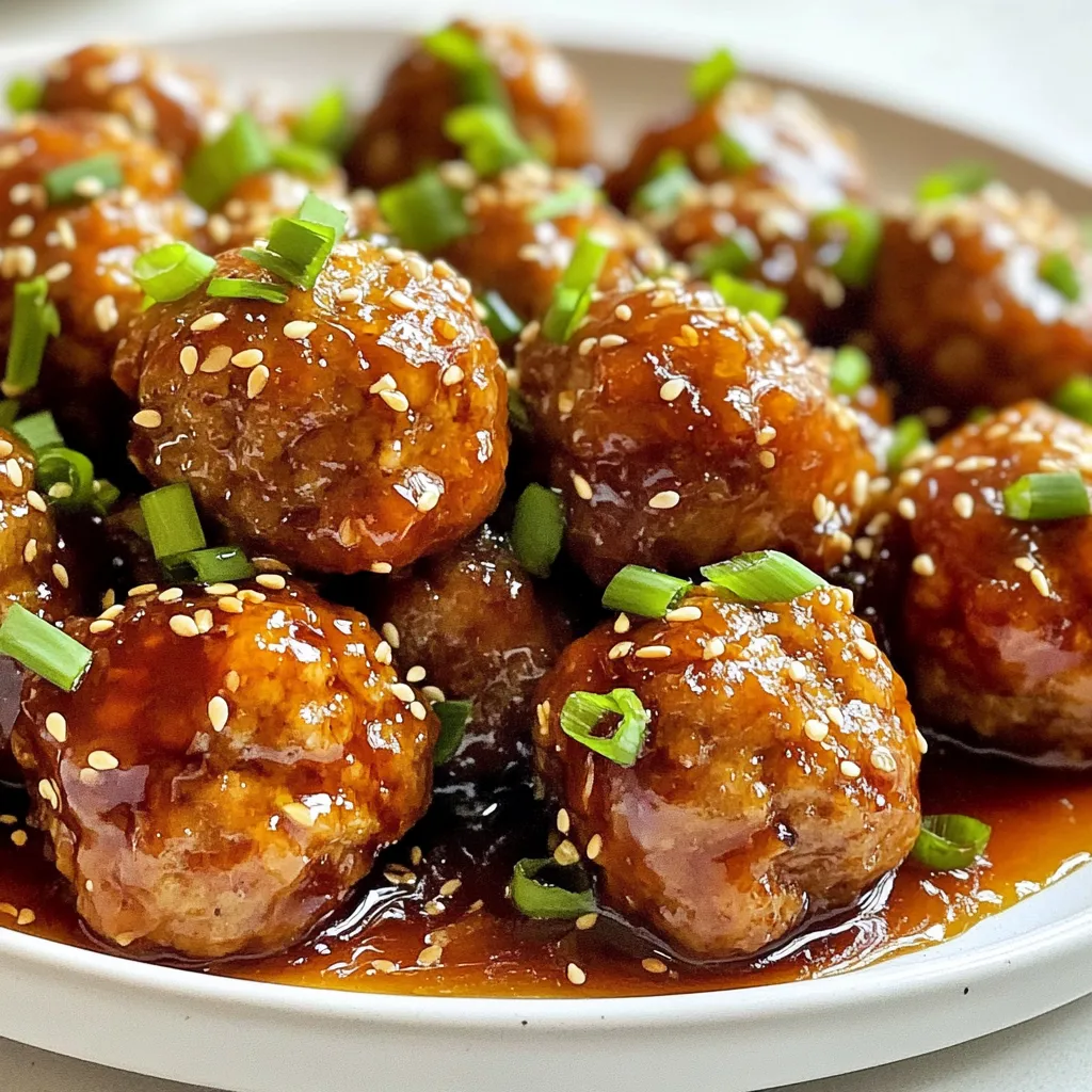 - 1 pound ground beef or turkey - 1/2 cup breadcrumbs - 1/4 cup finely chopped green onion (plus extra for garnish) - 1/4 cup fresh ginger, grated - 2 cloves garlic, minced - 1 large egg, beaten - 1/4 teaspoon freshly ground black pepper - 1/4 teaspoon salt - 1/4 cup soy sauce - 1/4 cup honey - 1 tablespoon rice vinegar - 1 tablespoon sesame oil - 2 tablespoons cornstarch mixed with 4 tablespoons water (for thickening) - Toasted sesame seeds for garnish - Green onions for garnish - Sesame oil for flavor - Cornstarch for thickening the glaze When I prepare sweet soy glazed meatballs, I focus on fresh and simple ingredients. The ground beef or turkey forms the base. I use breadcrumbs to bind the meat and give it texture. Ginger and garlic add a burst of flavor. Soy sauce and honey bring a sweet and salty kick that makes these meatballs shine. I also suggest adding green onions as a bright garnish. They not only look great but also add freshness to each bite. If you want a richer flavor, sesame oil works wonders. For a thicker sauce, cornstarch is your friend. It helps create that perfect glaze that clings to the meatballs. Gather these ingredients before you start. It makes the cooking process smooth and fun! {{ingredient_image_2}} Preheating your oven is key. It helps your meatballs cook evenly. Set the temperature to 400°F (200°C). This heat gives your meatballs a nice golden color. In a large bowl, mix the meat, breadcrumbs, green onion, ginger, garlic, egg, pepper, and salt. Use your hands or a spatula. Be gentle and avoid overmixing. This keeps your meatballs tender. Form the mixture into 1-inch meatballs. Use your hands for this. Place them on a baking sheet lined with parchment paper. The paper stops them from sticking. Bake for about 20 minutes. Look for a golden brown color and ensure they are fully cooked. As the meatballs bake, make the glaze. In a medium saucepan, combine soy sauce, honey, rice vinegar, and sesame oil. Stir it gently and bring it to a simmer. To thicken, add the cornstarch mixture slowly. Whisk while stirring for about 2-3 minutes. You want a nice, thick glaze. Once the meatballs are done, move them to a large bowl. Pour the thickened glaze over them. Toss gently to coat each meatball evenly. This glaze adds a sweet and savory flavor. For a beautiful presentation, arrange the meatballs on a serving platter or individual plates. Garnish with toasted sesame seeds and chopped green onion. This adds color and flavor, making your dish look great. To make great meatballs, focus on texture. Use a mix of ground beef or turkey. This blend gives a juicy bite. Add breadcrumbs to help hold the meatballs together. The egg also helps bind the mixture. When cooking, you can bake or fry the meatballs. Baking is easier and healthier. Set your oven to 400°F (200°C) for even cooking. Frying gives a crispier outside. Use a hot pan with oil, but watch closely. To boost flavor, try adding spices or herbs. A pinch of red pepper can add heat. Fresh herbs like parsley brighten the taste. If you need a soy sauce alternative, use tamari or coconut aminos. Both give a similar salty flavor. These options work well for gluten-free diets. Garnishing makes a dish pop. Use toasted sesame seeds for crunch. Green onions add color and freshness. For side dishes, serve with rice or steamed veggies. This pairs well with the sweet sauce. You can present meatballs on a large platter. This makes sharing easy and fun. Pro Tips Use Fresh Ingredients: Fresh ginger and garlic will elevate the flavor of your meatballs significantly. Opt for finely grated ginger and minced garlic for the best results. Don't Overmix: When combining the meatball mixture, be careful not to overmix. This will help keep your meatballs tender and prevent them from becoming tough. Experiment with Proteins: While ground beef and turkey are delicious, you can also use ground chicken or even plant-based meat alternatives for a different flavor profile. Adjust the Sweetness: If you prefer a less sweet glaze, feel free to reduce the amount of honey or substitute it with a sugar-free alternative to suit your taste. {{image_4}} You can switch up the glaze for sweet soy glazed meatballs. Try using BBQ sauce. It adds a nice smoky flavor. Just brush it on before baking. If you want some heat, try a spicy chili glaze. Mix chili paste with soy sauce and honey. This adds a kick that wakes up your taste buds. You can make sweet soy glazed meatballs gluten-free. Use gluten-free breadcrumbs instead of regular ones. You can also swap soy sauce for coconut aminos. This keeps the flavor while making it safe for gluten-free diets. For those watching carbs, use low-carb breadcrumbs made from almond flour. This keeps the meatballs tasty while lowering the carbs. If you're looking for plant-based options, try using lentils or chickpeas. Mash them up and mix with spices to form meatballs. This gives a great flavor and texture. You can also customize the type of meat you use. Ground chicken or pork works well too. Each meat will bring a unique taste to the dish. To store leftovers, place your sweet soy glazed meatballs in an airtight container. This helps keep them fresh. You can store them in the fridge for up to three days. Make sure to let them cool before sealing to avoid moisture buildup. If you want to save meatballs for later, freezing is a great option. Place them in a single layer on a baking sheet first. Freeze until firm, then transfer them to a freezer bag. They can last up to three months in the freezer. To thaw, place them overnight in the fridge or use the microwave on the defrost setting. For reheating, the oven is best. Preheat it to 350°F (175°C) and bake for about 10 minutes. This keeps the meatballs warm and tasty. If you use a microwave, heat them in short bursts of 30 seconds. Check often to avoid overcooking. Enjoy your delicious meatballs any time! To check if meatballs are done, use a meat thermometer. The internal temperature should reach 165°F (74°C). This ensures they are safe to eat and perfectly cooked. You can also look for visual cues. The meatballs should be firm to the touch and browned on the outside. If the juices run clear when you cut one open, they are ready to serve. Yes, you can make sweet soy glazed meatballs ahead of time. Prepare the meatballs and bake them. Let them cool completely before storing. For the best storage, place them in an airtight container. They can last in the fridge for up to three days. You can also freeze them. Just make sure to wrap them well. They can last in the freezer for up to three months. You have many great options to serve with sweet soy glazed meatballs. Rice or noodles make a perfect base. The meatballs will complement these well. You can also add a simple green salad. The freshness of the salad balances the sweet glaze. Some steamed vegetables like broccoli or snap peas work great, too. These add color and nutrition to your meal. You can create tasty sweet soy glazed meatballs using simple steps. We covered key ingredients, like fresh ginger and soy sauce, and shared tips for making perfect meatballs. It's important to preheat your oven, mix the meat well, and glaze evenly. Try different sauces and keep portion sizes in mind for a great meal. Remember, these meatballs are versatile and can cater to various diets. With smart storage and reheating, they can make meals easy. Enjoy experimenting with your recipes and have fun in the kitchen!