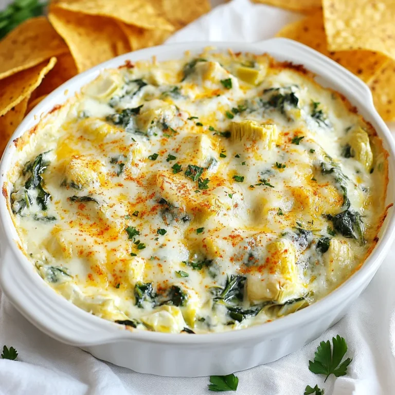 To make a tasty cheesy spinach artichoke dip, you need: - 1 cup frozen spinach, thawed and squeezed dry - 1 cup canned artichoke hearts, drained and chopped - 1 cup cream cheese, softened - 1/2 cup sour cream - 1/2 cup mayonnaise - 1 cup shredded mozzarella cheese - 1/2 cup grated Parmesan cheese - 2 cloves garlic, minced - 1 teaspoon fresh lemon juice - 1/2 teaspoon salt - 1/4 teaspoon black pepper - 1/4 teaspoon crushed red pepper flakes (optional) These ingredients create a smooth and creamy texture, bursting with flavor. If you want a little heat, add crushed red pepper flakes. Start with 1/4 teaspoon, and adjust to your taste. You can also try adding jalapeños for more spice. This will elevate the dip and surprise your guests. Serve this dip warm with: - Crispy tortilla chips - Toasted crusty bread - Fresh vegetable sticks like carrots and celery These choices add crunch and contrast to the creamy dip. Enjoy your dip with friends at gatherings or cozy nights in! {{ingredient_image_2}} First, set your oven to 375°F (190°C). This makes sure it is hot when you bake the dip. While the oven heats, grab a large mixing bowl. This bowl will hold all your tasty ingredients. In your mixing bowl, add 1 cup of softened cream cheese, 1/2 cup of sour cream, and 1/2 cup of mayonnaise. Use a handheld mixer or a spatula to mix these together. Blend until the mix is smooth and creamy. Make sure there are no lumps left. Next, take 1 cup of thawed and drained spinach and 1 cup of chopped artichoke hearts. Gently fold these into your creamy base. Use a spatula to mix them in evenly. This step is key for flavor balance. Now, add 1 cup of shredded mozzarella cheese and 1/2 cup of grated Parmesan cheese. Mix these together until they are fully combined. Then, stir in 2 cloves of minced garlic, 1 teaspoon of lemon juice, 1/2 teaspoon of salt, and 1/4 teaspoon of black pepper. If you like spice, sprinkle in 1/4 teaspoon of crushed red pepper flakes. Fold everything together until it is well blended. Transfer your cheesy spinach and artichoke mix into a medium-sized baking dish. Spread it out so it is even. Place the dish in your preheated oven. Bake for about 20-25 minutes. You’ll know it’s done when it bubbles and the top is golden brown. Once baked, take it out and let it cool for about 5 minutes. This helps avoid burns when you serve it. To thaw frozen spinach, you can use a few simple methods. The best way is to place it in the fridge overnight. This keeps it safe and ready for use. If you're short on time, you can also microwave it. Just place the spinach in a bowl, cover it, and heat for a minute. After thawing, squeeze out as much moisture as you can. Too much water can make your dip runny and less tasty. To get that smooth and creamy dip, blend your base well. Start with softened cream cheese. Use a mixer or spatula to ensure there are no lumps. Then, mix in the sour cream and mayonnaise. Blend these until they are fully combined. When adding spinach and artichokes, fold them in gently. This helps keep the texture light and fluffy. Garnishing your dip can make it look even more appealing. Try a sprinkle of paprika for a pop of color. Fresh parsley also adds a nice touch. Serve your dip warm with crispy tortilla chips or toasted bread. You can also use fresh vegetable sticks for a healthy option. These pair well with the creamy dip and make it even more enjoyable! Pro Tips Use Fresh Ingredients: Whenever possible, opt for fresh spinach and artichokes instead of frozen or canned for a brighter flavor and better texture. Mix Cheeses: Experiment with different cheese combinations such as adding cream cheese or a blend of cheddar for a unique twist on the classic dip. Adjust Spice Level: Customize the heat of your dip by adjusting the amount of crushed red pepper flakes based on your preference for spice. Serve with Variety: Provide a range of dippers such as pita chips, vegetable sticks, or sliced baguette to make your dip more appealing and versatile. {{image_4}} You can easily adapt this cheesy spinach artichoke dip for different diets. For a lighter version, swap cream cheese with Greek yogurt. This change cuts calories while keeping the dip creamy. If you’re lactose-free, use dairy-free cream cheese and cheese. These options still taste great while being gentle on your stomach. To boost flavor, try adding sun-dried tomatoes or chopped olives. These ingredients add a nice twist and rich flavor. You could also mix in some cooked bacon bits for a smoky touch. A sprinkle of smoked paprika gives the dip a unique depth. Experiment with herbs like dill or basil for freshness. Each addition can make your dip stand out. For a loaded dip, consider adding cooked chicken or crab meat. This makes the dip heartier and perfect for a meal. You can also layer some extra cheese on top before baking. This will create a delicious, cheesy crust. Serve it with a mix of chips and veggie sticks for a fun twist. Enjoy this dip at parties or cozy nights in! Store leftover cheesy spinach artichoke dip in an airtight container. Make sure it cools down first. Place it in the fridge if you plan to eat it within a few days. Use it within three to four days for the best taste. To reheat the dip, you can use an oven or microwave. If using the oven, preheat it to 350°F (175°C). Transfer the dip to a baking dish. Heat for about 15-20 minutes, or until warm. Stir it halfway to get even heat. If using a microwave, heat in short bursts of 30 seconds. Stir between bursts to avoid hot spots. You can freeze the dip for longer storage. First, place it in a freezer-safe container. Make sure to leave some space at the top for expansion. Seal the container tightly. It can last up to three months in the freezer. When ready to eat, thaw it overnight in the fridge before reheating. Yes, you can prepare the dip ahead of time. Mix all the ingredients and place them in a baking dish. Cover it tightly with plastic wrap or foil. Store it in the fridge for up to 24 hours. When you’re ready to bake, just take it out and let it sit for a few minutes. Then, bake as directed. This saves time and makes party prep easier! You have many tasty options for dippers. Here are some of my favorites: - Crispy tortilla chips - Toasted crusty bread slices - Fresh vegetable sticks (like carrots, celery, and bell peppers) - Pita chips - Crackers Each one adds a fun twist to the creamy dip. Try a few and see what you love best! Yes, fresh spinach works great. You will need about 3 cups of fresh spinach. Cook it in a pan until wilted, then squeeze out the extra moisture. This step is key to keep your dip creamy and not watery. Fresh spinach adds a vibrant color and taste that many people enjoy! Cheesy spinach artichoke dip is a delicious dish with many ways to enjoy it. We covered the key ingredients, easy steps to make it, and tips for the best taste. You learned how to store and reheat leftovers too. With some simple changes, you can make it your own. Remember, whether spicy or creamy, this dip is a crowd-pleaser. Now, you can impress friends and family with your new skills!