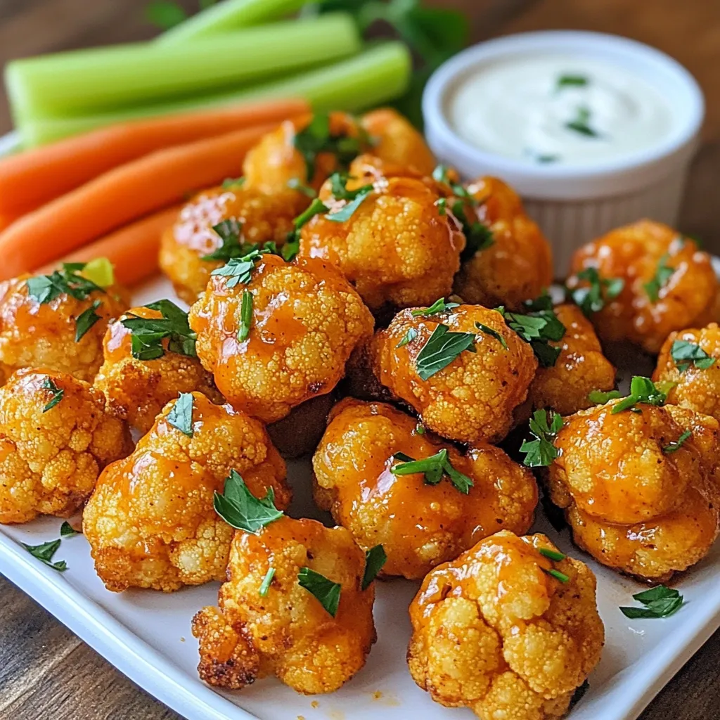 To make Spicy Buffalo Cauliflower Bites, you need a few main ingredients: - 1 medium head of cauliflower, cut into bite-sized florets - 1 cup all-purpose flour - 1 cup buttermilk (or a vegan alternative: plant-based milk + 1 tablespoon vinegar) - 1 cup buffalo sauce (store-bought or homemade for extra flavor) - 2 tablespoons olive oil These ingredients create a tasty and crunchy snack. The cauliflower gives a nice texture, while the buffalo sauce adds the heat. The flavor comes from various spices and seasonings that you should include: - 1 teaspoon garlic powder - 1 teaspoon onion powder - 1 teaspoon smoked paprika - 1/2 teaspoon cayenne pepper (adjust according to your heat preference) - Salt and pepper to taste These spices bring depth to the bites. Garlic powder adds savory notes, while smoked paprika gives a hint of sweetness. If you want a vegan version of these bites, here are simple swaps: - Use plant-based milk mixed with vinegar instead of buttermilk. - Ensure your buffalo sauce is vegan-friendly. These changes keep the recipe plant-based while still giving you that spicy kick. You won’t miss the dairy! {{ingredient_image_2}} First, preheat your oven to 450°F (230°C). This step is key to getting crispy bites. While the oven heats up, line a baking sheet with parchment paper. This will stop the cauliflower from sticking. In a big bowl, mix together the flour, garlic powder, onion powder, smoked paprika, cayenne pepper, and a pinch of salt and pepper. Use a whisk to blend them well. Next, slowly pour in the buttermilk. Whisk until the batter is smooth. It should be thick but pourable. If it’s too thick, add a bit more buttermilk. Dip each cauliflower floret into the batter. Make sure to cover it fully. Place the battered florets on the baking sheet, leaving space between them. Bake them in the oven for 20-25 minutes. Flip them halfway through for even cooking. While the cauliflower bakes, warm the buffalo sauce and olive oil in a small pan over low heat. Stir until it’s warm, then take it off the heat. Once the cauliflower is golden and crispy, drizzle the buffalo sauce over it. Toss gently to coat. Put the coated cauliflower back in the oven for another 10 minutes. This helps the sauce stick and adds a nice texture. After that, let them cool for a few minutes before serving. Enjoy your tasty bites! To get the best crunch, choose fresh cauliflower. Cut it into even, bite-sized pieces. This helps them cook evenly. When making the batter, whisk flour, garlic powder, onion powder, smoked paprika, and cayenne pepper well. Make sure the batter is thick but pourable. Dip each floret fully in the batter, covering all sides. Bake at 450°F for 20-25 minutes. Flip them halfway through for a crispy outside. Spice lovers can add more cayenne pepper to the batter. For a milder bite, reduce the cayenne. If you want to tone it down, try using less buffalo sauce when tossing the cauliflower. You can always serve extra sauce on the side for those who want more heat. This way, everyone can enjoy their perfect spice level. Serve your spicy buffalo cauliflower bites on a nice platter. A sprinkle of chopped parsley adds color and freshness. For dipping, offer ranch or blue cheese dressing. You can also add crunchy carrot and celery sticks for a colorful touch. This makes the dish fun and appealing, perfect for any gathering or snack time! Pro Tips Adjust the Heat: If you prefer a milder version, reduce the cayenne pepper or use a milder buffalo sauce. You can also mix in some honey or maple syrup for a sweet-spicy balance. Perfecting Crispiness: For extra crispiness, consider air-frying the cauliflower bites instead of baking. This method uses less oil and can achieve a delightful crunch. Batch Cooking: These cauliflower bites can be made ahead of time and stored in the refrigerator. Reheat in the oven to maintain their crispiness before serving. Serving Suggestions: Serve with a variety of dipping sauces like ranch, blue cheese, or even a spicy sriracha mayo for a fun flavor twist that complements the buffalo sauce. {{image_4}} You can use store-bought buffalo sauce for a quick option. It gives great flavor. If you want to try something special, make your own sauce. Mix hot sauce with melted butter. Add some garlic powder for extra taste. This way, you can control the heat. Homemade sauces can be richer and more fun. Instead of traditional flour, you can use breadcrumbs. They add a nice crunch. You can also try almond flour for a gluten-free option. Just remember to adjust the amount of liquid in your batter. For a twist, coat the florets in crushed cornflakes. This creates an extra crispy bite! Get creative with spices! Add some cumin for a warm flavor. You can also mix in a little chili powder for more heat. Try adding fresh herbs like thyme or rosemary to the batter. These little changes can make a big difference. Think about what you love and experiment. Your spicy buffalo cauliflower bites can shine in many ways! After enjoying your spicy buffalo cauliflower bites, let them cool. Place them in an airtight container. Store them in the fridge for up to three days. This way, they stay fresh and tasty. I often separate layers with parchment paper. This helps keep them from getting soggy. To reheat, use your oven for the best crunch. Preheat your oven to 350°F (175°C). Spread the cauliflower bites on a baking sheet. Heat for about 10-15 minutes. This helps restore their crispy texture. You can also use an air fryer. Set it to 350°F (175°C) for about 5-7 minutes. If you want to save them for later, freezing is a great option. First, let the bites cool completely. Arrange them on a baking sheet in a single layer. Freeze for about one hour. This keeps them from sticking together. Once frozen, transfer them to a freezer-safe bag. They can last up to three months in the freezer. When you’re ready to eat, bake them from frozen. Adjust the baking time to about 20-25 minutes. Enjoy your delicious snack anytime! Yes, you can make these bites gluten-free. Use gluten-free flour instead of all-purpose flour. Many brands offer great options that work well in this recipe. Just check the labels to ensure they suit your needs. Serve these bites warm on a nice platter. Garnish with fresh parsley for color. Pair them with creamy ranch or blue cheese dressing for dipping. Adding crunchy carrot and celery sticks makes a colorful side too. Your guests will love the mix of flavors and textures. To lower the heat, use less cayenne pepper. You can also choose a milder buffalo sauce. If you want a creamy twist, mix in some yogurt or sour cream. This will cool the spice and still keep it tasty. This blog post covered the key ingredients, preparation steps, and helpful tips for Spicy Buffalo Cauliflower Bites. I shared ways to adjust the spice and offered storage tips for leftovers. Remember, you can make this dish your own with different sauces and flavors. Experimenting can lead to new favorites. Now, it's time to enjoy these tasty bites, whether as a snack or a main dish. Happy cooking and savor every bite!
