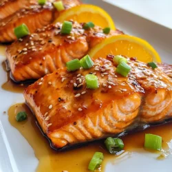 - 4 salmon fillets (about 6 ounces each) - 1/2 cup freshly squeezed orange juice (about 2-3 oranges) - 1/4 cup low-sodium soy sauce - 2 tablespoons honey or maple syrup - 1 tablespoon rice vinegar (or apple cider vinegar) - 1 tablespoon freshly grated ginger - 2 cloves garlic, minced (about 1 teaspoon) - 1 teaspoon cornstarch mixed with 2 tablespoons water (optional, for thickening) - 1 tablespoon sesame oil - 2 green onions, finely sliced (for garnish) - 1 tablespoon toasted sesame seeds (for garnish) You can swap ingredients based on your taste or what's on hand. Here are some ideas: - Salmon: Use trout or tilapia for different flavors. - Orange Juice: Lemon or lime juice gives a nice zest. - Soy Sauce: Coconut aminos is a great gluten-free option. - Honey: Agave syrup or brown sugar works well too. - Rice Vinegar: White vinegar or lemon juice can replace it. - Ginger: Dried ginger can substitute fresh if needed. - Cornstarch: Use arrowroot powder for a similar thickening effect. Each serving of Orange Teriyaki Salmon offers a healthy balance of nutrients: - Calories: Approximately 350 - Protein: 35g - Fat: 15g - Carbohydrates: 20g - Fiber: 0g - Sugar: 10g This dish is rich in protein and healthy fats, making it a great choice for a balanced meal. Enjoy the burst of flavors while knowing you're fueling your body right! {{ingredient_image_2}} Start by making the marinade. In a bowl, mix together: - 1/2 cup freshly squeezed orange juice - 1/4 cup low-sodium soy sauce - 2 tablespoons honey or maple syrup - 1 tablespoon rice vinegar - 1 tablespoon freshly grated ginger - 2 cloves garlic, minced Whisk until the honey dissolves and all ingredients blend together. This mix brings sweet and tangy notes that pair well with salmon. Next, you will marinate the salmon. Place the 4 salmon fillets in a shallow dish or a resealable bag. Pour the marinade over the salmon. Make sure each fillet gets coated well. Seal the dish or bag and put it in the fridge. Let it marinate for at least 30 minutes. This step lets the flavors soak into the fish. You can cook your salmon in two ways: grilling or baking. - Grilling: Preheat your grill to medium-high. Brush the grates with sesame oil to prevent sticking. Place the salmon skin-side down on the grill. Cook for about 4-5 minutes on each side. Flip it carefully to avoid breaking the fillets. Baste with the reserved marinade for extra flavor. - Baking: Preheat your oven to 375&deg;F (190&deg;C). Line a baking dish with parchment paper. Place the salmon skin-side down in the dish. Bake for 15-20 minutes. Baste halfway through with the reserved marinade. The salmon is ready when it flakes easily with a fork. If you want a thicker sauce, use the leftover marinade. Pour it into a small saucepan. Heat over medium heat until it simmers. Then, stir in a cornstarch slurry made with 1 teaspoon cornstarch mixed with 2 tablespoons water. Whisk until the sauce thickens, about 2-3 minutes. Remove it from heat. Serve the cooked salmon on plates and drizzle the thickened sauce over it. Garnish with toasted sesame seeds and sliced green onions for a fresh touch. Enjoy! Marinating salmon helps it soak up flavors. Use a shallow dish or a bag. Pour the marinade over the fish. Make sure each piece gets coated well. Refrigerate for at least 30 minutes. This lets the orange juice and soy sauce work their magic. To grill salmon, preheat your grill to medium-high heat. Use sesame oil on the grates to avoid sticking. Place salmon skin-side down. Cook for about 4-5 minutes per side. Be gentle when flipping to keep the fillets intact. Baste with reserved marinade for extra taste. If you want a thicker sauce, start with the reserved marinade. Heat it in a saucepan over medium heat. Stir it until it simmers. Mix cornstarch with water and add it to the sauce. Keep whisking until it thickens, about 2-3 minutes. This gives you a rich sauce for drizzling. Pro Tips Marination Time: For the best flavor, marinate the salmon for at least 1 hour, or up to 4 hours if possible. This allows the fish to absorb the citrusy teriyaki flavors more deeply. Fresh Ingredients: Use fresh ginger and garlic for a more vibrant flavor. Pre-minced or jarred versions can lose some of their potency and freshness. Skin-On Cooking: Keeping the skin on the salmon while cooking helps retain moisture and flavor. It also acts as a barrier, preventing the fish from drying out. Cooking Temperature: The perfect internal temperature for salmon is 145&deg;F (63&deg;C). Use a meat thermometer to check for doneness, ensuring your fish is perfectly cooked and safe to eat. {{image_4}} You can easily switch up the glaze for your Orange Teriyaki Salmon. Here are some tasty ideas: - Miso Glaze: Mix miso paste, honey, and rice vinegar for a rich flavor. - Spicy Sriracha: Add Sriracha to the marinade for a kick. - Honey Mustard: Combine honey, Dijon mustard, and soy sauce for a sweet-tangy twist. These alternatives keep the dish exciting. You can tailor the flavors to your taste. Pairing veggies with your salmon adds color and nutrients. Here are some great choices: - Broccoli: Steamed or roasted, it adds crunch and health. - Snap Peas: Their sweetness complements the salmon well. - Bell Peppers: Use various colors for a vibrant touch. - Carrots: Saut&eacute;ed or roasted, they add a nice sweetness. These veggies work well with the glaze, making your meal more balanced and tasty. To create a full meal, consider these side dishes: - Steamed Rice: A classic choice that absorbs the sauce well. - Quinoa: A healthy grain that offers a nutty flavor. - Coconut Rice: Adds sweetness and tropical vibes to your plate. - Mixed Green Salad: A fresh salad balances the rich salmon. These options enhance your dining experience, making it special and satisfying. To store leftover salmon, let it cool first. Then, place it in an airtight container. Make sure to cover it well to keep it fresh. Store the container in the fridge. It can last for about 2-3 days. If you see any signs of spoilage, throw it away. When you're ready to eat the leftover salmon, don't rush. Preheat your oven to 350&deg;F (175&deg;C). Place the salmon on a baking sheet. Cover it with foil to prevent it from drying out. Heat it for about 10-15 minutes. You can also use a microwave. Put it on a microwave-safe plate and cover it. Heat in 30-second intervals until warm. If you want to freeze the salmon, wrap each fillet tightly in plastic wrap. Then, place the wrapped salmon in a freezer bag. Remove as much air as you can to prevent freezer burn. You can freeze it for up to 2-3 months. When ready to eat, thaw it in the fridge overnight before reheating. This keeps the texture nice and tasty. To check if salmon is cooked, look for a few signs. The fish should be opaque and flake easily with a fork. If the flesh is still shiny or translucent, it needs more time. Cooking salmon until it reaches an internal temperature of 145&deg;F (63&deg;C) ensures it is safe to eat. I often use a meat thermometer for accuracy. Remember, overcooking can dry it out, so keep a close eye. Yes, you can use frozen salmon! Just make sure to thaw it first. Place the frozen fillets in the fridge overnight or in a sealed bag under cold water for quicker thawing. Once thawed, follow the marinating and cooking steps as usual. Using frozen salmon can be just as delicious, so don't worry if it's your only option! If you want to substitute soy sauce, there are several options. You can use coconut aminos for a soy-free choice. Tamari is a great gluten-free alternative. If you prefer a lighter flavor, try using a mix of broth and a bit of salt. Each option will give your orange teriyaki salmon a unique twist while keeping it tasty! This blog post covered everything about making delicious orange teriyaki salmon. You learned about the key ingredients, cooking methods, and tips for perfect results. We explored variations, storage tips, and common questions you might have. Incorporating these ideas will make your salmon meals tasty and fun. Enjoy the process and get creative with your cooking! Remember, practice makes perfect, so dive into the kitchen!