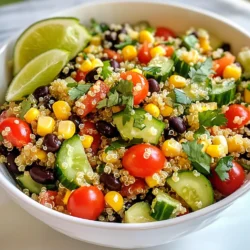 - 1 cup quinoa, thoroughly rinsed - 2 cups water or vegetable broth - 1 cup cherry tomatoes, halved - 1 cup cucumber, diced - 1 can black beans, rinsed and drained - 1/2 cup red bell pepper, diced - 1/4 cup red onion, chopped - 1/2 cup corn - 1/4 cup fresh cilantro, chopped - Juice of 2 limes - 3 tablespoons extra virgin olive oil - 1 teaspoon ground cumin - Salt and black pepper to taste - Additional herbs (e.g., parsley, mint) - Sliced avocado for creaminess - Diced jalape&ntilde;o for spice Cilantro lime quinoa salad is bright and fresh. I love how the flavors come together. This dish uses simple and healthy ingredients. Each one adds a unique taste and texture. Let&rsquo;s look at the main ingredients first. Quinoa is the star here. It is a great source of protein and fiber. Rinsing the quinoa helps remove its bitter coating. This step is key to making it taste great. Next, we add water or vegetable broth. Using broth gives the quinoa a deeper flavor. The cherry tomatoes bring a sweet burst. Their vibrant color adds a nice touch. Cucumbers add a crunchy texture. They also keep the salad light. Black beans give it a boost of protein. They make the salad filling, too. The red bell pepper adds a hint of sweetness. Chopped red onion gives a sharp bite. The corn adds sweetness and pops of color. Fresh cilantro ties all the flavors together. For the dressing, we use lime juice and olive oil. Lime juice adds brightness, while olive oil gives richness. Ground cumin adds warmth and depth. A pinch of salt and black pepper rounds everything out. You can customize the salad with optional ingredients. Fresh herbs like parsley or mint can add new flavors. For creaminess, avocado is a perfect choice. If you like spice, diced jalape&ntilde;o can kick it up a notch. Gather these ingredients before you start. They will make your salad a fresh and tasty delight! {{ingredient_image_2}} 1. In a medium pot, combine 1 cup quinoa and 2 cups water or vegetable broth. This gives flavor. 2. Bring this mix to a boil over medium-high heat. Watch it closely. 3. Once it boils, lower the heat to a gentle simmer. Cover the pot and cook for 15 minutes. The quinoa will absorb the liquid. 4. Remove the pot from heat and let it rest for a few minutes. This helps it finish cooking. 5. Use a fork to fluff the quinoa. Set it aside to cool. 1. Chop 1 cup cherry tomatoes into halves. 2. Dice 1 cup cucumber into small cubes. 3. Rinse and drain 1 can black beans and 1/2 cup corn. 4. Finely dice 1/2 cup red bell pepper and 1/4 cup red onion. 5. Coarsely chop 1/4 cup fresh cilantro. 1. In a large bowl, combine the cooled quinoa with the chopped vegetables, beans, corn, and cilantro. 2. In a smaller bowl, whisk together the juice of 2 fresh limes, 3 tablespoons olive oil, 1 teaspoon ground cumin, and salt and pepper. 3. Drizzle this dressing over the salad. Toss gently to coat all the ingredients. 4. Taste the salad and adjust the seasoning if needed. 5. For the best flavor, let the salad rest for at least 10 minutes before serving. This helps the flavors blend. Rinsing quinoa is a must. This step removes bitter saponins. If you skip this, your salad may taste off. Rinse it under cold water for a few minutes. You can toast quinoa for extra flavor. Heat a pan over medium heat. Add the rinsed quinoa and stir often. Toast for about five minutes until it&rsquo;s fragrant. This adds a nutty taste that makes your salad stand out. Choose a shallow bowl for serving. This lets the colors show off. You can layer the salad for a beautiful look. Garnish with lime wedges and sprigs of cilantro. This adds freshness and a pop of color. It makes the dish more inviting. Letting the salad marinate boosts the flavor. Cover the salad and chill it for at least 10 minutes. The longer it sits, the better it tastes. Feel free to add spices. A pinch of chili powder or garlic powder works well. You can also try different dressings for more variety. Pro Tips Rinse Your Quinoa: Thoroughly rinsing quinoa before cooking removes its natural coating, called saponin, which can make it taste bitter or soapy. Chill for Flavor: Allowing the salad to rest in the refrigerator for at least 30 minutes enhances the flavors as the ingredients have time to meld together. Customize Your Veggies: Feel free to swap in your favorite vegetables or whatever is in season to make this salad your own. Use Fresh Lime Juice: Using freshly squeezed lime juice instead of bottled will give your dressing a brighter, more vibrant flavor. {{image_4}} You can easily add protein to your cilantro lime quinoa salad. Grilled chicken is a great option. It adds a nice smoky flavor that pairs well with the fresh salad. Shrimp is another excellent choice. It cooks quickly and adds a touch of sweetness. For those who prefer a plant-based option, tofu works perfectly. It soaks up all the flavors and gives you a good protein boost. If you want to switch things up, consider using farro or bulgur instead of quinoa. Both grains have a chewy texture and are very nutritious. Farro has a nutty taste that enhances the salad. Bulgur cooks faster and adds a lightness to the dish. You can create a quinoa salad with a different base, making it versatile for any meal. You can also change the flavor profile of your salad. For a southwest twist, add chipotle seasoning. It brings a nice warmth and depth to the dish. If you prefer a Mediterranean vibe, toss in some feta cheese. The creamy, salty cheese complements the fresh veggies beautifully. Experimenting with flavors keeps the salad exciting and fresh! To keep your cilantro lime quinoa salad fresh, place it in a sealed container. Glass or plastic containers work well. Make sure the lid is tight to prevent air from getting in. Store the salad in the fridge. It will last about three to five days. If you notice any odd smells or changes in color, it&rsquo;s best to throw it away. You can freeze your quinoa salad, but some parts work better than others. The quinoa freezes well, but fresh veggies may not taste good after freezing. If you want to freeze it, remove fresh ingredients like tomatoes, cucumber, and cilantro first. You can add them back later when you're ready to eat. To thaw, place the salad in the fridge overnight. This keeps it safe and helps maintain its taste. Each ingredient in your salad has a different shelf life: - Quinoa: Cooked quinoa lasts about 4-5 days. - Cherry tomatoes: Best used within 2-3 days after cutting. - Cucumber: Use within 2-3 days for the best crunch. - Black beans: Last up to 4-5 days if rinsed well. - Red bell pepper: Stays fresh for 3-4 days after chopping. - Red onion: Good for about 3-4 days after cutting. - Corn: Fresh corn lasts 3-5 days; canned corn lasts longer. - Cilantro: Best used within 1-2 days of chopping. Watch for signs of spoilage such as bad smells, slimy textures, or discoloration. If you see these, it&rsquo;s time to discard the ingredient. Cilantro lime quinoa salad stays fresh for about 3 to 5 days in the fridge. Store it in an airtight container. This helps keep the flavors vibrant and the ingredients crisp. After a few days, the salad may lose its crunch, but it will still taste good. Yes, you can make this salad ahead of time. Prepare the quinoa and chop the veggies a day in advance. Mix everything together just before serving to keep the ingredients fresh. You can also store the dressing separately. This way, the salad won't get soggy. Quinoa is a superfood packed with nutrients. It is high in protein and contains all nine essential amino acids. Quinoa is also rich in fiber, which helps digestion. It is gluten-free and has a low glycemic index, making it great for blood sugar control. Eating quinoa can support heart health and provide long-lasting energy. You can use dried herbs, but fresh herbs give the best flavor. Dried herbs are stronger, so use less. A good rule is to use one-third of the amount of dried herbs compared to fresh. If you only have dried, add them to the dressing before mixing it in. This allows their flavors to bloom. Cilantro lime quinoa salad is a tasty, healthy choice. It combines fresh veggies and quinoa. You can customize it with proteins or extra herbs for more flavor. Proper storage keeps leftovers fresh and tasty. With easy steps, anyone can make this delicious dish at home. I hope you enjoy creating your version!
