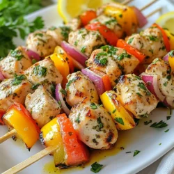 - 2 lbs chicken breast, cut into 1-inch cubes - 1/4 cup fresh lemon juice (about 2 medium lemons) - 1/4 cup extra virgin olive oil - 3 cloves garlic, finely minced - 1 tablespoon honey - 1 bell pepper (red, yellow, or green), cut into 1-inch squares - 1 medium red onion, cut into 1-inch pieces For the Lemon Herb Chicken Kabobs, chicken is the star. I use chicken breast for its lean texture. It absorbs the marinade well and stays juicy. Next, we have the marinade components. Fresh lemon juice gives a bright flavor. Extra virgin olive oil adds richness. Minced garlic brings depth, while honey balances the acidity. The bell pepper and red onion add color and crunch. - 2 teaspoons dried oregano - 2 teaspoons dried thyme - Salt and freshly ground black pepper, to taste Now, let&rsquo;s talk about herbs and spices. Dried oregano and thyme enhance the dish with earthy notes. They mix well with the lemon and garlic. Salt and pepper are key too. They bring out the flavors and make the dish pop. - Wooden skewers, soaked in water for at least 30 minutes Lastly, we need skewers for grilling. I recommend wooden skewers. Just soak them in water for at least 30 minutes. This step keeps them from burning on the grill. It helps the kabobs cook evenly. With these ingredients ready, you set the stage for a tasty meal. {{ingredient_image_2}} To start, you&rsquo;ll mix the marinade. Grab a large bowl. Add 1/4 cup fresh lemon juice, 1/4 cup olive oil, 3 minced garlic cloves, 1 tablespoon honey, 2 teaspoons dried oregano, 2 teaspoons dried thyme, salt, and black pepper. Whisk these until they blend well. This makes a bright and tasty marinade. Now, let&rsquo;s coat the chicken. Take 2 pounds of cubed chicken breast and add it to the bowl. Use a spatula or your hands to coat each piece with the marinade. Make sure every cube gets some love! Cover the bowl with plastic wrap or a lid. Let the chicken marinate. You should aim for at least 30 minutes. If you have more time, go for 2 hours. This allows the flavors to soak in deeply. The longer you wait, the more flavor the chicken gets. Next, preheat your grill. Set it to medium-high heat, about 375-400&deg;F. This temperature helps to create nice grill marks and cook the chicken evenly. Now for the fun part&mdash;skewering! Take the marinated chicken. Slide it onto your soaked wooden skewers. Alternate with pieces of bell pepper and red onion. This adds color and flavor to your kabobs. Once your grill is hot, place the skewers on the grate. Grill them for about 10-12 minutes. Make sure to turn them occasionally. This helps them cook evenly. Check the chicken's internal temperature; it should reach 165&deg;F to be safe to eat. Finally, remove the kabobs from the grill. Let them rest for a couple of minutes. This step helps keep them juicy. Enjoy your delicious Lemon Herb Chicken Kabobs! For chicken kabobs, the best cuts are chicken breast or thighs. Chicken breast is lean and cooks quickly. Chicken thighs are juicier and more flavorful. Both cuts work well, but thighs stay moist on the grill. A good marinade makes all the difference. Use fresh lemon juice, olive oil, and herbs to add flavor. Don&rsquo;t marinate too long; over two hours can make the chicken tough. Aim for at least 30 minutes to let the flavors soak in. Balance the acidity with honey for a hint of sweetness. Grilling kabobs is fun and easy. Preheat your grill to medium-high heat for nice grill marks. Soak wooden skewers in water to prevent burning. Thread the chicken and veggies tightly but not packed. Grill for about 10-12 minutes, turning often. Check that the chicken reaches 165&deg;F for safety. Enjoy those beautiful grill marks and juicy bites! Pro Tips Marinate Longer for More Flavor: For a deeper flavor, marinate the chicken for at least 2 hours or even overnight. This allows the herbs and lemon to penetrate the meat, resulting in a more flavorful kabob. Use Fresh Ingredients: Whenever possible, use fresh herbs and vegetables. Fresh ingredients enhance the brightness of the dish and provide a more vibrant taste and aroma. Check for Doneness: Always use a meat thermometer to ensure that the chicken is fully cooked. The internal temperature should reach 165&deg;F (75&deg;C) to guarantee it&rsquo;s safe to eat. Grill in Batches: If you have a lot of skewers, grill them in batches to avoid overcrowding the grill. This ensures even cooking and prevents steaming, which can result in less flavorful kabobs. {{image_4}} You can switch up the protein in these kabobs. Shrimp works great. It cooks fast and absorbs flavor well. Just marinate it for 15 to 30 minutes. Beef is another tasty choice. Use cuts like sirloin or tenderloin. Cut it into 1-inch cubes, just like chicken. Tofu is a fantastic option for a meatless meal. Press it to remove water, then cube it. Use the same marinade to keep flavors bold. Feel free to mix in different veggies. Zucchini adds a nice crunch. Cherry tomatoes bring a burst of sweetness. Mushrooms are also great; they soak up the marinade well. You can even use eggplant or asparagus. Just cut them into similar sizes for even cooking. Adding variety keeps each bite exciting. Want to spice things up? Try adding different marinades. Soy sauce gives a savory twist. A touch of sriracha adds heat. You can also use a yogurt-based marinade for creaminess. Fresh herbs like basil or cilantro can brighten the dish. Experiment with spices like cumin or paprika for a unique flair. Enjoy the fun of creating your own flavor profile! To store leftovers, let the kabobs cool first. Place them in an airtight container. They will stay fresh in the fridge for up to three days. Make sure to separate the chicken from the veggies if possible. This keeps everything safe and tasty. Always check for any off smells before eating. To freeze kabobs, wrap them well in plastic wrap. Then, place them in a freezer bag or container. This keeps them safe from freezer burn. You can freeze them for up to three months. For best results, freeze them before cooking. If they are already grilled, they can still be frozen but may lose some texture. When reheating, do it gently to avoid drying out the chicken. Use the oven or stovetop for best results. If using the oven, preheat it to 350&deg;F (175&deg;C). Place the kabobs on a baking sheet and cover with foil. Heat for about 10 to 15 minutes. On the stovetop, warm them in a pan over low heat with a bit of water. This helps keep them moist. Always check the center of the chicken to ensure it is heated through. You should marinate the chicken for at least 30 minutes. This lets the flavors soak in. If you want a stronger taste, marinate for up to 2 hours. Longer times help the chicken become more tender and flavorful. Yes, you can use pre-cut chicken. It saves time and makes the recipe easier. Just ensure the pieces are about 1-inch cubes for even cooking. This way, you still get all the great flavors of the marinade. The best way to check if the chicken is done is to use a meat thermometer. The chicken should reach an internal temperature of 165&deg;F (75&deg;C). If you don&rsquo;t have a thermometer, cut into a piece. The juices should run clear, and the meat should no longer be pink. In this blog post, we covered how to make tasty chicken kabobs. We discussed choosing the right chicken, mixing the marinade, and grilling tips. I shared variations for proteins and vegetables, plus storage and reheating advice. Remember, marinating well enhances flavor. Cooking the kabobs evenly ensures a great meal. Follow these steps, and you'll impress your friends and family with delicious dishes. Enjoy your next grilling adventure!