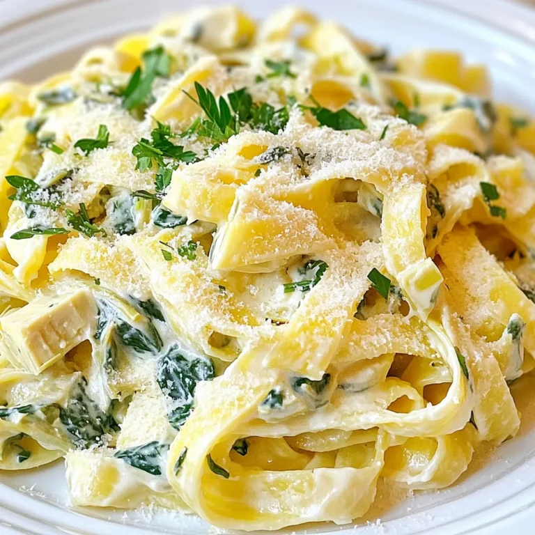 Here’s what you need for Cheesy Spinach Artichoke Dip Pasta: - 8 oz fettuccine pasta - 1 cup frozen spinach, thawed and drained - 1 cup canned artichoke hearts, rinsed and chopped - 1 cup cream cheese, softened - 1 cup grated mozzarella cheese - 1/2 cup grated Parmesan cheese - 1/2 cup sour cream - 2 cloves garlic, finely minced - 1/2 teaspoon red pepper flakes (optional) - Salt and freshly ground black pepper to taste - 1 tablespoon olive oil - Fresh parsley, finely chopped for garnish When picking spinach, look for bright green leaves. Avoid any yellow or wilted ones. For artichoke hearts, choose canned ones with no additives. They should be tender and well-rinsed. Cream cheese should be fresh and soft. This helps it blend easily into the sauce. Fresh garlic should feel firm with dry skin. This keeps the flavor strong. You can switch fettuccine for any pasta you like. Penne or rotini works great, too. If you want a lighter dish, use Greek yogurt instead of sour cream. For a twist, add sun-dried tomatoes or mushrooms. You can even use fresh spinach if you prefer. Just sauté it briefly before adding it to the sauce. {{ingredient_image_2}} First, fill a large pot with salted water. Bring it to a rolling boil. Add 8 oz of fettuccine pasta. Cook it for 8 to 10 minutes until it's al dente. Al dente means it should be firm when you bite it. Before you drain the pasta, save 1/2 cup of the pasta water. This water is starchy and helps the sauce stick. After saving the water, drain the pasta and set it aside. Next, grab a large skillet and heat it over medium heat. Pour in 1 tablespoon of olive oil and let it warm. Add 2 minced garlic cloves to the pan. Sauté them for about 1 minute until they smell great. Be careful not to burn the garlic; it can turn bitter. Lower the heat to medium-low. Now, add 1 cup of softened cream cheese to the skillet. Stir it constantly until it melts and becomes smooth. Then, mix in 1/2 cup of sour cream, 1 cup of grated mozzarella cheese, and 1/2 cup of grated Parmesan cheese. Stir until all the cheese melts and blends well. Now, it’s time to add the fun ingredients! Gently stir in 1 cup of thawed and drained spinach and 1 cup of chopped artichoke hearts. If you like some heat, add 1/2 teaspoon of red pepper flakes. Season with salt and freshly ground black pepper to taste. Let this mixture simmer for about 5 minutes, stirring occasionally. This warms everything up nicely. Finally, add the cooked fettuccine to the skillet. Toss the pasta in the cheese sauce until it’s all coated. If the sauce is too thick, add some reserved pasta water until it reaches your desired creaminess. Now you’re ready to enjoy a delicious bowl of Cheesy Spinach Artichoke Dip Pasta! To get a creamy sauce, use softened cream cheese. This helps it melt easily. Stir it well with the sour cream. Adding mozzarella and Parmesan cheese will also help. If your sauce is too thick, add some reserved pasta water. This will loosen it up and keep it creamy. Seasoning is key for great taste. Start with salt and black pepper. You can add red pepper flakes for some heat. Always taste your sauce before serving. If it needs more flavor, add a pinch more salt. Fresh herbs like parsley can brighten the dish too. To save time, prepare your ingredients first. Thaw the spinach and chop the artichokes before you start cooking. While the pasta cooks, you can make the sauce. This keeps everything moving smoothly. If you want to cook more quickly, use pre-minced garlic. It saves chopping time! Pro Tips Use Fresh Ingredients: Whenever possible, opt for fresh spinach and artichokes instead of frozen or canned, as they will enhance the flavor and texture of your dish. Adjust the Creaminess: If the sauce is too thick after adding the pasta, gradually incorporate the reserved pasta water until you reach your desired consistency. Mix Cheese Varieties: Feel free to mix in other cheeses like cheddar or gouda for a unique flavor profile. Just make sure to keep the ratios similar. Garnish for Color: Fresh herbs not only add flavor but also brighten up the dish visually. Consider using basil or chives in addition to parsley for added flair. {{image_4}} You can easily add protein to your Cheesy Spinach Artichoke Dip Pasta. Chicken or shrimp works great! For chicken, use cooked, shredded chicken. Toss it in when mixing the sauce and pasta. For shrimp, sauté them in olive oil until pink. Then, add them with the spinach and artichokes. Both choices make the dish heartier and more filling. If you want a vegetarian twist, add more veggies. Bell peppers, zucchini, or mushrooms can enhance the dish. Sauté them briefly before adding the spinach and artichokes. This not only boosts flavor but also adds color. You can mix and match your favorite vegetables to suit your taste. To spice up your pasta, add more heat. Use more red pepper flakes than the recipe suggests. You can also include diced jalapeños or even a splash of hot sauce. Start with a little and taste as you go. Adjust the heat level to make it just right for you. This adds a fun kick to the creamy sauce! To store your Cheesy Spinach Artichoke Dip Pasta, let it cool first. Use an airtight container. This helps keep the flavors fresh. Ensure you seal it tightly to prevent air from getting in. Store it in the fridge. It stays good for about three days. When you reheat, choose a gentle method. A microwave works, but it may dry out the pasta. Instead, use a skillet. Add a splash of water or broth. Heat on low, stirring often. This helps keep the sauce creamy. If you want to keep it longer, freezing is a great option. First, let the dish cool completely. Then, portion it into freezer-safe bags. Remove as much air as possible. Label with the date. It can last up to three months. When ready to eat, thaw it in the fridge overnight before reheating. Yes, you can use other pasta shapes. Penne, rotini, or even whole wheat pasta work well. Each type adds its own charm. Just follow the cooking time on the package. You want the pasta to be al dente for the best texture. You can swap out some ingredients for healthier options. Use low-fat cream cheese or Greek yogurt instead of sour cream. You can also add more vegetables, like bell peppers or mushrooms. They add nutrition and flavor. Using whole grain pasta will boost fiber content too. Yes, you can make this dish ahead of time. Cook the pasta and sauce separately. Store them in the fridge for up to two days. When ready to eat, heat the sauce and mix it with pasta. Add a splash of reserved pasta water to keep it creamy. In this blog post, we explored how to make Cheesy Spinach Artichoke Dip Pasta. We covered ingredients, step-by-step cooking, and tips for the best flavor and texture. You learned ways to customize the dish with proteins or extra veggies. Plus, we shared storage tips to keep your leftovers tasty. Remember, cooking should be fun and creative. Use fresh ingredients and try new variations. Enjoy your delicious meal!