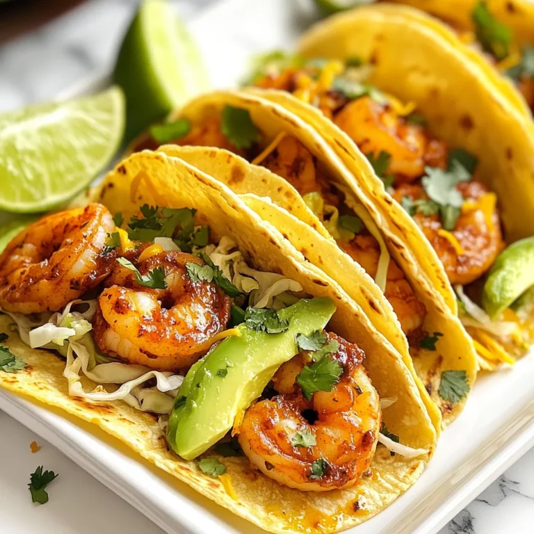 To make these tasty Chipotle Lime Shrimp Tacos, you need a few key ingredients. Here’s the list: - 1 pound large shrimp, peeled and deveined - 2 tablespoons olive oil - 2 tablespoons chipotle pepper in adobo sauce, finely minced - 2 tablespoons fresh lime juice (about 1 lime) - 1 teaspoon garlic powder - 1 teaspoon ground cumin - 1 teaspoon smoked paprika - Salt and freshly ground black pepper to taste - 8 small corn tortillas - 1 cup shredded cabbage (choose between green or purple for added color) - 1 ripe avocado, sliced into wedges - Fresh cilantro, roughly chopped (for garnish) - Lime wedges (for serving) Each ingredient plays a big role in the flavor. The shrimp offers a sweet taste, while the chipotle adds heat and smokiness. Lime juice brightens the dish, making every bite fresh and zesty. Using fresh cilantro adds a nice herbal note. You can choose between green or purple cabbage for color. The corn tortillas provide a soft base that holds everything together. When you gather these ingredients, think about quality. Fresh shrimp and ripe avocados make a big difference. Enjoy the process of cooking with these vibrant and flavorful components! {{ingredient_image_2}} First, grab a medium bowl. In it, whisk together the minced chipotle pepper, olive oil, fresh lime juice, garlic powder, ground cumin, and smoked paprika. This mix will create a zesty marinade. After whisking, season it with salt and pepper to taste. Next, take your peeled and deveined shrimp. Coat each shrimp well with the marinade. Let the shrimp sit at room temperature for 15 to 20 minutes. This soaking time helps the shrimp soak up all the tasty flavors. Now it's time to cook! Heat a non-stick skillet over medium-high heat. Once hot, add the marinated shrimp in a single layer. Cook them for 2 to 3 minutes on each side. Look for the shrimp to turn pink and opaque. If you have many shrimp, cook them in batches to keep them from steaming. While the shrimp cooks, take another skillet to warm your corn tortillas. Place them in the skillet over medium heat. Warm each tortilla for about 30 seconds on each side. Keep them covered with a clean cloth to stay warm and soft. It's taco time! Take a warm tortilla and place a handful of shredded cabbage in the middle. Next, add a good portion of the cooked chipotle lime shrimp on top. Top it off with avocado slices and a sprinkle of fresh cilantro. Enjoy your tasty creation! Marinating shrimp is key for great taste. Letting them sit for at least 15-20 minutes allows the shrimp to soak up the chipotle lime goodness. Use fresh ingredients when possible. Fresh lime juice brightens the dish, while fresh shrimp gives the best texture and flavor. To avoid overcooking, cook shrimp just until they turn pink and opaque. This usually takes 2-3 minutes per side. A non-stick skillet works best for even cooking. If you're cooking a lot of shrimp, do it in batches. This keeps them from steaming and helps keep them juicy. Plating your tacos nicely makes them more inviting. Start with a warm tortilla and layer shredded cabbage in the center. Then, add shrimp and avocado. Finish with a sprinkle of chopped cilantro for color. Serve with lime wedges for an extra zing, making each bite even more delightful. Pro Tips Marinate for Maximum Flavor: Allow the shrimp to marinate for at least 20 minutes to fully absorb the chipotle and lime flavors. For an even deeper flavor, you can marinate them in the refrigerator for up to an hour. Perfectly Cooked Shrimp: To ensure perfectly cooked shrimp, watch for them to turn pink and opaque. Overcooking can lead to a tough texture, so keep an eye on them while cooking. Warm Tortillas: Warming your corn tortillas is essential for a great taco experience. It makes them pliable and enhances their flavor. Consider wrapping them in a clean towel to keep them warm while you prepare the rest of the filling. Fresh Garnishes: Don’t skip the garnishes! Fresh cilantro and lime wedges not only add vibrant colors but also enhance the flavor profile of the tacos, making them more delicious. {{image_4}} You can swap shrimp for chicken or tofu. Both options work well in this recipe. For chicken, use bite-sized pieces and marinate the same way. Cook until the chicken is no longer pink. If you use tofu, press it to remove excess water. Cut it into cubes, then marinate like shrimp. Cook until it’s golden brown on all sides. If you love spice, add more chipotle or hot sauce. You can also mix in diced jalapeños for extra heat. Just be careful! Start with a small amount and taste it. Adjust to your liking. This adds depth and makes the dish even more exciting. To make this dish gluten-free, use corn tortillas. They are naturally gluten-free and perfect for tacos. If you want vegan tacos, replace the shrimp with mushrooms or jackfruit. Both give a nice texture and soak up flavors well. Just follow the same cooking method for a tasty vegan option. To keep your shrimp and tortillas fresh, use good storage practices. First, let the shrimp cool down. Place them in an airtight container. For the corn tortillas, stack them and wrap them in foil or plastic wrap. This helps keep them soft. Store both in the fridge. Enjoy leftovers within three days for the best taste. When reheating shrimp, be careful. You don’t want to overcook them. Use a skillet for the best results. Heat the skillet on low and add a splash of water. Add the shrimp and cover for a few minutes. If you use a microwave, put shrimp in a bowl. Cover it with a damp paper towel. Heat in short bursts, checking often. You can freeze cooked shrimp, but it is best to do it right. Place the shrimp in a freezer-safe bag. Squeeze out all the air before sealing. Store tortillas and filling separately. This way, the tortillas stay soft when you thaw them. Use frozen shrimp within three months for the best flavor. For tacos, I recommend using large shrimp. Large shrimp are easier to handle and cook well. Look for shrimp that are fresh, firm, and smell like the sea. If you can, choose shrimp that are wild-caught. They usually have better flavor than farmed shrimp. A size of 16-20 shrimp per pound works best. This size gives you the perfect bite in every taco. Yes, you can use frozen shrimp! Just make sure to thaw them properly. The best way is to place them in the fridge overnight. If you need them fast, run cold water over them in a bowl. Avoid warm water, as it can cook the shrimp. Once thawed, pat them dry before marinating. This helps the marinade stick better. You can store Chipotle Lime Shrimp Tacos for up to two days in the fridge. Place them in an airtight container to keep them fresh. If you have leftover shrimp or tortillas, store them separately. This keeps the tortillas from getting soggy. Always check for any off smells or changes before eating. For a complete meal, serve your shrimp tacos with a side salad. A simple green salad with lime dressing works well. You can also serve them with rice or beans for extra carbs. Another great option is chips with salsa or guacamole. This adds crunch and flavor to your meal! In this post, we explored how to make Chipotle Lime Shrimp Tacos. We covered every step, from preparing the marinade to cooking the shrimp. You learned tips for great flavor and ways to add your own twist. Storing leftovers and reheating them correctly helps you enjoy these tacos later. Remember, fresh ingredients and careful cooking make a big difference. Try these tacos today and enjoy a delicious, vibrant meal that’s easy to share. You’ll impress everyone at the table!