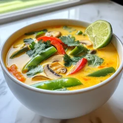 - Main ingredients for Thai Coconut Curry Soup: - 1 tablespoon coconut oil - 1 medium onion, finely chopped - 2 cloves garlic, minced - 1 tablespoon fresh ginger, grated - 2 tablespoons red curry paste - 4 cups vegetable broth - 1 can (14 oz) coconut milk - 1 cup snow peas, trimmed - 1 bell pepper (choose between red or yellow), sliced into thin strips - 1 cup mushrooms, sliced (button or shiitake work well) - 2 cups fresh baby spinach - Juice of 1 lime (adjust to taste) - Fresh cilantro, for garnish - Salt and black pepper, to taste - Optional ingredients for customization: - 1 cup cooked rice or quinoa (to serve alongside) If you can't find coconut oil, you can use olive oil. For the broth, vegetable or chicken broth works well. If you need a different flavor, try using green curry paste instead of red. You can swap snow peas for green beans or broccoli. You can also use any fresh greens that you enjoy, like kale or Swiss chard. Be creative with flavors! {{ingredient_image_2}} 1. Saut&eacute; Aromatics: Start by heating coconut oil in a large pot over medium heat. Once the oil is hot and shimmering, add the finely chopped onion. Saut&eacute; for about 3-4 minutes until the onion turns soft and translucent. 2. Building Flavor with Garlic and Ginger: Next, add the minced garlic and grated ginger to the pot. Cook them for one more minute. This allows the garlic and ginger to release their strong, fragrant scents, enhancing the soup's base. 3. Incorporating Red Curry Paste: Stir in the red curry paste. Mix it well with the aromatics. Cook for an additional 2 minutes. This step deepens the flavors and gives your soup that signature Thai taste. 1. Pouring in Vegetable Broth and Coconut Milk: Gradually pour in the vegetable broth while stirring. Bring the mixture to a gentle simmer. After it simmers, add the can of coconut milk. Stir until the soup is smooth and creamy. 2. Adding Vegetables and Timing for Perfect Texture: Add the snow peas, sliced bell pepper, and mushrooms into the pot. Let the soup simmer for about 5-7 minutes. This helps the vegetables cook but stay crisp. 3. Incorporating Fresh Greens: Gently fold in the baby spinach. Allow it to wilt for 1-2 minutes. This adds a fresh green color and boosts the nutrition of your soup. 1. Adjusting Spices and Acidity: Squeeze the juice of one lime into the soup. Season it with salt and black pepper to your taste. This step balances the flavors, making the soup pop. 2. Serving Suggestions: For a heartier meal, serve the soup over cooked rice or quinoa. This adds texture and keeps you full. 3. Garnishing with Cilantro: Finally, sprinkle fresh cilantro on each bowl. This garnish adds a burst of color and a fresh flavor that brightens your dish. To make your curry flavor pop, use fresh herbs. Fresh herbs add brightness and depth. Try using fresh cilantro or basil. You can also intensify the taste by adding more red curry paste. Start with a little extra and taste as you go. Dried herbs can work too, but they lack that fresh punch. If you use dried herbs, add them earlier in the cooking process. This gives them time to release their flavors. When saut&eacute;ing vegetables, keep the heat at medium. This helps avoid burning. Start with onions, as they form a sweet base. Add garlic and ginger next. They add rich flavor and aroma. To maintain crunch in your veggies, don't overcook them. Add snow peas and bell peppers close to the end. Cook them just until tender but still bright. This keeps your soup vibrant and fresh. Enjoy your cooking journey! Pro Tips Fresh Ingredients Matter: Always use fresh vegetables and herbs for the best flavor in your coconut Thai curry delight soup. Adjusting Spice Levels: If you prefer a milder soup, start with a smaller amount of red curry paste and adjust to taste as you cook. Make it Creamy: For an extra creamy texture, blend a portion of the soup and return it to the pot before adding the greens. Serving Suggestions: Pair the soup with crusty bread or a light salad for a complete meal experience. {{image_4}} You can change up the protein in your Thai Coconut Curry Soup. Here are some fun options: - Tofu: Great for a vegetarian choice. Use firm tofu for the best texture. - Chicken: Cut into bite-sized pieces. Cook it until golden before adding other ingredients. - Shrimp: A quick-cooking option. Add it in the last few minutes of cooking. You can also swap in different veggies. Some tasty choices are: - Carrots: Slice them thinly for a sweet crunch. - Broccoli: Cut it into small florets for added color. - Zucchini: Sliced or cubed, it cooks quickly and adds a nice texture. If you want to make this soup vegan, just skip the chicken or shrimp. Stick with tofu or more veggies. To ensure it's gluten-free, check your curry paste and broth for hidden gluten. You might want to adjust the spice level too. If you love heat, add more red curry paste. For a milder soup, use less paste or add a bit of coconut milk to cool it down. To keep your Thai Coconut Curry Soup fresh, use airtight containers. This helps prevent air from spoiling the flavors. Store the soup in the fridge for up to four days. If you want to save it longer, freeze it. It can last up to three months in the freezer. Just remember to cool the soup completely before freezing. When you are ready to enjoy your leftovers, reheating is key. To keep the texture, use the stove. Pour the soup into a pot and warm it slowly over medium heat. Stir often to avoid burning. If you use the microwave, place the soup in a microwave-safe bowl. Heat in short bursts, stirring in between. This way, you keep the soup creamy and delicious. Yes, you can use other curry pastes. Green curry paste works well for a fresh taste. Yellow curry paste adds a milder flavor. Each type gives a unique twist to the soup. Adjust the amount based on your spice level. This soup can be mild or spicy. The red curry paste adds heat, but you control it. Use less paste for a light flavor. If you love spice, add more paste or some fresh chilies. Taste as you go to find your perfect heat. You can serve this soup with rice or quinoa. Both options soak up the flavors well. For a lighter meal, enjoy it on its own. Pair it with fresh bread for a comforting combo. Add a side salad for a refreshing crunch. This blog covered all you need to make Thai Coconut Curry Soup. We discussed key ingredients, with tips for substitutions, so you can adapt it to your taste. You learned the step-by-step process, from saut&eacute;ing aromatics to serving suggestions. Plus, we shared tips for enhancing flavor and healthy cooking techniques. In my final thoughts, this soup is versatile and simple. You can customize it for any diet. Enjoy your cooking journey, and remember, this dish brings warmth and flavor to any meal.
