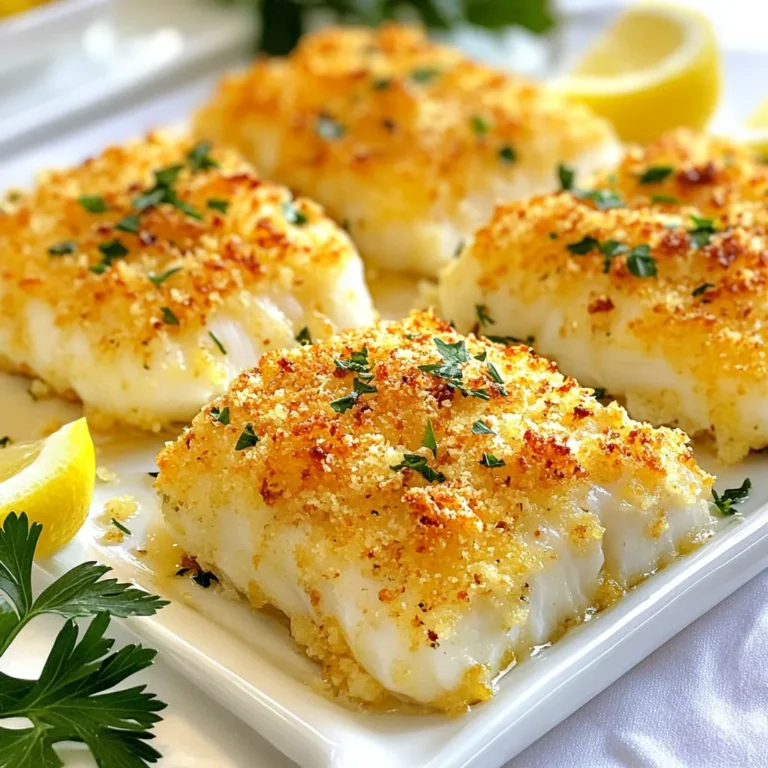 To make Baked Parmesan Crusted Cod, gather these key items: - 4 cod fillets (approximately 6 oz each) - 1 cup panko bread crumbs - 1/2 cup freshly grated Parmesan cheese - 2 tablespoons fresh parsley, finely chopped - 2 tablespoons freshly squeezed lemon juice - 2 cloves garlic, minced - 1 teaspoon paprika - 1 teaspoon dried oregano - Salt and freshly ground black pepper, to taste - 2 tablespoons extra virgin olive oil - Lemon wedges, for serving Choose fresh cod fillets for the best flavor and texture. Look for fillets that are bright white and smell like the sea. The flesh should be firm and moist. If you can, buy wild-caught cod. It tends to have a better taste than farmed cod. Ask your fishmonger for tips on the best choices available. If buying frozen, choose fillets that are vacuum-sealed for freshness. When it comes to Parmesan, I love using brands like Parmigiano-Reggiano or Grana Padano. They offer great flavor and quality. For panko, try Kikkoman or Progresso. Both brands give a lovely crunch to the crust. Always check the labels for freshness, and look for products without added preservatives. {{ingredient_image_2}} Start by preheating your oven to 400°F (200°C). This step is key for a perfect bake. Next, line a baking dish with parchment paper. This makes cleanup easier and helps the cod cook evenly. Take your cod fillets and pat them dry with paper towels. Removing extra moisture helps the crust stick better. Place the fillets in the prepared baking dish. Drizzle fresh lemon juice over each piece. It adds nice flavor! Season lightly with salt and freshly ground black pepper. In a large mixing bowl, combine the panko bread crumbs, Parmesan cheese, parsley, minced garlic, paprika, oregano, and a pinch of salt and pepper. Stir this mixture well. Next, drizzle the olive oil over the crumbs. Mix until the crumbs feel moist. This step ensures a crunchy crust. Now, take handfuls of the breadcrumb mixture. Press it firmly onto the top of each cod fillet. Make sure to cover each piece evenly. Finally, bake the cod for about 15-20 minutes. Look for a golden brown crust and opaque fish. Enjoy your tasty creation! To make a great crust on your cod, use panko bread crumbs. They are light and crispy. Mix them well with Parmesan cheese, parsley, garlic, and spices. This mix gives a lot of flavor. Drizzle olive oil on the crumbs. This helps them stick and brown nicely. Press the mixture firmly onto the fish. This step is key. It ensures the crust stays on during baking. One common mistake is not drying the cod fillets. If the fish is wet, the crust won't stick. Another error is using too little oil. Without enough oil, the crust can burn or stay soft. Avoid overcrowding the baking dish. If the fillets are too close, they won't cook evenly. Lastly, don't skip the seasoning. Salt and pepper enhance the flavor of the cod. You need a few key tools for this recipe. A good baking dish is a must. Use one that fits all fillets without crowding. Parchment paper is great for easy cleanup. A mixing bowl helps combine your ingredients. Use a sharp knife for cutting the fish. Finally, a fork will help you flake the cod after baking. These tools make cooking easier and more fun! Pro Tips Choose Fresh Cod: Always select the freshest cod fillets you can find for the best flavor and texture. Look for fillets that are moist, with a mild scent of the sea. Coat with Care: When applying the breadcrumb mixture, press it firmly onto the cod to ensure it adheres well. This will create a thicker, crunchier crust. Watch the Baking Time: Keep an eye on your cod while it bakes. Ovens can vary, so check for doneness a few minutes before the recommended time to avoid overcooking. Serve Immediately: For the best texture, serve the cod right after it comes out of the oven. The crust will remain crispy when served fresh! {{image_4}} You can enhance the flavor of your baked cod by adding herbs and spices. Fresh herbs like dill or basil work wonders. Try using thyme for a warm touch. You can also add a pinch of cayenne pepper for heat. Mix these into the breadcrumb mixture for a new twist. Feel free to swap out the parsley for any herb you love. Each choice gives a unique flavor to your dish. If you want to change up the texture, consider using crushed nuts. Almonds or pecans can add a nice crunch. You could also use cornmeal for a different flavor profile. Another idea is to mix in some finely grated lemon zest for brightness. This adds a fresh twist that pairs well with the fish. Experiment with different coatings to find your favorite. Baked Parmesan crusted cod pairs well with many sides. Serve it with a simple green salad for a light meal. Roasted vegetables, such as asparagus or broccoli, complement the dish nicely. You can also add some creamy mashed potatoes on the side. For a touch of acidity, serve lemon wedges. Drizzling more lemon juice on the fish just before eating brightens the flavors. After enjoying your Baked Parmesan Crusted Cod, store any leftovers in a container. Use an airtight container to keep the cod fresh. Place the cod in the fridge if you plan to eat it within three days. This will help maintain its flavor and texture. To reheat the cod, avoid the microwave if possible. The microwave can make your cod soggy. Instead, preheat your oven to 350°F (175°C). Place the cod on a baking sheet and warm it for about 10 minutes. This method helps keep the crust crispy and the fish moist. You can freeze baked cod for later enjoyment. Allow it to cool completely before freezing. Wrap each portion tightly in plastic wrap, then place it in a freezer-safe bag. Use within three months for the best taste. When ready to eat, thaw overnight in the fridge and reheat as mentioned above. Yes, you can use frozen cod fillets. Just make sure to thaw them first. Thaw the fillets in the fridge overnight or under cold water. This helps keep the fish moist. After thawing, pat them dry with paper towels. This step removes excess moisture for better browning. Baked Parmesan Crusted Cod pairs well with many sides. Here are some great options: - Roasted vegetables, like asparagus or broccoli - A fresh green salad with lemon vinaigrette - Creamy mashed potatoes or garlic rice - Quinoa or couscous for a nutty touch These sides add flavor and balance to your meal. Choose what you love most! The cod is cooked when it turns opaque and flakes easily with a fork. This usually takes 15-20 minutes in the oven. You can also check the internal temperature. It should reach 145°F (63°C) for safe eating. If you see a nice golden crust, you know it’s ready to serve! You now know how to make baked Parmesan crusted cod. We discussed essential ingredients, prep steps, and tips to get the perfect crust. Remember to avoid common mistakes and choose the right tools. Explore variations to keep the dish exciting, and don’t forget about storing leftovers properly. Enjoy this tasty meal with your favorite sides. Cooking should be fun and rewarding. Keep sharing your results and enjoy the process!