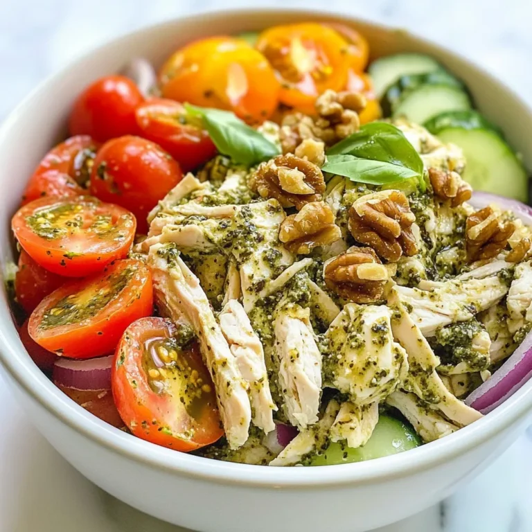 - Shredded chicken - Pesto (homemade or store-bought) - Greek yogurt and mayonnaise - Fresh vegetables (cherry tomatoes, cucumber, red onion) - Walnuts and seasonings To make the creamy pesto chicken salad, you need a few key ingredients. First, use shredded chicken. You can cook it yourself or use rotisserie chicken for speed. Next, grab some pesto, which can be homemade or store-bought. For the creamy base, combine Greek yogurt and mayonnaise. This mix gives the salad a rich texture. Fresh vegetables add crunch and color. I like to use cherry tomatoes, cucumber, and red onion. Don’t forget walnuts for a nice nutty flavor and extra crunch. Finally, season with salt and pepper to taste. This simple mix creates a dish bursting with flavor. Each ingredient plays a role in making this salad fresh and delightful. {{ingredient_image_2}} Start by taking a large mixing bowl. Add 2 cups of shredded chicken to the bowl. Then, pour in 1/2 cup of pesto, 1/2 cup of Greek yogurt, and 1/4 cup of mayonnaise. Use a spatula to mix everything well. You want the chicken to be coated evenly with the creamy dressing. This mix gives the salad its rich flavor. Next, it’s time for some crunch and freshness. Gently fold in 1 cup of halved cherry tomatoes, 1/2 cup of diced cucumber, 1/4 cup of finely chopped red onion, and 1/4 cup of roughly chopped walnuts. Be careful while mixing. You want to keep the pieces whole. This helps maintain the salad's texture and keeps it vibrant. Now, season the salad with salt and pepper to your taste. Mix it in and taste again. Adjust the seasoning if needed. It’s key to get the flavors just right. After seasoning, cover the bowl with plastic wrap or a lid. Put it in the fridge for at least 30 minutes. This chilling time helps all the flavors blend together. Enjoy the creamy goodness that develops! To make the best creamy pesto chicken salad, focus on your ingredient ratios. A good mix of chicken, pesto, yogurt, and mayo keeps the salad creamy and rich. I suggest using equal parts yogurt and mayo for a perfect blend. This keeps the dressing light but flavorful. When adding vegetables, be gentle. Fold in cherry tomatoes, cucumber, and onion slowly. This prevents mashing. You want the veggies to keep their shape. A soft touch ensures they stay fresh and crunchy. For a beautiful presentation, serve your salad in a clear bowl. This showcases the colorful ingredients well. You can also sprinkle extra walnuts on top for added texture. A drizzle of pesto around the bowl enhances the look. Pair this salad with some crusty bread or a fresh green salad. It works great as a light lunch or a side dish at dinner. Enjoy your meal with a glass of iced tea or sparkling water for a refreshing touch! Pro Tips Use Rotisserie Chicken: For a quicker preparation, consider using store-bought rotisserie chicken instead of cooking your own. It saves time without compromising flavor! Customize Your Pesto: Experiment with different types of pesto, such as sun-dried tomato or spinach pesto, to create unique flavor profiles that suit your taste. Make It Ahead: This salad can be made a day in advance! Just keep it covered in the fridge. The flavors will deepen and taste even better the next day. Add More Crunch: For extra texture, consider adding diced bell peppers or celery. They not only enhance the crunch but also add color to the salad. {{image_4}} You can change the protein in this salad easily. If you want a different taste, try turkey. Shredded turkey works just as well as chicken. You can also use canned tuna for a quick option. For plant-based lovers, try chickpeas or tofu. Both add great texture and flavor. Just make sure to season them well. This way, your salad keeps its tasty essence. Want to switch up the flavor? You can use different dressings. Caesar dressing adds a creamy twist. Ranch dressing gives it a tangy kick. You can also mix in fresh herbs like dill or cilantro. They bring a unique touch to the dish. Spices like paprika or garlic powder can add depth too. Feel free to explore and make it your own! To keep your creamy pesto chicken salad fresh, store it in an airtight container. This prevents air from getting inside and helps maintain the salad's flavor. Make sure to cover the salad well. If you have leftovers, try to consume them within a few days. When storing, it is best to keep the salad chilled. Place it in the fridge right after serving. If you add any crunchy vegetables, like cucumbers, store those separately. This keeps them crisp until you are ready to eat. You can enjoy your creamy pesto chicken salad for up to three days in the fridge. After that, the quality may drop. Always check for signs of spoilage before eating. Look for changes in color, texture, or smell. If the salad smells off or has an unusual texture, it is best to discard it. Remember, freshness is key to enjoying this tasty dish. You can use sour cream or avocado cream as substitutes. Both add creaminess and flavor. Sour cream has a tangy taste, while avocado cream gives a rich texture. Choose based on your preference. If you want to stay dairy-free, avocado cream is a great choice. Yes, you can make this salad ahead of time. Prepare it in advance and store it in the fridge. Just be sure to cover it tightly. This way, the flavors blend well. However, wait to add fresh veggies until just before serving. This keeps them crisp and fresh. This recipe is perfect for meal prep. You can divide it into individual portions. Use small containers for easy grab-and-go meals. Store it in the fridge for up to three days. Make sure to keep salad ingredients separate if you prefer extra crunch. Enjoy this tasty salad throughout the week! This article shared a simple method to create a tasty chicken salad. We covered key ingredients like shredded chicken, pesto, and fresh veggies. You learned how to mix, season, and chill for the best flavor. There are more tips on texture and serving options. Plus, we explored variations and storage tips to keep your salad fresh. Overall, this salad is easy, delicious, and flexible. Enjoy making it your way!
