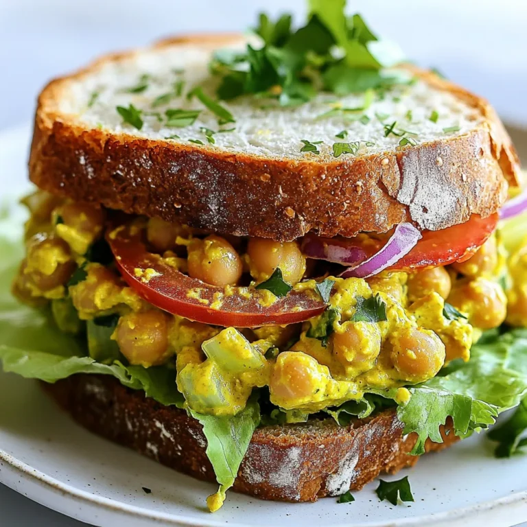 To make curried chickpea salad sandwiches, you need a few key ingredients: - 1 can (15 oz) chickpeas, drained and rinsed - 1/4 cup plain Greek yogurt or a vegan alternative - 1 tablespoon curry powder - 1 teaspoon ground turmeric - 1/2 teaspoon garlic powder - 1/2 teaspoon ground ginger - 1/4 cup red onion, finely chopped - 1/4 cup celery, diced - 1/4 cup carrot, grated - Salt and pepper, to taste These ingredients create a hearty, flavorful filling that packs a nutritious punch. You can add some optional ingredients to make the salad more personal: - 2 tablespoons raisins or currants - 2 tablespoons fresh cilantro or parsley, chopped - Fresh lettuce leaves, for serving - Slices of tomato or cucumber, for serving These extras can enhance texture and flavor, making your sandwich unique. The bread you choose can change the whole feel of the sandwich. Here are some tasty options: - Whole grain bread - Sourdough - Rye bread - Pita pockets Each option adds its own flavor and texture. Choose what you love best for your curried chickpea salad sandwich. {{ingredient_image_2}} 1. Start by draining and rinsing one can of chickpeas. This step helps remove excess salt and makes them cleaner. 2. In a medium bowl, mash the chickpeas using a fork or potato masher. Aim for a chunky texture, not smooth. 3. Next, add 1/4 cup of plain Greek yogurt. You can use a vegan yogurt if you prefer. 4. Mix in 1 tablespoon of curry powder, 1 teaspoon of ground turmeric, and 1/2 teaspoon each of garlic powder and ground ginger. These spices give your salad a wonderful flavor. 5. Fold in 1/4 cup of finely chopped red onion, 1/4 cup of diced celery, and 1/4 cup of grated carrot. If you like, add 2 tablespoons of raisins or currants for a sweet touch. Finish with 2 tablespoons of chopped cilantro or parsley. 6. Season the mixture with salt and pepper. Adjust to your taste. 1. If you want a crunchy bite, lightly toast 4 slices of whole grain bread. 2. Take two slices of bread and generously scoop the chickpea salad mixture on top. 3. Add fresh lettuce leaves for crunch. If you enjoy extra veggies, add slices of tomato or cucumber. 4. Place the other two slices of bread on top. 5. For a nice touch, cut the sandwiches diagonally. 1. Serve the sandwiches on a bright plate. This makes the meal look inviting. 2. Add a side of fresh fruit or a small green salad. This adds color and nutrition. 3. For a final touch, garnish each sandwich with a sprig of cilantro or parsley. This small detail makes a big difference in presentation. To get the right texture, mash the chickpeas lightly. Use a fork or potato masher. You want them to be chunky, not smooth. This keeps the salad interesting and adds bite. If you over-mash, it will become mushy. Aim for a mix of whole and broken chickpeas. This will create a nice contrast in each bite. Curry powder is key for flavor. I love using a tablespoon in this recipe. For a twist, try adding cumin or coriander. Turmeric gives a warm color and health benefits. Garlic powder and ground ginger add depth. If you want it spicier, add a pinch of cayenne. You can swap Greek yogurt with vegan yogurt if you prefer. Experiment with dried herbs like dill or thyme for a unique taste. You can make the chickpea salad a day ahead. Just store it in the fridge in an airtight container. This allows the flavors to blend well. When you're ready to eat, toast the bread lightly for crunch. Assemble the sandwich just before serving to keep the bread fresh. Add lettuce and any extra toppings last. This keeps everything crisp and tasty! Pro Tips Texture Matters: Mash the chickpeas until they are chunky to maintain a pleasant texture in your salad sandwich. Spice It Up: Adjust the amount of curry powder and spices according to your taste preference for a bolder flavor. Fresh Ingredients: Use fresh herbs and crisp vegetables to enhance the flavor and crunch of your sandwich. Creative Serving: Experiment with different bread types or use lettuce wraps for a low-carb option. {{image_4}} You can easily make this sandwich vegan. Use a plant-based yogurt instead of Greek yogurt. Many brands offer tasty options. You can pick unsweetened almond or coconut yogurt. These swaps keep the dish creamy and delicious. While whole grain bread is great, feel free to switch it up. Try sourdough, pita, or a soft wrap. Each choice adds a new taste and texture. If you want something gluten-free, use gluten-free bread or lettuce wraps. Boost nutrition by adding more veggies. Chopped bell peppers, spinach, or avocado work well. For extra protein, mix in some diced tofu or cooked quinoa. These additions make your sandwich even more filling and colorful. To keep your curried chickpea salad fresh, store it in an airtight container. This helps prevent any odors from other foods in your fridge. Make sure to let it cool down to room temperature before sealing it. If you have leftover sandwiches, wrap them tightly in plastic wrap or aluminum foil. This keeps the bread from getting soggy. The curried chickpea salad stays good in the fridge for about 3 to 4 days. After that, the flavors may change, and the texture can get mushy. Always check for any off smells or changes in color before eating. If you see anything unusual, it's best to throw it out. You can freeze the curried chickpea salad, but it's best to skip freezing the bread. The salad freezes well for about 1 month. Use a freezer-safe container and leave some space for expansion. When you're ready to eat, thaw it in the fridge overnight. Mix it well before serving to revive the flavor and texture. Yes, you can make the curried chickpea salad ahead of time. It tastes even better after resting. Just store it in an airtight container in the fridge. It will stay fresh for about three days. Make sure to mix it well before serving. You can serve these sandwiches with fresh fruit, chips, or a simple salad. A side of carrot sticks or cucumber slices adds a nice crunch. You can also pair them with a light soup for a warm meal. It’s a great way to enjoy a balanced lunch. The curried chickpea salad itself is gluten-free. However, if you want it to be gluten-free, choose gluten-free bread. There are many tasty options available. Always check the labels to ensure there are no hidden gluten ingredients. This way, everyone can enjoy this delicious sandwich! In this article, we explored how to make delicious curried chickpea salad sandwiches. We covered the main ingredients and tips for customizing your salad. You learned the best breads to use and how to prepare the mixture step by step. I shared tips for perfect texture and flavor. Remember, you can add different veggies or proteins for variety. Store leftovers properly to keep them fresh. Enjoy your sandwiches, and don’t hesitate to experiment! The more you make them, the better they'll taste.