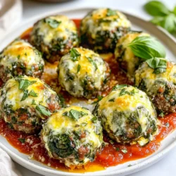 - 1 lb ground beef - 1 cup cooked spinach, finely chopped - 1 cup ricotta cheese - 1 cup shredded mozzarella cheese (divided) - 1/2 cup grated Parmesan cheese (divided) - 1/2 cup breadcrumbs - 1 large egg - 2 cloves garlic, minced - 1 teaspoon onion powder - 1 teaspoon Italian seasoning - Salt and pepper - 2 cups marinara sauce - Fresh basil leaves for garnish When I create cheesy spinach stuffed meatballs, I start with a mix of main ingredients. Ground beef is the star, bringing rich flavor. I use cooked spinach, which adds nutrients and color. Ricotta cheese gives a creamy texture. Shredded mozzarella and grated Parmesan add that cheesy goodness we all love. Next, I add the additional ingredients. Breadcrumbs help bind the meatballs. The egg adds moisture and helps them hold together. I add minced garlic for a punch of flavor. Onion powder and Italian seasoning round out the taste, making each bite special. Finally, I season with salt and pepper. Marinara sauce coats the meatballs, making them saucy and delicious. I finish with fresh basil leaves for a pop of color and flavor. This mix of ingredients makes each meatball a tasty delight. Each time I make them, I enjoy seeing the smiles of those who eat them. {{ingredient_image_2}} - Preheat the oven to 400&deg;F (200&deg;C). This helps cook the meatballs evenly. - For the filling, mix 1 cup of cooked spinach, 1 cup of ricotta cheese, and half of the mozzarella cheese in a bowl. Make sure to blend them well and set aside. - In a large bowl, add 1 lb of ground beef, 1/2 cup of breadcrumbs, 1 large egg, 2 cloves of minced garlic, 1 teaspoon of onion powder, 1 teaspoon of Italian seasoning, salt, and pepper. - Use clean hands to gently mix everything together. Be careful not to overwork the meat. You want a tender meatball. - Take a portion of the meat mixture, about the size of a golf ball. Flatten it in your palm. - Place a generous spoonful of the spinach and cheese filling in the center. Carefully fold the edges of the meat around the filling and roll it into a ball. Repeat this until all the mixture forms about 12-15 meatballs. - Arrange the meatballs on a baking sheet lined with parchment paper. Bake them for 20-25 minutes. They should be golden brown and reach an internal temperature of at least 160&deg;F (71&deg;C). - While the meatballs bake, pour 2 cups of marinara sauce into a saucepan. Heat it over medium heat, stirring occasionally. - Once the meatballs are done, transfer them into the warm marinara sauce. Let them simmer on low heat for about 3-5 minutes. This helps all the flavors mix well. - Serve the meatballs on a plate with more marinara sauce on top. Sprinkle the remaining mozzarella and Parmesan cheese over the meatballs. Add fresh basil leaves for a nice touch. To boost the flavor, use fresh herbs like basil or parsley. They add a nice touch. You can also mix in some red pepper flakes for heat. For texture, make sure to squeeze out all the water from spinach. This keeps the meatballs from being soggy. To prevent dryness, do not overcook the meatballs. Cook them until golden brown. They should reach an internal temperature of 160&deg;F (71&deg;C). Adding ricotta cheese keeps them moist and creamy. To measure temperature accurately, use a meat thermometer. Insert it into the center of the meatball for the best reading. This helps you avoid undercooking or overcooking. Check doneness by cutting one meatball in half. The center should be hot and no longer pink. If it is still pink, return it to the oven for a few more minutes. For a lovely presentation, use a shallow dish. Arrange the meatballs in marinara sauce, then sprinkle extra cheese on top. Fresh basil leaves add color and flavor. Serve with a crusty loaf of bread for dipping. This makes the meal feel more inviting and fun. Enjoy your cheesy spinach stuffed meatballs with style! Pro Tips Use Fresh Spinach: While cooked spinach works well, using fresh spinach can enhance the flavor. Saut&eacute; it briefly to wilt before adding to the filling for a fresher taste. Chill Before Baking: If you have time, chill the stuffed meatballs in the refrigerator for 30 minutes before baking. This helps them hold their shape while cooking. Experiment with Cheeses: Feel free to mix different cheeses in the filling, such as feta or goat cheese, for a unique flavor twist that complements the spinach. Serve with Pasta: For a complete meal, serve the meatballs over a bed of spaghetti or your favorite pasta, drizzled with extra marinara sauce for deliciousness. {{image_4}} You can easily change the meat in this recipe. Ground turkey or chicken works great. These options make the meatballs lighter but still tasty. If you want a dairy-free version, use vegan ricotta and dairy-free cheese. This keeps the flavor while meeting dietary needs. You can enjoy these meatballs baked or fried. Baking is healthier and easier, while frying gives a crunchy outside. For a twist, try them in different sauces. A creamy Alfredo or sweet and spicy barbecue sauce can change the whole meal. These meatballs pair well with pasta. Serve them over spaghetti or penne for a classic meal. For a fun twist, make meatball sandwiches. Use a soft roll and add marinara sauce and cheese for a delicious bite. To keep your cheesy spinach stuffed meatballs fresh, cool them down first. Let the meatballs sit at room temperature for about 30 minutes. This helps prevent moisture buildup. Use airtight containers for storage. Glass or plastic containers work well. Make sure they are sealed tightly. You can also use freezer-safe bags. Just remove as much air as possible before sealing. When reheating, the best method is to use the oven. Preheat your oven to 350&deg;F (175&deg;C). Place the meatballs on a baking sheet. Cover them with foil to keep them moist. Heat for about 15-20 minutes or until hot. If you want to freeze meatballs, place them in a single layer on a baking sheet. Freeze them for a few hours until solid. Then, transfer them to a freezer bag. To thaw, just place them in the fridge overnight. You can also thaw them in the microwave. How to make cheesy spinach stuffed meatballs healthier? You can swap ground beef for ground turkey. Use low-fat ricotta cheese. Add more veggies, like mushrooms or peppers, to the filling. This keeps the taste but lowers the fat. Can I make the filling ahead of time? Yes, you can! Prepare the filling a day before. Store it in the fridge. Just make sure to let it warm up before using. What sides pair well with cheesy spinach stuffed meatballs? Serve with a green salad or garlic bread. Pasta or rice also works well. You can even add steamed veggies for a healthy touch. How long to bake meatballs at 400&deg;F? Bake the meatballs for 20-25 minutes. They should be golden brown and cooked through. Always check their internal temperature; it needs to be at least 160&deg;F. Can I freeze stuffed meatballs before baking? Absolutely! Shape the meatballs and place them on a baking sheet. Freeze them until firm, then transfer to a bag. They can last up to three months. How do I know when the meatballs are done? Check the meatballs with a meat thermometer. If they reach 160&deg;F, they are done. Also, look for a nice brown color on the outside. Cheesy spinach stuffed meatballs combine simple ingredients for rich flavor. We covered how to prep ingredients, form meatballs, and bake them perfectly. I shared tips to enhance taste and texture, along with variations for your personal twist. Proper storage ensures your leftovers stay fresh. With these easy steps, you can impress anyone at your table. Enjoy making these delicious meatballs, and let your creativity shine!