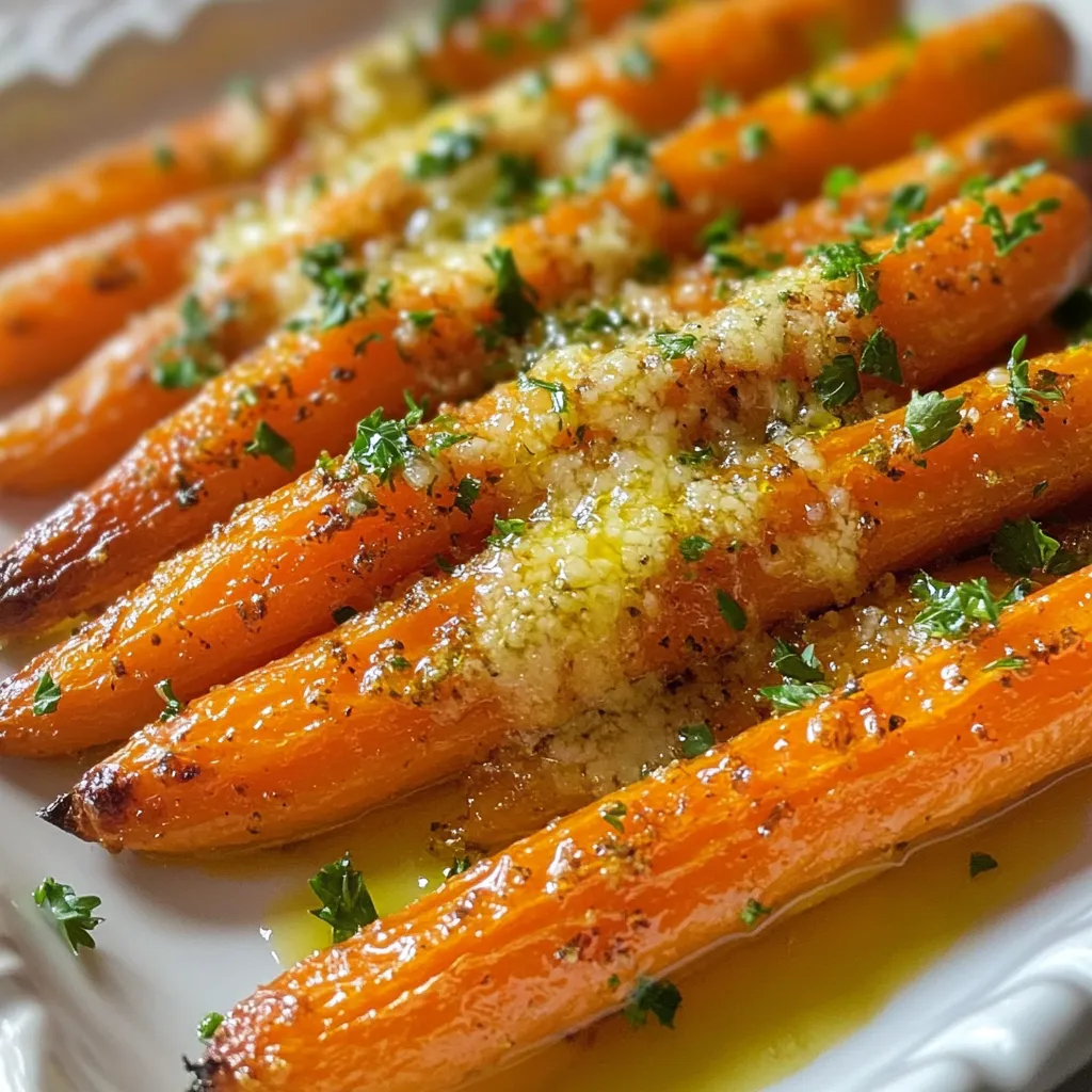 - 1 pound of baby carrots (or regular carrots, peeled and sliced) - 3 tablespoons of extra virgin olive oil - 4 cloves of garlic, finely minced - 1/2 cup of freshly grated Parmesan cheese - 1 teaspoon of dried Italian herbs (like oregano and thyme) - Salt and freshly ground black pepper, to taste - Fresh parsley, finely chopped (for garnish) - Baking sheet - Parchment paper - Large mixing bowl - Spatula or hands for tossing - Calories: 150 - Total Fat: 10g - Saturated Fat: 2g - Carbohydrates: 12g - Dietary Fiber: 3g - Sugars: 5g - Protein: 4g - Sodium: 200mg These ingredients make Garlic Parmesan Roasted Carrots a tasty side dish. The vibrant colors and flavors will make your meal stand out. By using fresh ingredients, you ensure great taste and nutrition. Each serving is packed with fiber and vitamins, making these carrots both healthy and delicious. {{ingredient_image_2}} Start by preheating your oven to 400°F (200°C). This step is key for even cooking. While the oven heats, line a baking sheet with parchment paper. This makes cleanup easy and keeps the carrots from sticking. In a large mixing bowl, combine 3 tablespoons of extra virgin olive oil and 4 finely minced garlic cloves. Add 1 teaspoon of dried Italian herbs, like oregano and thyme. Season this mix with a generous pinch of salt and freshly ground black pepper. Stir well to create a fragrant garlic oil mixture. Next, add 1 pound of baby carrots to the bowl. Toss them in the garlic oil mixture. Make sure every carrot gets coated evenly. Then, spread the carrots out on the baking sheet in a single layer. This ensures they roast evenly. Roast the carrots in the oven for 20 minutes. This brings out their natural sweetness. After 20 minutes, take the baking sheet out of the oven. Sprinkle 1/2 cup of freshly grated Parmesan cheese over the carrots. Make sure they are covered well. Return the baking sheet to the oven for another 10 minutes. The carrots should be fork-tender, and the cheese will be golden and bubbly. Once done, let them cool for a few minutes. Finally, garnish with finely chopped fresh parsley to add color and freshness. When choosing carrots, look for firm ones. They should feel heavy for their size. Bright orange color means they are fresh and sweet. Avoid carrots with soft spots or wrinkles. If using baby carrots, check for a smooth surface and no dark spots. Fresh carrots make a big difference in taste. Roasting carrots at 400°F (200°C) works well. This temperature caramelizes their sugars, enhancing sweetness. Make sure to spread them out in a single layer on the pan. Overcrowding leads to steaming, not roasting. Toss them halfway through cooking to ensure even browning. Timing is key, so set your timer for 20 minutes and check for doneness. The carrots should be fork-tender but still firm. Garlic and Parmesan create a great flavor combo. Use fresh garlic for the best taste. Mince it finely to release oils. Dried Italian herbs add depth, but you can mix it up. Try adding a pinch of red pepper flakes for heat or lemon zest for brightness. A sprinkle of salt and pepper rounds out the flavors. Remember, simple seasonings can elevate your dish! Pro Tips Use Fresh Garlic: Freshly minced garlic gives a more robust flavor compared to pre-minced options, enhancing the overall taste of your roasted carrots. Experiment with Cheese: While Parmesan is delicious, try mixing in other cheeses like Pecorino Romano or Gruyère for a unique twist on flavor. Don’t Overcrowd the Pan: Ensure the carrots are in a single layer on the baking sheet for even roasting and caramelization, preventing them from becoming soggy. Enhance the Garnish: Add a squeeze of fresh lemon juice over the roasted carrots just before serving for a bright finish that complements the rich flavors. {{image_4}} You can switch out baby carrots for other veggies. Try parsnips or sweet potatoes. Both give nice flavors and textures. If you use regular carrots, peel and slice them into sticks. This way, they will roast well and taste sweet. If you want to change the cheese, try using Pecorino Romano. It also adds a salty kick. For a dairy-free option, use nutritional yeast. It gives a cheesy flavor without dairy. You can sprinkle it on after roasting for a tasty touch. Want to spice things up? Add some red pepper flakes for heat. You can also mix in lemon zest for a fresh flavor. Fresh herbs like thyme or rosemary can make a big difference, too. Just toss them in with the carrots before roasting. To store leftover Garlic Parmesan Roasted Carrots, let them cool first. Place them in an airtight container. Make sure to keep them in the fridge. They will stay fresh for about 3 to 5 days. If you want to keep them longer, freezing is a great option. When you’re ready to eat the leftovers, preheat your oven to 350°F (175°C). Spread the carrots on a baking sheet. Heat them for about 10 to 15 minutes until warm. This helps keep them crispy and tasty. You can also use the microwave. Just heat in short bursts to avoid sogginess. You can freeze Garlic Parmesan Roasted Carrots for up to 3 months. First, let them cool completely. Then, place them in a freezer-safe bag. Remove as much air as possible before sealing. When you’re ready to use them, thaw in the fridge overnight. Reheat them in the oven for the best texture. You can use frozen carrots if you need to. However, fresh carrots yield the best taste and texture. Frozen carrots may have more water, affecting roasting. If using frozen, thaw them first and pat dry. These roasted carrots pair well with many dishes. They complement roasted chicken and grilled fish nicely. You can also serve them alongside pasta or a fresh salad. The flavors blend well with many meals. To make this recipe vegan, simply skip the Parmesan cheese. You can use nutritional yeast for a cheesy flavor. You can also try a vegan cheese that melts well, giving you a similar taste. Yes, you can use dried garlic in place of fresh garlic. Use about 1 teaspoon of garlic powder for every clove. Dried garlic will change the flavor slightly, but it will still taste good. We explored how to make Garlic Parmesan Roasted Carrots. I shared the best ingredients, equipment, and nutrition info. You learned a step-by-step guide to prepare them perfectly. I also gave tips on choosing and roasting carrots like a pro. Plus, you discovered variations to fit your taste. Now you can store and reheat leftovers with ease. Experiment with different flavors and enjoy a tasty dish. Cooking this recipe allows you to impress your family and friends. Happy cooking!