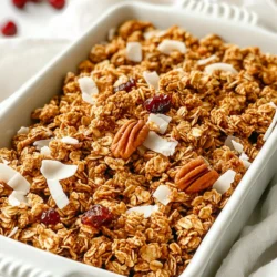 - 2 cups rolled oats - 1 cup pecans, coarsely chopped - 1/2 cup unsweetened shredded coconut - 1/4 cup sunflower seeds - 1/2 cup pure maple syrup - 1/4 cup coconut oil, melted - 1 teaspoon pure vanilla extract - 1/2 cup dried cranberries or raisins - Sea salt for flavor enhancement Gathering the right ingredients is key for great Maple Pecan Granola Clusters. You'll start with rolled oats, a staple in granola. They give a nice chewy texture. Next, the pecans add a rich, nutty flavor. I love coarsely chopping them for a mix of crunch and softness. Shredded coconut brings a slight sweetness and chewiness to the mix. Sunflower seeds add a bit of crunch and nutty flavor too. If you want a hint of salt, a touch of sea salt enhances all the flavors. For sweetness, pure maple syrup is essential. It gives a lovely, natural sweetness. Coconut oil, when melted, binds everything together and adds a light, tropical taste. Don't forget the pure vanilla extract! It adds depth and warmth. You can also add dried cranberries or raisins for a fruity twist. They bring a sweet burst in each bite. Adding sea salt is optional, but I find it makes each flavor pop. {{ingredient_image_2}} - Preheat your oven to 350°F (175°C). - Line a baking sheet with parchment paper. This helps with easy cleanup. - In a large bowl, combine: - 2 cups rolled oats - 1 cup pecans, coarsely chopped - 1/2 cup unsweetened shredded coconut - 1/4 cup sunflower seeds - 1/4 teaspoon sea salt - Stir everything well to mix the dry ingredients evenly. - In another bowl, whisk together: - 1/2 cup pure maple syrup - 1/4 cup melted coconut oil - 1 teaspoon pure vanilla extract - Make sure the mixture is smooth and well combined. - Gradually pour the wet mixture over the dry ingredients. - Use a rubber spatula to fold everything together. Coat the dry ingredients well. - Transfer the mixture to the baking sheet. Spread it evenly. - Press down firmly to form compact clusters. This helps them stick together. - Bake the granola for 20-25 minutes. - Stir the mixture halfway through. This ensures even baking. - Let the granola cool completely on the baking sheet. - Once cool, break it into clusters of your desired size. - Store your granola clusters in an airtight container. They stay fresh for up to two weeks. To make perfect clusters, press down firmly on the granola before baking. This helps the mix stick together. When you press it, you create a strong bond. This bond leads to big, crunchy clusters that taste amazing. After baking, let the granola cool completely on the sheet. This cooling time helps the clusters form and harden nicely. If you find the granola too sweet, you can adjust the maple syrup. Use less syrup for a milder sweetness. You can also add other ingredients like nuts or seeds. These add-ins can balance the sweetness and give more flavor. If you want, try using honey or agave syrup instead of maple syrup for a different taste. You can change up the nuts or seeds based on your taste. Try almonds, walnuts, or pumpkin seeds for new flavors. Adding spices can also enhance the taste. A dash of cinnamon or nutmeg gives warmth and depth. You can even mix in cocoa powder for a chocolatey twist. Be creative and make it your own! Pro Tips Use Fresh Ingredients: For the best flavor and texture, ensure your nuts and seeds are fresh. Stale ingredients can result in a less enjoyable granola. Customize Your Sweetness: If you prefer a sweeter granola, feel free to adjust the amount of maple syrup or add a touch of brown sugar to the wet mixture. Experiment with Mix-Ins: Get creative by adding other mix-ins like chocolate chips, different nuts, or seeds for a unique twist on your granola clusters. Storage Tips: For longer shelf life, consider refrigerating your granola clusters. This will keep them fresh and crunchy for up to a month! {{image_4}} You can still enjoy these tasty granola clusters if you have nut allergies. Simply swap the pecans with seeds like pumpkin or extra sunflower seeds. This keeps the crunch but makes it safe. You can add a bit more sunflower seeds to keep the flavor balanced. This nut-free version is just as yummy! Want a sweet twist? Add chocolate chips! After you bake the granola, let it cool for about 10 minutes. Then, gently fold in 1/2 cup of mini chocolate chips. The heat will slightly melt them, making for a gooey treat. This mix of flavors is sure to please any chocolate lover. You can change the taste of your granola with seasonal fruits or spices. In fall, add a teaspoon of cinnamon or nutmeg for warmth. In summer, mix in dried mango or strawberries for a fruity burst. You can also use apple pieces in the fall for extra sweetness. These small changes can make your granola feel fresh all year! To keep your Maple Pecan Granola Clusters fresh, store them in an airtight container. You can use glass jars, plastic bins, or resealable bags. Make sure the container seals well to keep out air and moisture. This method helps maintain their crunchy texture. Avoid storing granola in the pantry near heat sources. A cool, dry place works best. Keep them away from sunlight, as light can spoil the nuts and oils. When stored properly, these granola clusters last about two weeks at room temperature. After this time, they may lose their crunch. For the best taste, enjoy them within the first week. Monitor for any signs of spoilage, like a strange smell or taste. If you notice these, it’s best to toss them out. If you want to save some for later, freezing is a great option. To freeze them, follow these steps: 1. Allow the granola clusters to cool completely before freezing. 2. Place them in a freezer-safe bag or container. 3. Seal tightly, removing as much air as possible. Granola can last up to three months in the freezer. To use, take out a portion and let it thaw at room temperature. You can also warm them in the oven for a few minutes. This helps restore some of the crunchiness. To get that perfect crunch, you can use a few simple tricks: - Use less oil: Too much oil can make the clusters soft. Stick to the recipe’s amount. - Press firmly: When you spread the mixture on the baking sheet, press it down well. This helps form clusters. - Bake longer: Keep an eye on them, but a few extra minutes can add crunch. Just don't burn them! - Cool completely: Let the granola sit after baking. This cool-down time helps it crisp up nicely. Yes! You can add different fruits based on your taste. Here are some ideas: - Dried fruits: Try raisins, apricots, or cherries. They add sweetness. - Fresh fruits: Serve with fresh berries or banana slices. Add them right before eating. - Mix it up: You can even add a mix of dried and fresh fruits for more flavor. This recipe can be gluten-free with a few tweaks: - Use gluten-free oats: Make sure your oats are labeled gluten-free. Some oats may have traces of gluten. - Check other ingredients: Ensure your maple syrup and coconut oil are also gluten-free. - Alternative grains: You can try quinoa flakes instead of oats if you desire a different texture. There are many great ways to enjoy your granola clusters: - Breakfast option: Serve them with yogurt and fresh fruit for a filling breakfast. - Snack time: Enjoy them as a quick snack on their own. - Toppings: Sprinkle clusters on ice cream or smoothie bowls for added crunch. - Gift idea: Fill a jar with granola clusters and gift it to friends. They make a lovely treat! This blog post guides you through making tasty Maple Pecan Granola Clusters. We covered the main ingredients, step-by-step instructions, and helpful tips. You can mix it up with add-ins and variations to suit your taste. Remember to store your clusters well for freshness. Enjoy this simple, healthy snack anytime. With a little practice, you'll have a delicious treat ready to share or savor on your own. Happy baking!