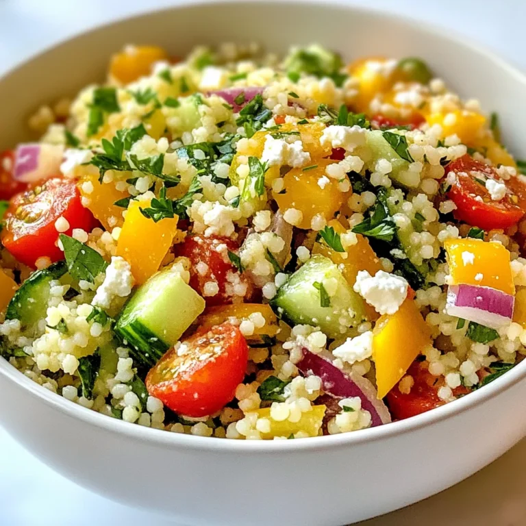 - 1 cup couscous - 1 ½ cups vegetable broth - 1 small cucumber, diced into small cubes - 1 cup cherry tomatoes, halved - ½ red onion, finely chopped - 1 bell pepper, diced - ¼ cup fresh parsley, finely chopped - ¼ cup fresh mint, finely chopped - Zest of 1 lemon - Juice of 1 lemon - 3 tablespoons extra virgin olive oil - Salt and black pepper to taste - Optional: Crumbled feta cheese for topping This salad is fresh and bright. You use simple ingredients that pack a punch. Couscous is the star here. It absorbs the broth well and gives a great base. Cucumber adds crunch. Cherry tomatoes bring sweetness. Red onion gives a little bite, while bell pepper adds more color and flavor. Fresh herbs like parsley and mint make the dish lively. For the dressing, you need lemon juice and zest. Olive oil ties it all together. A touch of salt and black pepper enhances each flavor. If you want creaminess, top with feta cheese. With these ingredients, you create a salad that is not just filling but also fun to eat. The balance of flavors makes it a great side or main dish. {{ingredient_image_2}} To start, I bring 1 ½ cups of vegetable broth to a boil in a medium saucepan. Once the broth boils, I stir in 1 cup of couscous. After that, I remove the saucepan from heat and cover it with a lid. I let it sit for about 5 minutes. This helps the couscous absorb all the broth. After 5 minutes, I use a fork to fluff the couscous, breaking up any clumps. I let it cool to room temperature while I prepare the other ingredients. Next, I prepare the fresh vegetables. I dice 1 small cucumber into small cubes. Then, I halve 1 cup of cherry tomatoes. After that, I finely chop ½ red onion and 1 bell pepper. I place all these vegetables in a large mixing bowl. I also add ¼ cup of chopped parsley and ¼ cup of chopped mint. I stir gently to mix everything together. Now it’s time for the dressing. In a small bowl, I whisk together the juice and zest of 1 lemon, along with 3 tablespoons of extra virgin olive oil. I add a pinch of salt and freshly ground black pepper to taste. This dressing brings a bright flavor to the salad. Once the couscous has cooled, I add it to the bowl with the mixed vegetables. I pour the lemon dressing over the salad. Then, I toss everything gently until all the ingredients are well combined and coated with the dressing. At this point, I taste the salad and adjust the seasoning if needed. If I want, I sprinkle crumbled feta cheese on top for extra flavor. To cook couscous, use vegetable broth for extra flavor. Bring the broth to a boil, then stir in the couscous. Remove it from heat and cover. Let it sit for about five minutes. This helps the couscous soak up all the flavors. To avoid clumps, fluff the couscous with a fork once it's cooled. This breaks up any bits stuck together. Make sure to let it cool completely before mixing it with veggies. You can add more herbs to boost flavor. Try dill, basil, or cilantro for a fresh twist. Spices like cumin or paprika can also enhance taste. For dressings, mix in some balsamic vinegar or yogurt for creaminess. You can also add nuts or seeds for a crunch. Consider adding avocado or olives for even more depth. Serve the salad in a big bowl or on individual plates. This makes it look inviting. You can garnish with lemon slices and fresh herbs on top. This adds color and makes the dish pop. Consider using a wide, shallow dish to show off those vibrant colors. Pro Tips Choose the Right Couscous: Use whole wheat couscous for a nuttier flavor and added fiber, or opt for regular couscous for a lighter texture. Fresh Herbs Matter: Always use fresh herbs like parsley and mint for the best flavor. Dried herbs can be substituted, but fresh provides a vibrant taste. Adjust Dressing to Taste: Feel free to tweak the lemon juice and olive oil ratio based on your preference for acidity and richness in the dressing. Make It Ahead: This salad tastes even better after a few hours in the fridge as the flavors meld. It's perfect for meal prep or picnics! {{image_4}} You can easily make this dish vegetarian by adding roasted vegetables. Roasted bell peppers, zucchini, or carrots add great taste. You can also substitute quinoa for couscous. Quinoa gives a nice nutty flavor and boosts protein. This choice makes the salad gluten-free too. To make this salad more filling, try adding protein. Incorporate chickpeas or beans for a great plant-based boost. These not only add protein but also fiber. You might also enjoy grilled chicken or shrimp. Both options pair well with the fresh flavors in this dish. Make this salad shine with seasonal vegetables. Use fresh corn in summer or butternut squash in fall. These changes give new flavors and colors. You can also adjust the dressing by adding seasonal fruits. Try diced apples in fall or juicy berries in summer. This keeps the dish fresh and exciting all year round. To keep your Lemon Herb Couscous Salad fresh, use an airtight container. Glass containers work well, but plastic ones are just fine too. Fill the container with the salad, then seal it tightly. Store it in the fridge for up to three days. The cold helps keep the flavors bright. You can freeze couscous salad, but it may change texture. If you want to freeze it, pack it in a freezer-safe bag. Remove as much air as you can before sealing. When you want to eat it, take it out and place it in the fridge overnight to thaw. Avoid reheating in the microwave; instead, let it sit at room temperature. Enjoy the fresh tastes! Yes, you can make this salad in advance. It saves time during busy days. To do this, prepare the couscous and mix the vegetables. Dress the salad only when you are ready to serve. This keeps it fresh and crunchy. Store it in an airtight container in the fridge. The salad stays tasty for up to three days. If you need a substitute, try quinoa or rice. Quinoa cooks quickly and adds protein. Use the same liquid ratio as couscous. For rice, use a 2:1 water to rice ratio. Cook it as per the package directions. Both options will work well in this salad. The salad lasts about three days in the fridge. Keep it in an airtight container to maintain freshness. If you added feta cheese, it may not last as long. Always check for any signs of spoilage before eating. Yes, this salad is vegan-friendly without the feta cheese. The base of couscous and vegetables is plant-based. If you want a creamy texture, you can use a vegan cheese instead. Feel free to add more veggies to make it heartier. This blog post has shown you how to make a delicious lemon herb couscous salad. You learned about the key ingredients, easy steps to prepare it, and tips to enhance its flavor. This salad is flexible with options for veggies and protein. Remember, you can enjoy it fresh or store leftovers for later. With these insights, I hope you feel inspired to create a colorful, tasty dish that fits any meal. Happy cooking!