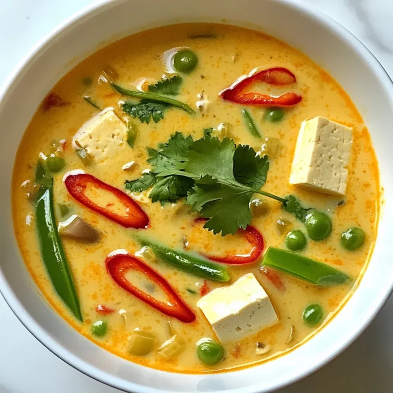 - 1 can (13.5 oz) coconut milk - 2 cups vegetable broth - 200g (7 oz) firm tofu, cubed The base of this soup is creamy coconut milk. It gives a rich and smooth texture. Vegetable broth adds depth and flavor. Firm tofu brings protein and a satisfying bite. - 1 tablespoon red curry paste - 1 tablespoon fresh ginger, minced - 3 cloves garlic, minced - 1 cup mushrooms, sliced (shiitake or button) - 1 red bell pepper, sliced into thin strips - 1 cup snap peas, trimmed and halved if large Red curry paste is key for that spicy kick. Fresh ginger and garlic bring warmth and zest. Mushrooms give a hearty feel, while bell pepper and snap peas add color and crunch. - 2 tablespoons fresh lime juice - 1 tablespoon soy sauce - Fresh cilantro, chopped, for garnish - Sliced red chili, for garnish (optional, adjust for your spice preference) - Salt, to taste Fresh lime juice brightens the flavors. Soy sauce adds umami. Cilantro gives a fresh note, and chili can heat things up. Finally, salt helps balance all these great tastes. {{ingredient_image_2}} - Sautéing aromatics: Start by heating a splash of olive oil in a large pot over medium heat. Add minced ginger and garlic. Sauté them for about 2 minutes until they smell great and turn a bit golden. This step builds a strong base for your flavors. - Incorporating curry paste: Next, stir in the red curry paste. Cook it for another minute. This helps the spices bloom and spread their delicious taste through the soup. - Adding liquids: Pour in the coconut milk and vegetable broth. Stir them together and bring the mix to a gentle simmer. This creates a rich and creamy base for your soup. - Introducing tofu and mushrooms: Carefully add cubed tofu and sliced mushrooms to the pot. Let them cook for about 5 minutes. The mushrooms will become tender, adding a nice texture to your soup. - Adding vegetables: Gently fold in the sliced red bell pepper and snap peas. Let the soup simmer for an extra 3-4 minutes. This keeps the snap peas bright and fresh, adding color and crunch. - Adjusting seasoning: Finally, stir in fresh lime juice and soy sauce. Taste your soup and add salt if needed. The lime juice adds a zing, making every bite exciting. Serve the soup hot in bowls. Garnish with fresh cilantro and a few slices of red chili for those who want more spice. Enjoy your flavorful comfort in a bowl! Finding Thai ingredients can be fun and rewarding. Local Asian markets often have the best selection. You can also check online stores that specialize in international foods. If you can't find red curry paste, use a mix of chili powder and some ginger. This won't give you the same taste, but it works in a pinch. To change the heat level, adjust the red curry paste. Start with a small amount and add more if you like it spicier. If you want it milder, use less paste. Fresh chilis are another great option. Slice them thin and add them to your soup for a nice kick. For less heat, remove the seeds before adding them. To make your soup even better, try sautéing the ginger and garlic longer. This brings out their full flavor. When serving, drizzle a bit of coconut milk on top for a nice look. You can also add lime wedges on the side. This way, each person can add more lime juice if they want. It makes for a fun and fresh twist! Pro Tips Use Fresh Ingredients: Fresh vegetables and herbs can significantly enhance the flavor of your soup. Opt for seasonal produce whenever possible. Adjust Spice Levels: If you prefer a milder soup, start with half the amount of red curry paste and gradually add more to taste. Texture Variation: For added texture, consider roasting or grilling the tofu before adding it to the soup. This will give it a nice, crispy exterior. Garnish Creatively: Beyond cilantro and chili, try adding sliced green onions, sesame seeds, or a drizzle of chili oil for an extra pop of flavor and color. {{image_4}} You can make Spicy Thai Coconut Soup vegan by using tempeh instead of tofu. Tempeh adds a nice texture and protein. You can also swap coconut milk with almond milk or soy milk for a lighter option. Adjust the flavors with extra spices to keep it rich. Feel free to add seasonal vegetables to the soup. Carrots, zucchini, or bok choy work great. You can mix and match based on your taste. This allows you to create your own unique version. Plus, it boosts the nutrition! If you want a lighter soup, use more vegetable broth and less coconut milk. You can adjust the liquid ratios to your liking. A brothier version keeps the soup refreshing. This flexibility lets you enjoy the dish in different ways. To store soup in the refrigerator, let it cool for a bit. Pour it into an airtight container. This will keep it fresh for up to five days. If you want to freeze it, choose a freezer-safe container. Leave some space at the top since the soup will expand. It can last in the freezer for about three months. The best methods for reheating are on the stove or in the microwave. If using the stove, heat it slowly over medium heat. Stir often to mix the flavors. In the microwave, heat in short bursts. Stir between each burst to avoid hot spots. To keep the texture, avoid boiling the soup. The soup lasts about five days in the fridge. Always check for signs of spoilage. If it smells off or has changed color, it’s time to toss it. Also, look for mold or an odd texture. If you see any of these signs, do not eat it. Yes, you can use coconut cream instead of coconut milk. Coconut cream is thicker and richer. It has more fat and gives a creamier texture. If you want a lighter soup, stick with coconut milk. For a richer flavor, choose coconut cream. You can also mix both for a perfect balance. To store leftover soup, let it cool first. Then, pour it into an airtight container. You can keep it in the fridge for up to three days. For longer storage, freeze it in portions. Use freezer-safe bags or containers. Label them with the date for easy tracking. Yes, you can make this soup in advance. Prepare it up to the point of adding fresh veggies. Store it in the fridge for a day or two. When ready to eat, heat it gently on the stove. Add the vegetables just before serving for freshness. Yes, this soup can be gluten-free. Use gluten-free soy sauce or tamari. The other ingredients like coconut milk, tofu, and veggies are naturally gluten-free. Always check labels to ensure there are no hidden gluten sources. Enjoy this soup worry-free! You now have a full guide to making Spicy Thai Coconut Soup. We covered the key ingredients, from coconut milk to fresh veggies. You learned how to prepare the soup, build flavors, and finish it off with garnishes. I shared tips for sourcing ingredients and making it just right for your taste. Incorporate these steps to cook a delicious meal. Personalize your soup for any occasion. Enjoy the flavors and warmth it brings to your table. Happy cooking!