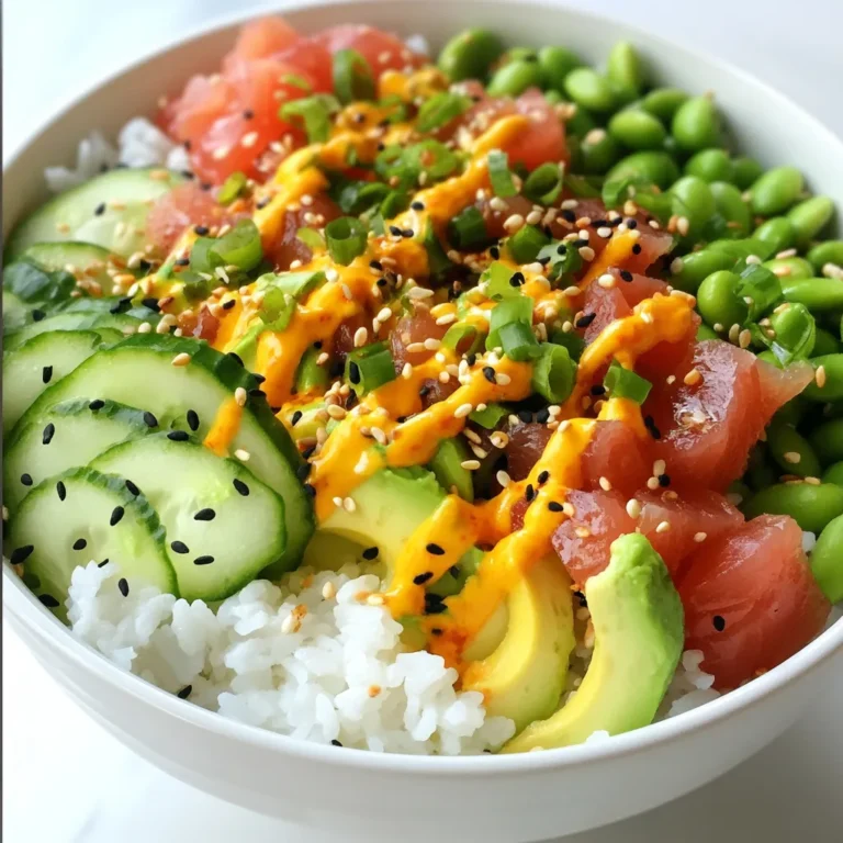 - 1 cup sushi rice - 1 1/2 cups water - 1 tablespoon rice vinegar - 1 tablespoon sugar - 1/2 teaspoon salt - 8 oz sushi-grade tuna, diced - 1 tablespoon mayonnaise (preferably Kewpie) - 1 tablespoon sriracha (adjust to taste) - 1/2 avocado, sliced - 1/2 cucumber, thinly sliced - 1/4 cup edamame, shelled and cooked - 1 tablespoon sesame seeds - 2 green onions, finely chopped - Seaweed sheets (for garnish) - Soy sauce (for drizzling) This bowl serves two. Each serving has about: - Calories: 450 - Protein: 30g - Carbohydrates: 50g - Fat: 15g - Fiber: 6g - Sugar: 3g This mix of ingredients makes a balanced dish. You get protein from tuna and healthy fats from avocado. The rice gives you energy, while veggies add vitamins. Each bite is tasty and good for you! {{ingredient_image_2}} To make the sushi rice, start by rinsing 1 cup of sushi rice under cold water. Keep rinsing until the water runs clear. This step helps remove excess starch. Next, drain the rice well. In a medium saucepan, combine the rinsed rice with 1 1/2 cups of water. Bring it to a boil over medium-high heat. Once boiling, turn the heat down to low. Cover the pan and let it simmer for 18-20 minutes. The rice should be tender, and all the water will absorb. After cooking, let it rest, still covered, for another 10 minutes. This helps to finish the cooking process. Now, let’s prepare the sushi vinegar mixture. In a small bowl, mix together 1 tablespoon of rice vinegar, 1 tablespoon of sugar, and 1/2 teaspoon of salt. Whisk these ingredients until the sugar and salt dissolve completely. Once the rice has rested, transfer it to a large bowl. While the rice is warm, drizzle the sushi vinegar mixture over it. Gently fold the rice using a wooden spoon or spatula. Be careful not to crush the grains. Allow the rice to cool to room temperature before you use it. In a separate bowl, combine 8 oz of diced sushi-grade tuna with 1 tablespoon of mayonnaise and 1 tablespoon of sriracha. Mix well until the tuna is fully coated. Feel free to adjust the sriracha to match your spice level. Now, it’s time to assemble your spicy tuna sushi bowl. Start by placing a scoop of cooled sushi rice in a serving bowl. Top it with the spicy tuna mixture. Add slices of 1/2 avocado, thinly sliced cucumber, and 1/4 cup of cooked edamame. For a finishing touch, sprinkle 1 tablespoon of sesame seeds on top and garnish with finely chopped green onions. If you like, you can also add strips of seaweed around the edges and drizzle some soy sauce on top for extra flavor. Enjoy! To cook sushi rice well, start by rinsing it. Rinse until the water runs clear. This step removes excess starch. Next, use a medium saucepan. Combine 1 cup of sushi rice with 1 1/2 cups of water. Bring it to a boil on medium-high heat. Once boiling, lower the heat and cover the pan. Let it simmer for 18-20 minutes. After that, let it sit for 10 minutes. This resting time helps the rice become fluffy and soft. When making spicy tuna, you control the heat. Start with 1 tablespoon of sriracha. Mix it into the diced tuna and mayonnaise. Taste your mix after stirring. If you want more heat, add extra sriracha little by little. This way, you find the right spice for your taste. Remember, you can always add more, but you can't take it away! Make your sushi bowl look appealing! Use deep bowls for a layered effect. Start with a scoop of sushi rice at the base. Then, add the spicy tuna mixture on top. Next, add avocado slices, cucumber, and edamame. Sprinkle sesame seeds for crunch. Finally, garnish with chopped green onions. If you like, add seaweed strips around the edges. This adds color and flair. Serve with chopsticks for a fun touch! Pro Tips Use Quality Tuna: Always choose sushi-grade tuna from a reputable source to ensure safety and flavor. Freshness is key for the best taste. Perfect Rice Texture: Rinse the sushi rice thoroughly until the water runs clear to achieve the right sticky consistency. This helps the grains hold together well. Adjust Spice Levels: Feel free to modify the amount of sriracha in the spicy tuna mixture to suit your heat preference. Start with less and gradually add more. Garnish Creatively: Enhance presentation by using colorful toppings like radishes or pickled ginger. A beautiful bowl makes the meal even more enjoyable. {{image_4}} You can switch up the protein in your sushi bowl. Try salmon for a rich flavor. Shrimp also works well, especially if you cook it first. For a fun twist, use crab meat or even tofu. You can marinate these proteins for extra taste. If you prefer a plant-based meal, skip the fish. Use marinated tofu or tempeh instead. You can add more veggies like bell peppers or carrots. Avocado makes a great creamy base, too. Don’t forget to include some seaweed for that sushi feel! To elevate your sushi bowl, try adding unique flavors. Mango adds sweetness that pairs well with spicy tuna. Pickled ginger gives a zesty kick that brightens the dish. You can also sprinkle some chili flakes for extra heat. Experiment with different sauces like ponzu or sesame oil for depth. To keep your spicy tuna sushi bowl fresh, place leftovers in an airtight container. This keeps air out and helps maintain flavor. Store the bowl in the fridge for up to two days. If you have any toppings like avocado or cucumber, keep them separate. This prevents them from getting mushy. Sushi rice can harden in the fridge. To reheat, sprinkle a little water over the rice. Then, cover it with a damp paper towel. Microwave it for 30 seconds, then check if it's warm. If not, heat for another 15 seconds. Avoid microwaving the tuna mixture, as it tastes best cold. - Sushi rice: Uncooked rice lasts indefinitely in a cool, dry place. Cooked sushi rice is best eaten within three days. - Sushi-grade tuna: Use within two days of purchase. If frozen, it can last up to six months. - Vegetables: Avocado and cucumber stay fresh for two to three days. Use them quickly to enjoy their best taste. - Sriracha and mayonnaise: Both can last for several months unopened. Once open, use within a month for the best flavor. Proper storage and handling keep your spicy tuna sushi bowl delicious and safe to eat! A spicy tuna sushi bowl is a mix of sushi rice and fresh tuna. You add spicy mayo and fresh veggies for flavor. This dish is easy to make and full of taste. It’s a fun way to enjoy sushi without rolling it. You’ll love the bright colors and bold flavors. Yes, you can use canned tuna. However, it will change the taste and texture. Canned tuna is softer and less fresh. Sushi-grade tuna is raw and has a firmer bite. If you use canned, try to pick a good quality brand. It may be best to skip the spicy mayo and focus on other fresh toppings. Sushi rice is the best choice. It is sticky and holds shape well. Look for short-grain or medium-grain rice. These types create the perfect texture for sushi. You can also use sushi rice blends for a twist. Always rinse your rice before cooking to remove the starch. This article covered the key steps to make a spicy tuna sushi bowl. We discussed essential ingredients and garnishes. I shared how to prepare sushi rice and mix in the tuna. You learned tips for a perfect sushi bowl and various protein options. Remember, leftovers can be stored safely for future meals. I hope you feel ready to create your own delicious bowl. Enjoy this fun cooking adventure and personalize it to your taste!