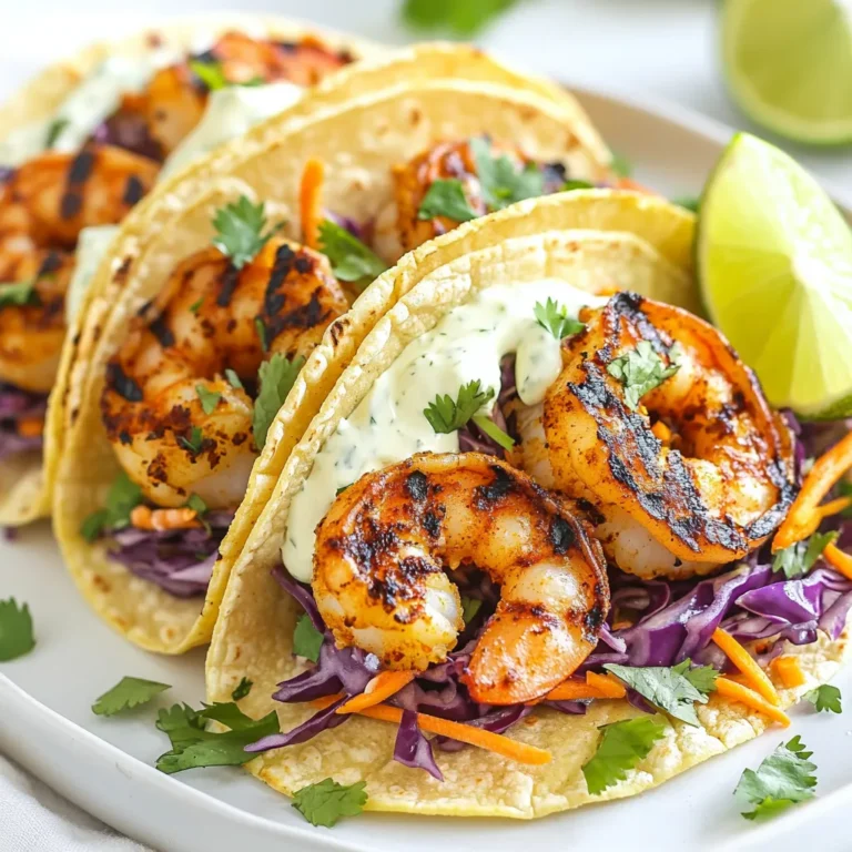 - 1 pound large shrimp, peeled and deveined - 2 tablespoons olive oil - 1 tablespoon chili powder - 1 teaspoon smoked paprika - 1/2 teaspoon cayenne pepper - 1 teaspoon garlic powder - Sea salt and freshly ground black pepper to taste - 8 small corn tortillas - 1 cup purple cabbage, finely sliced - 1/2 cup carrots, grated - 1/4 cup fresh cilantro, coarsely chopped - 1/4 cup mayonnaise - 2 tablespoons freshly squeezed lime juice - 1 teaspoon honey for sweetness - Lime wedges for serving Gather these items to make your Spicy Shrimp Tacos with Lime Slaw. Each ingredient plays a key role. The shrimp gives a tasty base, while the spices add heat. The corn tortillas provide a sturdy vessel for all the flavors. The lime slaw adds crunch and zest. For an extra touch, consider adding honey and lime wedges. These optional ingredients can enhance your dish. Enjoy the process of cooking with these fresh components! {{ingredient_image_2}} - Preparing the marinade: Start by mixing 2 tablespoons of olive oil, 1 tablespoon of chili powder, 1 teaspoon of smoked paprika, 1/2 teaspoon of cayenne pepper, 1 teaspoon of garlic powder, sea salt, and black pepper in a medium bowl. This mix gives the shrimp a bold flavor. - Coating the shrimp: Add 1 pound of peeled and deveined shrimp to the marinade. Toss until each shrimp is well coated. Let them sit for about 15 minutes so they soak up the flavors. - Mixing the slaw ingredients: In a large bowl, combine 1 cup of finely sliced purple cabbage, 1/2 cup of grated carrots, and 1/4 cup of coarsely chopped cilantro. This gives a fresh crunch to the tacos. - Preparing the dressing: In a small bowl, mix 1/4 cup of mayonnaise, 2 tablespoons of freshly squeezed lime juice, and 1 teaspoon of honey if you like it sweet. Pour this dressing over the slaw and toss until everything is coated. - Grilling the shrimp: Heat your grill or skillet to medium-high heat. Once hot, add the marinated shrimp. Cook for about 2-3 minutes on each side until they turn pink and opaque. This shows they are ready to eat. - Warming the corn tortillas: While the shrimp cooks, warm 8 small corn tortillas on the grill or in a skillet for about 30 seconds on each side. This makes them soft and tasty. - Layering shrimp and slaw: Take a warm tortilla and lay a few cooked shrimp in the center. Top it with a generous scoop of the lime slaw. - Adding garnishes and serving: Squeeze extra lime juice over the tacos for a zesty kick. Serve immediately with lime wedges on the side for extra flavor. Enjoy your delicious spicy shrimp tacos! - Adjusting spice levels: To make your shrimp just right, start with the basic spice mix. If you want more heat, add more cayenne pepper. For less spice, cut back on the cayenne and chili powder. Taste the marinade before adding the shrimp. This way, you can find the perfect balance for you. - Cooking times for shrimp: The key to great shrimp is not to overcook them. Cook the shrimp for about 2-3 minutes on each side. They should turn pink and opaque. If you cook them too long, they can become tough. Keep a close watch! - Adding toppings and garnishes: You can boost the flavor of your tacos with extra toppings. Try adding sliced avocado, diced tomatoes, or crumbled queso fresco. Fresh cilantro on top adds color and taste. Don't forget lime wedges for that zesty kick! - Using fresh ingredients: Fresh ingredients make a big difference. Use fresh lime juice instead of bottled juice for a brighter taste. Choose crisp cabbage and vibrant carrots for the slaw. These fresh elements will enhance every bite. - Side dishes that complement tacos: Tacos pair well with sides. Try serving them with black beans or Mexican rice. A simple corn salad can also add a nice touch. These sides round out your meal and add variety to your plate. - Beverage pairings: To drink, consider light beverages. A cold cerveza or a refreshing margarita works well. If you prefer non-alcoholic, try sparkling water with lime. These drinks will enhance the meal and keep it fun! Pro Tips Marinate for Maximum Flavor: Allow the shrimp to marinate for at least 15 minutes, but if you have more time, up to an hour will enhance the flavors even further. Choose the Right Tortillas: Opt for small, fresh corn tortillas for the best flavor and texture. If you can, warm them directly on the grill for a slightly smoky taste. Customize Your Spice Level: Adjust the amount of cayenne pepper in the marinade according to your heat preference. Start with less if you're unsure, as you can always add more later. Fresh Ingredients Matter: Use freshly squeezed lime juice and fresh cilantro for the slaw to enhance the overall freshness and flavor of the tacos. {{image_4}} You can swap shrimp for chicken or fish. Just use the same marinade. For beef lovers, ground beef works well too. If you want a vegetarian option, try black beans or grilled veggies. These choices still pack flavor and can keep the meal exciting. Change the slaw by using green cabbage or napa cabbage. You can also add radishes or bell peppers for crunch. For a sweet twist, mix in diced mango or pineapple. This adds a nice contrast to the spicy shrimp and makes the dish pop. Corn tortillas are traditional, but flour tortillas are soft and easy to fold. You can also make your own tortillas at home. Just mix flour, water, and a pinch of salt. Roll them out and cook on a hot skillet. Homemade tortillas can elevate your taco experience! To keep your shrimp fresh, store it in an airtight container. Place it in the fridge. Enjoy the shrimp within two days for the best taste. For the lime slaw, use another airtight container. The slaw stays fresh for up to three days. Keep it separate from the shrimp to avoid sogginess. When reheating your tacos, use a skillet. Heat it over medium-low heat. Place the tacos in the skillet, cover them, and warm for about five minutes. This method keeps the shrimp juicy and the tortillas soft. You can also reheat the shrimp separately. Just warm it in the skillet for a couple of minutes. To freeze marinated shrimp, place it in a freezer bag. Remove as much air as possible before sealing. This keeps the shrimp from getting freezer burn. For best results, use it within three months. To thaw, place the shrimp in the fridge overnight. You can cook it straight from frozen, but it may take a few extra minutes to cook through. Marinate shrimp for about 15 minutes. This time is enough for the flavors to soak in. If you marinate longer, the shrimp may become too soft. Always keep shrimp in the fridge while marinating. This keeps them fresh and safe to eat. Yes, you can prepare some parts ahead. Marinate the shrimp a few hours before cooking. You can also make the lime slaw in advance. Store it in the fridge until you're ready to serve. Warm the tortillas and cook the shrimp just before eating. This keeps everything fresh and tasty. If you want a mayo substitute, try Greek yogurt. It gives a nice creaminess and tang. You could also use avocado for a rich flavor. Another option is sour cream, which adds a nice touch. Choose what fits your taste best! Spicy shrimp tacos are a tasty dish with a few simple steps. You start by marinating the shrimp and preparing lime slaw. After grilling, layer the shrimp and slaw in warm tortillas. Remember, you can adjust spice levels and try different fillings. To keep them fresh, store leftovers well, and they've got great meal prep options. Enjoy creating these flavorful tacos. They are sure to impress anyone who takes a bite!