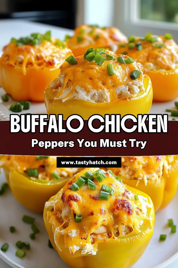 Discover the ultimate Buffalo Chicken Stuffed Peppers recipe that combines savory flavors and a spicy kick! These stuffed bell peppers are filled with shredded chicken, creamy cheese, and zesty buffalo sauce, making them a delicious addition to your dinner rotation. Perfect for a quick weeknight meal or a delicious appetizer. Try this spicy chicken stuffed peppers dish today and elevate your buffalo sauce recipes! Save this creamy cheese stuffed peppers recipe for later! #BuffaloChicken #StuffedPeppers #SpicyRecipes #DinnerIdeas