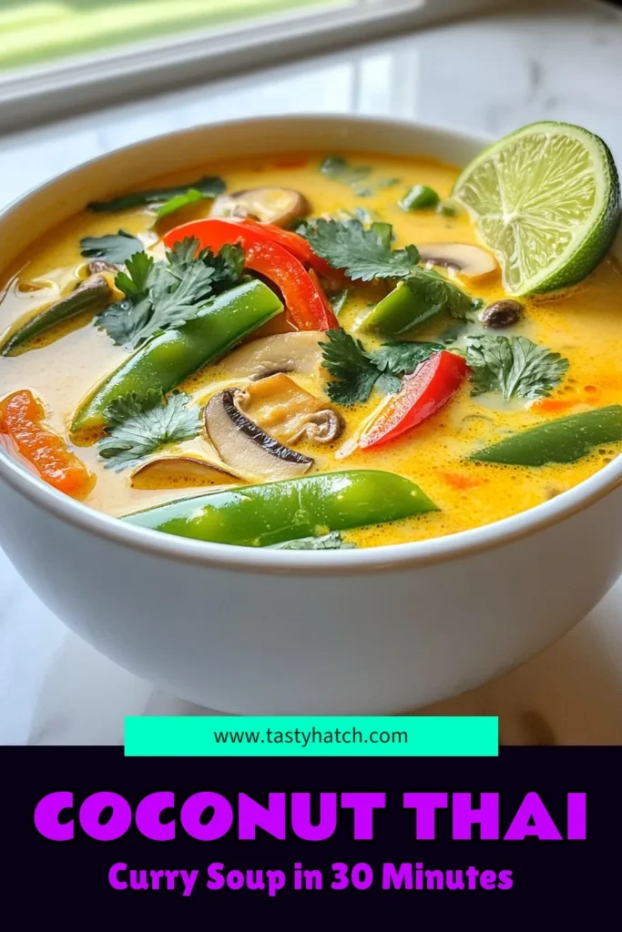 Discover the vibrant flavors of Coconut Thai Curry Soup with this easy Thai coconut soup recipe! This vegetarian curry soup combines creamy red curry soup with coconut milk and fresh veggies, creating a healthy Thai soup recipe that warms the soul. Perfect for a cozy night in, this dish can also be served with rice or quinoa. Dive into this delicious meal and save the recipe for later! #CoconutThaiCurrySoup #ThaiCoconutSoupRecipe #VegetarianCurrySoup #HealthyThaiSoupRecipe