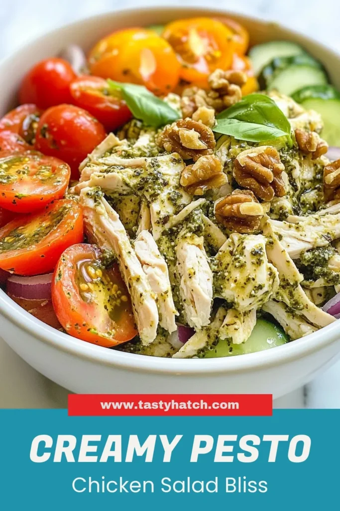 Discover the ultimate creamy pesto chicken salad that&rsquo;s perfect for your summer gatherings! This healthier twist combines shredded chicken, Greek yogurt, and vibrant veggies for a delicious and easy chicken salad recipe. Perfect for meal prep and packed with flavor, this Greek yogurt pesto salad is sure to become a staple in your healthy chicken salad recipes. Try this delightful salad today! #CreamyPestoChickenSalad #HealthyRecipes #SummerSaladIdeas #EasyChickenSalad