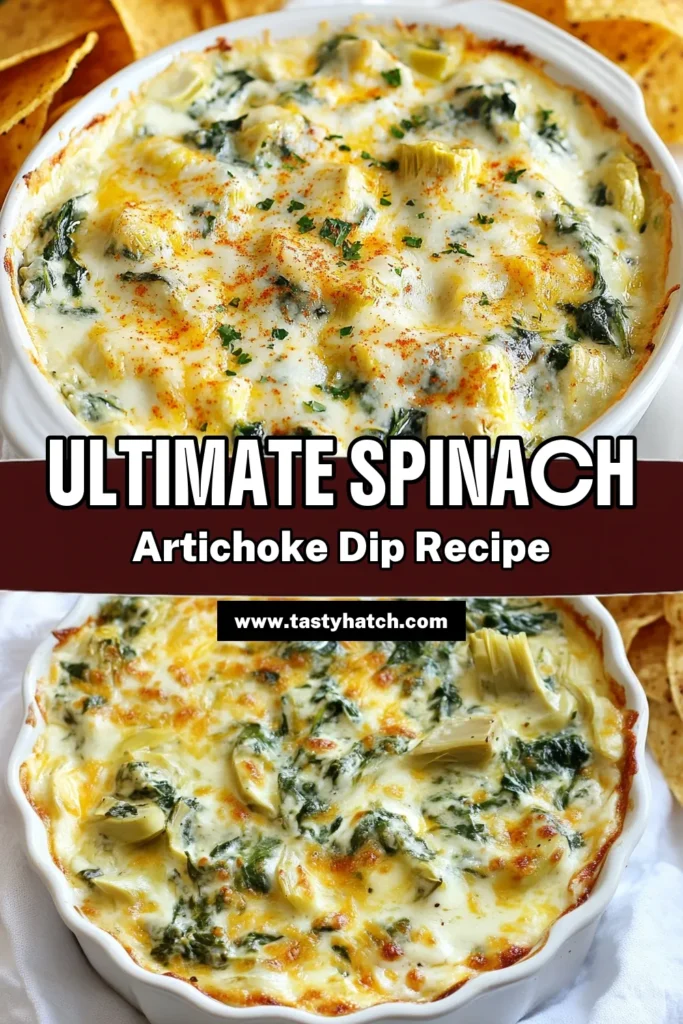 Indulge in this Creamy Spinach Artichoke Dip, a must-try Easy Spinach Artichoke Dip recipe that’s perfect for parties! This Cheesy Spinach Dip Recipe features frozen spinach and artichoke hearts, blended with rich cream cheese and mozzarella, then baked to bubbly perfection. It’s a delightful vegetarian dip that everyone will love. Don’t miss out—save this Baked Spinach and Artichoke Dip for your next gathering! #SpinachArtichokeDip #VegetarianRecipes #CheesyDip #EasyRecipes