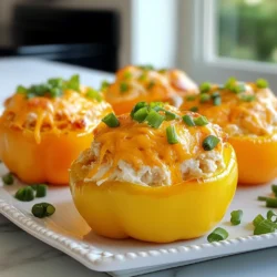 - 4 large bell peppers - 2 cups cooked chicken, shredded - 1/2 cup buffalo sauce - 1/2 cup cream cheese, softened - 1 cup shredded cheddar cheese - 1/2 cup green onions, chopped - 1/4 cup ranch dressing (optional) To make these buffalo chicken stuffed peppers, you need fresh bell peppers. I like to choose red, yellow, or green for color. Use cooked chicken, which can be shredded rotisserie chicken or any leftover chicken. Buffalo sauce adds spice and flavor. Cream cheese makes the filling creamy. Shredded cheddar cheese creates a tasty topping. Green onions add a nice crunch. If you like ranch dressing, drizzle it on top for extra flavor. - Salt - Freshly ground black pepper - Ranch dressing (for drizzling) Don't forget to season your filling. Salt and freshly ground black pepper will bring out all the flavors. Adding ranch dressing is optional, but it gives a cool contrast to the spicy filling. {{ingredient_image_2}} - Preheating the Oven First, set your oven to 375°F (190°C). This step ensures it’s hot when your dish goes in. - Preparing the Bell Peppers Next, take four large bell peppers. You can choose any color you like. Cut the tops off and remove the seeds. Make sure the peppers stay whole. Place them upright in a baking dish. They should fit snugly to hold the filling well. - Combining Ingredients In a big bowl, mix two cups of shredded chicken with half a cup of buffalo sauce. Add half a cup of softened cream cheese and one cup of shredded cheddar cheese. Toss in half a cup of chopped green onions. Stir the mix until it’s all creamy and well combined. - Adjusting Seasonings Taste your mixture now. Add salt and freshly ground black pepper to fit your taste. This step is key for the best flavor. - Stuffing the Peppers Stuff each bell pepper with the buffalo chicken mix. Press down gently to pack them well. Be careful not to overfill them. - Covering and Baking To keep moisture in, cover the baking dish loosely with aluminum foil. Place it in your preheated oven and bake for 25 minutes. - Finishing Touches After 25 minutes, take off the foil. Bake for another 10-15 minutes. You want the cheese on top to be bubbly and golden brown. When done, let the peppers cool for a few minutes. If you like, drizzle ranch dressing on top for extra flavor. Choosing the Right Peppers Select large bell peppers for stuffing. They hold the filling well. You can choose red, yellow, green, or orange peppers. Each color offers a different taste. Red peppers are sweet, while green peppers have a slight bite. Adjusting Spice Levels You can change the spice level by altering the buffalo sauce. Use less sauce for milder flavors. For more heat, add extra sauce or use a spicier brand. Taste the filling before stuffing to ensure it suits your preference. Plating Techniques When serving, use a colorful platter for a fresh look. Place the stuffed peppers upright. This makes them stand out. You can also arrange them in a circle for a fun presentation. Garnishing for Presentation Garnish with extra green onions on top. This adds color and freshness. A drizzle of ranch dressing enhances the flavor and looks great on the plate. You can also add a few sprigs of cilantro for extra flair. Recommended Bakeware Use a sturdy baking dish that fits the peppers snugly. This helps them hold their shape while baking. A glass or ceramic dish works well. It distributes heat evenly to cook the peppers perfectly. Tools for Efficient Preparation Gather a sharp knife, cutting board, and mixing bowl. These tools help you prep quickly. A spoon or spatula is great for mixing the filling. Keep measuring cups handy for precise ingredient amounts. Pro Tips Choose Colorful Peppers: Using a mix of bell pepper colors not only makes the dish visually appealing but also adds a variety of flavors. Adjust Spice Level: Feel free to modify the amount of buffalo sauce based on your spice tolerance. Start with less and add more to taste! Double the Filling: Make extra filling and use it as a dip for veggies or chips. It’s a great way to use any leftovers! Let it Rest: Allow the stuffed peppers to cool for a few minutes after baking. This helps the flavors meld and makes them easier to handle. {{image_4}} Alternative Proteins If you want to change the protein, try using ground turkey or tofu. Both options work well. Ground turkey gives a leaner choice, while tofu offers a plant-based option. You can also use canned chicken for quick prep. Dairy-Free Options For a dairy-free twist, replace cream cheese with cashew cream or dairy-free cream cheese. You can also use nutritional yeast for a cheesy flavor without dairy. This makes it friendly for those with lactose issues. Adding Vegetables You can boost nutrition by adding finely chopped veggies. Spinach, zucchini, or mushrooms mix well into the filling. They add moisture and flavor without overpowering the dish. Just sauté them lightly before mixing. Different Sauces To spice things up, try different sauces like barbecue or teriyaki. Each sauce gives a unique twist. You can also mix buffalo sauce with ranch for a creamy, tangy kick. Experiment with flavors to find your favorite combo. Slow Cooker Version For a slow cooker version, mix all filling ingredients and stuff the peppers as usual. Place them upright in the slow cooker. Cook on low for 4-6 hours. This method makes the peppers very tender and allows flavors to meld nicely. Air Fryer Instructions If you prefer the air fryer, preheat it to 350°F. Stuff and place the peppers in the basket. Cook for about 12-15 minutes. This method gives a nice crisp to the cheese on top while keeping the filling moist. - Use airtight containers for best results. - Glass or plastic containers work great. - Store in the fridge for up to 3 days. - To freeze stuffed peppers, wrap each one tightly in plastic wrap. - Place wrapped peppers in a freezer bag or container. - They can last up to 3 months in the freezer. - To reheat, bake straight from frozen at 375°F (190°C). - Cover with foil and heat for about 30-40 minutes. - Remove the foil to brown the cheese for the last 10 minutes. Can I use frozen chicken? Yes, you can use frozen chicken. Just thaw it first. Cook the chicken until it's safe to eat. Shred it, then mix it with the other ingredients. How do I make it less spicy? To reduce the heat, use less buffalo sauce. You can also mix in some cream cheese or ranch dressing. These will tone down the spice while keeping the flavor. What can I serve with stuffed peppers? Stuffed peppers are great on their own. You can pair them with a side salad or some garlic bread. Rice or quinoa works well too. Caloric Content per Serving Each stuffed pepper has about 400 calories. This can vary based on the size of the pepper and the amount of cheese. Nutritional Benefits of Ingredients - Bell Peppers: High in vitamins A and C, good for skin health. - Chicken: A great source of lean protein. - Cream Cheese: Adds a creamy texture and flavor. - Cheddar Cheese: Provides calcium and flavor. - Green Onions: Low in calories and add vitamins K and C. Can I add more vegetables to the filling? Absolutely! You can add diced tomatoes, corn, or spinach. These will add flavor and nutrients. Just chop them small, so they mix well. What other cheeses work well? You can use mozzarella or pepper jack for a different taste. Feta cheese adds a nice flavor too. Choose what you like best! This blog post covered how to make Buffalo Chicken Stuffed Peppers. We discussed all the main ingredients, from bell peppers to cream cheese. You learned how to prep, mix, and bake these tasty treats. I shared tips for perfecting your dish, serving suggestions, and variations to try. Lastly, we looked at storage and answered common questions. With this knowledge, you're all set to impress with your stuffed peppers. Enjoy experimenting and happy cooking!