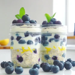 - 1 cup rolled oats - 1 cup almond milk (or any milk of your choice) - 1/2 cup plain Greek yogurt - 1/2 cup fresh blueberries (plus extra for topping) - 1 tablespoon honey (or maple syrup, for a vegan option) - Zest of 1 lemon - 1 tablespoon freshly squeezed lemon juice - 1/2 teaspoon pure vanilla extract - Pinch of salt You can swap rolled oats for quick oats if you prefer. Just note that quick oats soak up liquid faster. Almond milk is flexible; use any milk you like, such as cow's milk or oat milk. If you want a vegan option, replace Greek yogurt with coconut yogurt. Maple syrup can replace honey for a sweet touch. Adjust the lemon juice and zest to taste if you like a stronger lemon flavor. - Rolled oats: High in fiber, they help keep you full and support digestion. - Almond milk: Low in calories and dairy-free, it’s great for lactose intolerant folks. - Greek yogurt: Packed with protein, it helps with muscle repair and keeps you satisfied. - Fresh blueberries: Rich in antioxidants, they support heart health and lower inflammation. - Honey: A natural sweetener, it offers quick energy and has antibacterial properties. - Lemon zest and juice: They add vitamin C, boost your immune system, and add a bright flavor. - Vanilla extract: It enhances taste and has calming effects. - Salt: A pinch helps balance flavors and brings out the sweetness in other ingredients. These ingredients work together to make a tasty and healthy breakfast that fuels your day! Start by gathering your rolled oats, almond milk, Greek yogurt, and honey. In a bowl or jar, mix these ingredients. Stir gently to blend them well. This forms the base of your overnight oats. The oats will soak up the liquid, becoming soft and creamy overnight. Next, add the fresh blueberries, lemon zest, lemon juice, vanilla extract, and a pinch of salt. Gently fold these items into the oat mixture. This step brings bright flavors to your dish. The blueberries give sweetness, while the lemon adds a fresh zing. Cover the bowl with a lid or wrap the jar with plastic. Place it in the fridge overnight, or at least for 4 hours. This time allows the oats to absorb the flavors and liquid. You’ll wake up to a tasty breakfast ready to eat. When morning arrives, take the oats out of the fridge. Give the mixture a good stir to combine everything again. If it seems too thick, add a splash of almond milk. This will help reach your desired texture for a creamy breakfast. Spoon your overnight oats into bowls or jars for serving. Add extra fresh blueberries on top for color. A light sprinkle of lemon zest gives a lovely finish. Enjoy this healthy breakfast that is both delicious and refreshing! To get the right texture, start with rolled oats. They soak up the milk well. If your oats feel too thick in the morning, add a splash of almond milk. Stir until smooth. This makes every bite creamy and enjoyable. You can add fun flavors to your oats. Try seeds like chia or flax for added nutrition. Nuts like almonds or walnuts give a nice crunch. For a sweeter taste, add more honey or maple syrup. Experiment until you find what you love! Make your oats look great for serving. Use clear jars to show off the layers. Add extra blueberries on top for color. A sprinkle of lemon zest brightens the dish. You can even add fresh mint leaves for a pop of green. This not only looks good but tastes fresh too! {{image_4}} To make this recipe vegan, swap the Greek yogurt for a plant-based yogurt. Coconut yogurt works well. Use maple syrup instead of honey for sweetness. This keeps the oats creamy and delicious. You can enjoy all the great flavors while staying vegan. Feel free to mix in other fruits. Strawberries, raspberries, or bananas can add a fun twist. You can also try using frozen fruit. Just remember to let it thaw a bit before mixing. The fruity options add new tastes and colors to your breakfast. If you want to cut calories, use unsweetened almond milk. You can skip the honey or use a sugar substitute. Reducing the yogurt amount also helps lower calories. These small changes keep the dish light while still tasting great. Blueberry lemon overnight oats need to be stored in the fridge. Use a jar or a bowl with a lid. This keeps them fresh and tasty. Make sure to seal it tightly. You can enjoy your oats for breakfast or a snack. You can freeze blueberry lemon overnight oats if you want to save some for later. Just put them in a freezer-safe container. Leave some space at the top, as they will expand when frozen. When you're ready to eat, let them thaw overnight in the fridge. In the fridge, blueberry lemon overnight oats last about 3 to 5 days. If you freeze them, they can last up to 3 months. Always check for any off smells or changes in texture before eating. Enjoying them fresh is always best! Yes, you can use quick oats if you want. Quick oats cook faster and absorb liquid quickly. This makes the texture softer. However, rolled oats give a chewier bite and better flavor. I prefer rolled oats for a heartier breakfast. To make gluten-free blueberry lemon overnight oats, just use certified gluten-free oats. Most oats are naturally gluten-free. However, some may be processed in facilities with gluten. Check the label to be sure. Absolutely! You can make a batch for the whole week. Just store them in jars with tight lids. They will last in the fridge for up to five days. This makes breakfast super easy on busy mornings. If you don’t have Greek yogurt, you can use regular yogurt or dairy-free yogurt. For a dairy-free option, try coconut yogurt or almond yogurt. They add a nice flavor and keep the oats creamy. Yes, overnight oats are safe to eat for up to five days. Just make sure to store them in a sealed container in the fridge. If you see any signs of spoilage, like a funny smell or mold, it's best to toss them out. Enjoy your oats while they're fresh! In this post, we explored the key ingredients for delicious overnight oats. We covered step-by-step instructions to make them perfect. I shared handy tips to improve taste and presentation. You also learned about healthy variations and how to store your oats. Overnight oats are simple and flexible. You can easily tailor them to your taste. Enjoy the benefits of a wholesome meal that fits your busy life. Start making your own today!