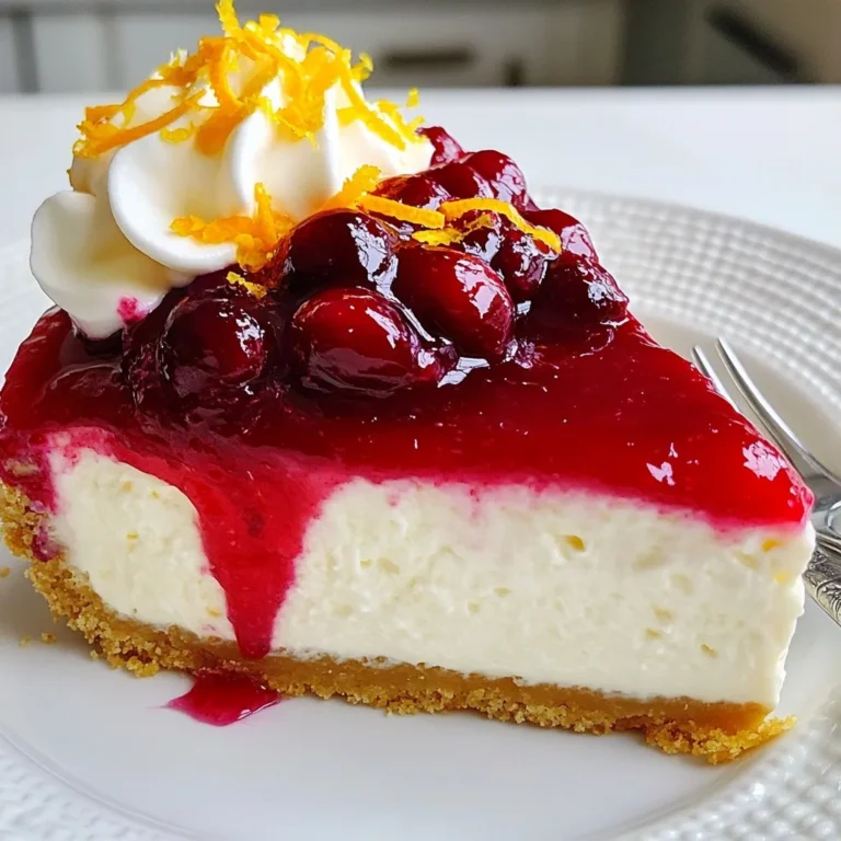 - 1 ½ cups graham cracker crumbs - ¼ cup unsalted butter, melted - 2 cups cream cheese, softened - 1 cup granulated sugar - 3 large eggs - 1 teaspoon pure vanilla extract - Zest of 1 large orange - ½ cup sour cream - 1 cup fresh cranberries (or frozen cranberries, thawed) - ½ cup fresh orange juice - ¼ cup packed brown sugar - ½ teaspoon ground cinnamon - Pinch of salt I love using fresh cranberries in this recipe for a bright flavor. Fresh cranberries give a tart burst that pairs well with the creaminess of the cheesecake. If you cannot find fresh cranberries, frozen ones work too. Just make sure to thaw them first. The texture will change a little, but they still taste great. When it comes to butter, I recommend using unsalted butter. It allows you to control the salt in your recipe. If you want a dairy-free option, you can use coconut oil or a vegan butter substitute. Both options will work well in the crust. If you need a dairy-free option for cream cheese, try using a cashew-based cream cheese. It provides a similar texture and flavor. For sour cream, a dairy-free yogurt can work as a great substitute. You can also swap granulated sugar with coconut sugar or your favorite sweetener. Just remember to adjust the amount based on the sweetness level of your substitute. {{ingredient_image_2}} - Prep Time: 30 minutes - Total Time: 5 hours - Servings: 10 1. Preheat the Oven: Start by setting your oven to 325°F (160°C). This helps the cheesecake bake evenly. 2. Prepare the Crust: In a bowl, mix 1 ½ cups of graham cracker crumbs with ¼ cup of melted butter. Stir until it looks like wet sand. Press this mixture into a 9-inch springform pan. Bake for 10 minutes or until golden. Let it cool completely. 3. Make the Cheesecake Batter: In a large bowl, beat 2 cups of softened cream cheese with an electric mixer. Mix on medium speed for 2-3 minutes until smooth. Gradually add 1 cup of granulated sugar. Keep mixing until fluffy. 4. Add Eggs and Flavorings: Add 3 large eggs one at a time. Make sure to mix well after each egg. Then, add 1 teaspoon of vanilla extract, the zest of 1 large orange, and ½ cup of sour cream. Mix until smooth. 5. Prepare the Cranberry Topping: In a medium saucepan, combine 1 cup of fresh cranberries, ½ cup of fresh orange juice, ¼ cup of brown sugar, ½ teaspoon of ground cinnamon, and a pinch of salt. Cook over medium heat for 5-7 minutes. Stir until the cranberries burst. Remove from heat and let cool slightly. 6. Combine and Pour: Pour the cheesecake batter over the cooled crust. Spoon the cranberry topping on top, spreading it evenly. 7. Bake the Cheesecake: Place the pan in the oven. Bake for 55-65 minutes. The edges should look set, and the center should jiggle slightly. 8. Cool and Chill: Turn off the oven and leave the cheesecake inside. Keep the door slightly open for about 1 hour. This helps it cool slowly. After that, refrigerate for at least 4 hours, or overnight for the best taste. 9. Serve: Release the cheesecake from the springform pan. Slice it into pieces and enjoy! To make your cheesecake shine, serve it with tasty toppings. I like to add a dollop of whipped cream on each slice. It makes the dessert look fancy and adds a soft creaminess. You can sprinkle some fresh orange zest on top for a bright touch. Whole cranberries make a great garnish too. They add color and a festive feel. For an extra kick, drizzle a bit of orange juice over the slice. This adds a burst of flavor that everyone will love! When making cheesecake, avoid overmixing the batter. This can add too much air and cause cracks. Always mix the cream cheese until smooth before adding other ingredients. Also, don’t rush the cooling process. Let the cheesecake cool in the oven first. This helps prevent cracks. Another tip: don’t skip refrigerating the cheesecake overnight if possible. This makes the flavors blend better and improves the texture. To get the best texture, use room-temperature cream cheese. Cold cream cheese stays lumpy. Be gentle when adding eggs; mix them in one at a time. This ensures a smooth batter. For flavor, fresh cranberries work best, but frozen cranberries are also fine. Just make sure to thaw them first. Adding a pinch of salt enhances the sweetness and balances the flavors. Lastly, the orange zest is key! It brightens the whole cheesecake and makes each bite sing. Pro Tips Use Room Temperature Ingredients: Ensure your cream cheese and eggs are at room temperature before mixing. This helps to achieve a smooth and creamy batter without lumps. Don’t Overmix: Once you add the eggs, mix just until incorporated. Overmixing can introduce too much air, causing the cheesecake to crack as it bakes. Water Bath for Perfect Texture: Consider using a water bath while baking the cheesecake. This method helps maintain moisture and prevents cracks, resulting in a creamier texture. Chill Overnight: For the best flavor and texture, allow the cheesecake to chill overnight in the refrigerator. This resting period helps the flavors to meld beautifully. {{image_4}} You can make a no-bake version of this cheesecake. Start with the same ingredients but skip the baking step. Use a mix of cream cheese, sugar, and sour cream. After blending, fold in the cranberries and orange juice. Pour this mixture over your crust. Let it chill in the fridge for at least four hours. This option gives you a smooth and creamy treat without the oven. If you want a gluten-free crust, try using almond flour or crushed gluten-free cookies. Mix them with melted butter just like the original crust. You can also use crushed chocolate cookies for a sweet twist. This adds a nice depth of flavor. No matter the crust choice, press it down firmly for a good base. To switch up the flavor, consider adding spices. A dash of nutmeg or ginger can enhance the taste. You can also mix in some chocolate. Melt dark chocolate and swirl it into the batter before baking. This creates a rich contrast with the orange and cranberry. Experimenting with flavors can make each cheesecake unique and fun. To keep your cheesecake fresh, place it in the fridge. Use an airtight container or cover it with plastic wrap. This helps to prevent it from drying out. Make sure to store it within two hours after serving. Cold cheesecake stays creamy and delicious. You can freeze slices of your cheesecake for later. First, let the cheesecake cool completely. Then, wrap each slice in plastic wrap. Place the wrapped slices in a freezer bag. Label the bag with the date before freezing. This way, you can enjoy your treat later! When stored in the fridge, your cheesecake lasts about five days. If you freeze it, it can last up to three months. Just remember to thaw it overnight in the fridge before eating. Enjoy it fresh for the best taste! To reduce sweetness, cut the sugar in half. You can also use a sugar substitute like stevia. This change keeps the taste balanced. Remember to taste as you go. You want to keep that creamy flavor while reducing the sweet. Yes! You can use other fruits like blueberries, raspberries, or cherries. Fresh or frozen fruit works well. Just be aware of the fruit's sweetness. Adjust the sugar in the recipe if needed. Each fruit will give a unique flavor. Experiment to find your favorite! For eggs, try using applesauce or mashed bananas. Use 1/4 cup of either for each egg. Silken tofu is another great option. Blend it until smooth, then add it to your mix. These substitutes keep the texture creamy and rich. This article covered how to make a delicious cranberry cheesecake. We explored the key ingredients and their notes, along with possible substitutions. I shared detailed steps to prepare and bake your cake perfectly. Tips and tricks helped you avoid mistakes and enhance flavor. You learned about variations like a no-bake option and storage tips. In conclusion, these insights ensure your cheesecake is a hit. Enjoy making it your way!