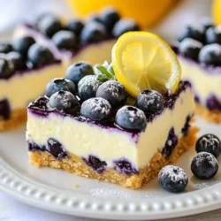 - 1 &frac12; cups graham cracker crumbs - &frac12; cup unsalted butter, melted - 1 tablespoon granulated sugar - 16 oz cream cheese, softened - &frac34; cup granulated sugar - 2 large eggs, at room temperature - 2 tablespoons fresh lemon juice - Zest of 1 lemon - 1 cup fresh blueberries, rinsed and dried - 1 teaspoon pure vanilla extract - 1 pinch of salt When measuring graham cracker crumbs, make sure to pack them lightly. This helps give the crust a nice texture. For butter, melt it gently. This ensures it mixes well with the crumbs. Use room temperature cream cheese. It blends smoothly when you mix it. For the eggs, letting them warm up helps them combine better, giving a creamy filling. To make these bars, you will need: - A 9x9 inch baking pan - A medium-sized mixing bowl - A large mixing bowl - An electric mixer - A spatula - A sharp knife for cutting the bars - Measuring cups and spoons These tools help you create a smooth and tasty cheesecake. Having everything ready makes cooking fun and easy! {{ingredient_image_2}} To start, preheat your oven to 350&deg;F (175&deg;C). In a medium bowl, mix together: - 1 &frac12; cups graham cracker crumbs - &frac12; cup unsalted butter, melted - 1 tablespoon granulated sugar Stir the mixture until the crumbs are coated with butter. Next, press this mixture firmly into the bottom of a 9x9 inch baking pan. This creates a nice, compact crust. Bake it in the preheated oven for 8 to 10 minutes until golden. Once done, take it out and let it cool slightly while you make the filling. In a large bowl, use an electric mixer to beat 16 oz of softened cream cheese until it&rsquo;s smooth. Gradually add in &frac34; cup of granulated sugar and mix until everything is fluffy. Then, add 2 large eggs one at a time. Make sure to mix well before adding the next egg. Next, add in 2 tablespoons of fresh lemon juice, the zest of 1 lemon, and 1 teaspoon of pure vanilla extract. Keep mixing until your mixture is silky smooth. Now, gently fold in 1 cup of fresh blueberries using a spatula. Be careful not to break them. Pour this cheesecake filling over your cooled crust. Spread it evenly to make a nice layer. Place the baking pan back in the oven and bake for 25 to 30 minutes. You want the center to be set but still jiggle a bit. The edges should be lightly golden. After baking, let the bars cool at room temperature for about 1 hour. Then, move them to the fridge and chill for at least 4 hours or until fully set. When ready, use a sharp knife to cut the cheesecake into bars. Enjoy! To get creamy cheesecake bars, ensure your cream cheese is soft. Leave it out for a while before using. Use an electric mixer to blend until smooth. Mix the eggs in one at a time. This helps keep the texture light. Over-mixing can cause cracks, so mix just until blended. Add more flavor with a pinch of salt. Salt brings out the sweetness in desserts. You can also try adding a bit more lemon zest. The zest adds a nice brightness. If you want a twist, mix in some lavender or mint for a fresh taste. Always preheat your oven to 350&deg;F (175&deg;C) before baking. This helps the bars bake evenly. Check for doneness at around 25 minutes. The center should jiggle slightly, not be liquid. Let the bars cool at room temperature first. Then chill them in the fridge. Chilling helps set the filling and makes cutting easier. Pro Tips Use Room Temperature Ingredients: Allow your cream cheese and eggs to come to room temperature before mixing. This helps achieve a smooth and lump-free filling. Don&rsquo;t Overmix: When adding the eggs and folding in the blueberries, mix gently to avoid overworking the batter, which can lead to a denser texture. Chill for Best Results: Be patient and allow the cheesecake bars to chill in the refrigerator for at least 4 hours. This ensures they set perfectly and develop a firmer texture. Garnish Creatively: To elevate your cheesecake bars, consider topping them with a dollop of whipped cream or a drizzle of lemon glaze just before serving. {{image_4}} You can switch up the blueberries for other fruits. Raspberries, strawberries, or blackberries work great. Each fruit adds a unique taste. Try mixing fruits for a fun twist! If you need a gluten-free option, use gluten-free graham crackers. You can also use crushed nuts mixed with melted butter. Almonds or pecans add a nice crunch. To make this recipe vegan, use dairy-free cream cheese. Replace eggs with flax eggs or applesauce. For the crust, use coconut oil instead of butter. This keeps the flavor but fits a vegan diet. To keep your blueberry lemon cheesecake bars fresh, store them in an airtight container. Place a layer of parchment paper between the bars and the lid. This helps prevent sticking. Make sure to keep them in the fridge. They taste best when chilled and firm. You can freeze these cheesecake bars for later enjoyment. First, slice the bars into individual pieces. Wrap each bar tightly in plastic wrap. Then, place the wrapped bars in a freezer-safe bag or container. They can stay frozen for up to three months. When ready to eat, thaw them in the fridge overnight. These cheesecake bars last about five days in the fridge. The flavors will stay fresh, and the texture will remain great. If you notice any changes in odor or appearance, it&rsquo;s best to discard them. Proper storage helps keep your treats tasty longer! Yes, you can use frozen blueberries. They work well in this recipe. Just make sure to rinse them and pat them dry. This helps to remove any extra moisture. Using frozen blueberries may change the texture a bit. Fresh blueberries keep their shape better. If you use frozen ones, fold them in gently. This way, they won&rsquo;t break apart too much. To check if the cheesecake is done, look for the edges. They should be lightly golden. The center should be set, but still have a slight jiggle. You can also use a toothpick. Insert it in the center. If it comes out clean or with a few crumbs, it&rsquo;s ready. Do not overbake the bars. They firm up as they cool. Absolutely! You can make these cheesecake bars a day in advance. They taste even better after chilling overnight. Once cooled, cover them with plastic wrap or foil. Store them in the fridge until you're ready to serve. This makes them a great treat for parties or gatherings. Just remember to slice them before serving. This article covers everything you need for cheesecake bars. We went over key ingredients, tools, and measurements. I shared step-by-step instructions for making the crust and filling. Plus, you found tips to enhance flavor and texture. Variations for gluten-free and vegan options are included too. You'll also know how to store them for later enjoyment. Follow these steps to bake delicious cheesecake bars. Enjoy your tasty treats with friends and family!