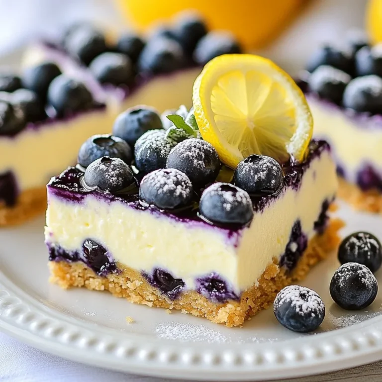 - 1 ½ cups graham cracker crumbs - ½ cup unsalted butter, melted - 1 tablespoon granulated sugar - 16 oz cream cheese, softened - ¾ cup granulated sugar - 2 large eggs, at room temperature - 2 tablespoons fresh lemon juice - Zest of 1 lemon - 1 cup fresh blueberries, rinsed and dried - 1 teaspoon pure vanilla extract - 1 pinch of salt When measuring graham cracker crumbs, make sure to pack them lightly. This helps give the crust a nice texture. For butter, melt it gently. This ensures it mixes well with the crumbs. Use room temperature cream cheese. It blends smoothly when you mix it. For the eggs, letting them warm up helps them combine better, giving a creamy filling. To make these bars, you will need: - A 9x9 inch baking pan - A medium-sized mixing bowl - A large mixing bowl - An electric mixer - A spatula - A sharp knife for cutting the bars - Measuring cups and spoons These tools help you create a smooth and tasty cheesecake. Having everything ready makes cooking fun and easy! {{ingredient_image_2}} To start, preheat your oven to 350°F (175°C). In a medium bowl, mix together: - 1 ½ cups graham cracker crumbs - ½ cup unsalted butter, melted - 1 tablespoon granulated sugar Stir the mixture until the crumbs are coated with butter. Next, press this mixture firmly into the bottom of a 9x9 inch baking pan. This creates a nice, compact crust. Bake it in the preheated oven for 8 to 10 minutes until golden. Once done, take it out and let it cool slightly while you make the filling. In a large bowl, use an electric mixer to beat 16 oz of softened cream cheese until it’s smooth. Gradually add in ¾ cup of granulated sugar and mix until everything is fluffy. Then, add 2 large eggs one at a time. Make sure to mix well before adding the next egg. Next, add in 2 tablespoons of fresh lemon juice, the zest of 1 lemon, and 1 teaspoon of pure vanilla extract. Keep mixing until your mixture is silky smooth. Now, gently fold in 1 cup of fresh blueberries using a spatula. Be careful not to break them. Pour this cheesecake filling over your cooled crust. Spread it evenly to make a nice layer. Place the baking pan back in the oven and bake for 25 to 30 minutes. You want the center to be set but still jiggle a bit. The edges should be lightly golden. After baking, let the bars cool at room temperature for about 1 hour. Then, move them to the fridge and chill for at least 4 hours or until fully set. When ready, use a sharp knife to cut the cheesecake into bars. Enjoy! To get creamy cheesecake bars, ensure your cream cheese is soft. Leave it out for a while before using. Use an electric mixer to blend until smooth. Mix the eggs in one at a time. This helps keep the texture light. Over-mixing can cause cracks, so mix just until blended. Add more flavor with a pinch of salt. Salt brings out the sweetness in desserts. You can also try adding a bit more lemon zest. The zest adds a nice brightness. If you want a twist, mix in some lavender or mint for a fresh taste. Always preheat your oven to 350°F (175°C) before baking. This helps the bars bake evenly. Check for doneness at around 25 minutes. The center should jiggle slightly, not be liquid. Let the bars cool at room temperature first. Then chill them in the fridge. Chilling helps set the filling and makes cutting easier. Pro Tips Use Room Temperature Ingredients: Allow your cream cheese and eggs to come to room temperature before mixing. This helps achieve a smooth and lump-free filling. Don’t Overmix: When adding the eggs and folding in the blueberries, mix gently to avoid overworking the batter, which can lead to a denser texture. Chill for Best Results: Be patient and allow the cheesecake bars to chill in the refrigerator for at least 4 hours. This ensures they set perfectly and develop a firmer texture. Garnish Creatively: To elevate your cheesecake bars, consider topping them with a dollop of whipped cream or a drizzle of lemon glaze just before serving. {{image_4}} You can switch up the blueberries for other fruits. Raspberries, strawberries, or blackberries work great. Each fruit adds a unique taste. Try mixing fruits for a fun twist! If you need a gluten-free option, use gluten-free graham crackers. You can also use crushed nuts mixed with melted butter. Almonds or pecans add a nice crunch. To make this recipe vegan, use dairy-free cream cheese. Replace eggs with flax eggs or applesauce. For the crust, use coconut oil instead of butter. This keeps the flavor but fits a vegan diet. To keep your blueberry lemon cheesecake bars fresh, store them in an airtight container. Place a layer of parchment paper between the bars and the lid. This helps prevent sticking. Make sure to keep them in the fridge. They taste best when chilled and firm. You can freeze these cheesecake bars for later enjoyment. First, slice the bars into individual pieces. Wrap each bar tightly in plastic wrap. Then, place the wrapped bars in a freezer-safe bag or container. They can stay frozen for up to three months. When ready to eat, thaw them in the fridge overnight. These cheesecake bars last about five days in the fridge. The flavors will stay fresh, and the texture will remain great. If you notice any changes in odor or appearance, it’s best to discard them. Proper storage helps keep your treats tasty longer! Yes, you can use frozen blueberries. They work well in this recipe. Just make sure to rinse them and pat them dry. This helps to remove any extra moisture. Using frozen blueberries may change the texture a bit. Fresh blueberries keep their shape better. If you use frozen ones, fold them in gently. This way, they won’t break apart too much. To check if the cheesecake is done, look for the edges. They should be lightly golden. The center should be set, but still have a slight jiggle. You can also use a toothpick. Insert it in the center. If it comes out clean or with a few crumbs, it’s ready. Do not overbake the bars. They firm up as they cool. Absolutely! You can make these cheesecake bars a day in advance. They taste even better after chilling overnight. Once cooled, cover them with plastic wrap or foil. Store them in the fridge until you're ready to serve. This makes them a great treat for parties or gatherings. Just remember to slice them before serving. This article covers everything you need for cheesecake bars. We went over key ingredients, tools, and measurements. I shared step-by-step instructions for making the crust and filling. Plus, you found tips to enhance flavor and texture. Variations for gluten-free and vegan options are included too. You'll also know how to store them for later enjoyment. Follow these steps to bake delicious cheesecake bars. Enjoy your tasty treats with friends and family!