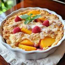 - 4 ripe peaches, peeled and sliced - 1 cup fresh raspberries - 1 cup granulated sugar, divided into two 1/2-cup portions - 1 tablespoon freshly squeezed lemon juice - 1 teaspoon pure vanilla extract - 1 cup all-purpose flour - 1 teaspoon baking powder - 1/2 teaspoon salt - 1/2 cup whole milk - 1/3 cup unsalted butter, melted and slightly cooled - 1 teaspoon ground cinnamon For this peach raspberry cobbler, you need fresh ingredients. The ripe peaches bring sweetness. Fresh raspberries add a slight tartness. I always use granulated sugar to enhance the fruit&rsquo;s flavor. Lemon juice brightens the cobbler and adds a nice zing. Vanilla extract gives a warm touch. You&rsquo;ll also need all-purpose flour to make the batter. Baking powder helps it rise, while salt balances the sweetness. Whole milk keeps the batter moist. Unsalted butter enhances the flavor. Ground cinnamon adds warmth and depth to the dish. Gather these ingredients before you start. This will make your baking experience smooth and fun! {{ingredient_image_2}} 1. Preheat the oven and prepare the baking dish First, set your oven to 350&deg;F (175&deg;C). Grease a 9x9-inch baking dish with a bit of butter. This helps the cobbler not stick. 2. Prepare the peach and raspberry mixture In a medium bowl, mix 4 sliced peaches and 1 cup of fresh raspberries. Add 1/2 cup of granulated sugar, 1 tablespoon of lemon juice, and 1 teaspoon of vanilla extract. Gently toss the fruit to coat it well. Let it sit for about 10-15 minutes. This helps the flavors mix and the juices to flow. 3. Combine dry ingredients for the batter In another large bowl, whisk together 1 cup of flour, 1 teaspoon of baking powder, 1/2 teaspoon of salt, and the other 1/2 cup of sugar. Make sure they are mixed well. 4. Mix wet ingredients into dry ingredients Pour 1/2 cup of milk and 1/3 cup of melted butter into the dry mix. Stir gently until just combined. It&rsquo;s okay if the batter is a bit lumpy. This will help it stay fluffy. 5. Assemble the cobbler Spread the fruit mixture evenly in the greased dish. Pour the batter over the fruit. It will spread naturally when baking. Sprinkle 1 teaspoon of ground cinnamon over the top for extra flavor. - Bake time and temperature Place the dish in the oven and bake for 35 to 40 minutes. - Indicator for doneness The cobbler is ready when the top is golden brown. You can also insert a toothpick in the center. If it comes out clean, it&rsquo;s done! To make the best cobbler, you want the right texture. First, avoid overmixing the batter. When you mix, stop as soon as the flour disappears. A few lumps are okay. This helps keep the batter light and fluffy. Next, ensure even baking. Spread the batter carefully over the fruit. This way, it bakes evenly. If you pour it too quickly, the batter may clump. You want a smooth top for a nice look. You can add extra spices for more flavor. Try nutmeg or cardamom. These spices can give your cobbler a unique taste. Just a pinch can make a big difference. For serving, think of fun ideas. Serve the warm cobbler with vanilla ice cream. The cold ice cream melts into the warm fruit, making it a treat. You can also add fresh mint on top. It adds color and a fresh taste. Pro Tips Choose Ripe Peaches: Make sure to select peaches that are slightly soft to the touch and fragrant for the best flavor in your cobbler. Don't Overmix the Batter: When combining the wet and dry ingredients, mix just until combined. A few lumps will ensure a fluffy texture. Let It Cool: Allow the cobbler to cool for 10 minutes after baking. This helps the juices thicken and makes it easier to serve. Serve Warm: For the best experience, serve the cobbler warm with vanilla ice cream or whipped cream. The contrast of temperatures is delightful! {{image_4}} You can easily switch up the fruits to make this cobbler your own. Using seasonal fruits adds fun and flavor. Try using plums, blackberries, or even blueberries. If fresh fruit is not available, frozen berries work well too. Just thaw them and drain excess juice. This keeps your cobbler from becoming too soggy. The topping options for your cobbler can really enhance the taste. Vanilla ice cream or whipped cream pairs perfectly with the warm cobbler. The cold creaminess balances the sweet fruit. For a little crunch, sprinkle crushed nuts on top. Almonds or pecans add a nice texture and flavor contrast. You can even drizzle caramel or chocolate sauce over it for extra indulgence. Enjoy experimenting with these variations! To keep your peach raspberry cobbler fresh, store it in an airtight container. You can also wrap it tightly in plastic wrap. This helps prevent it from drying out. The cobbler will stay fresh for up to three days at room temperature. If you want it to last longer, refrigerate it. In the fridge, it can last about a week. To reheat your cobbler, use an oven or microwave. For the oven, preheat it to 350&deg;F (175&deg;C). Place the cobbler in an oven-safe dish and cover it with foil. Heat for about 15-20 minutes until warm. This method keeps the top crisp. If you use a microwave, heat it for 30 seconds to one minute. Make sure to check it often to avoid overheating. Enjoy your warm and tasty cobbler! Can I use canned peaches for this recipe? Yes, you can use canned peaches. However, fresh peaches give a better taste. If you use canned peaches, drain them well. This helps keep the cobbler from being too watery. How do I know when the cobbler is done? The cobbler is ready when the top is golden brown. You can also check with a toothpick. If it comes out clean from the center, it's done. Can I make this cobbler ahead of time? You can prepare the fruit mixture ahead. Just store it in the fridge. Mix the batter right before baking for the best results. You can also bake it ahead and reheat it later. This blog post covered how to make a delicious peach and raspberry cobbler. We explored the key ingredients, preparation steps, and baking instructions. You also learned tips to perfect the texture and enhance flavors. Variations allow you to change fruits and toppings to your liking. Lastly, we discussed storage and reheating to keep your cobbler fresh. Try this recipe for a sweet, warm treat. Enjoy making and sharing it with others!