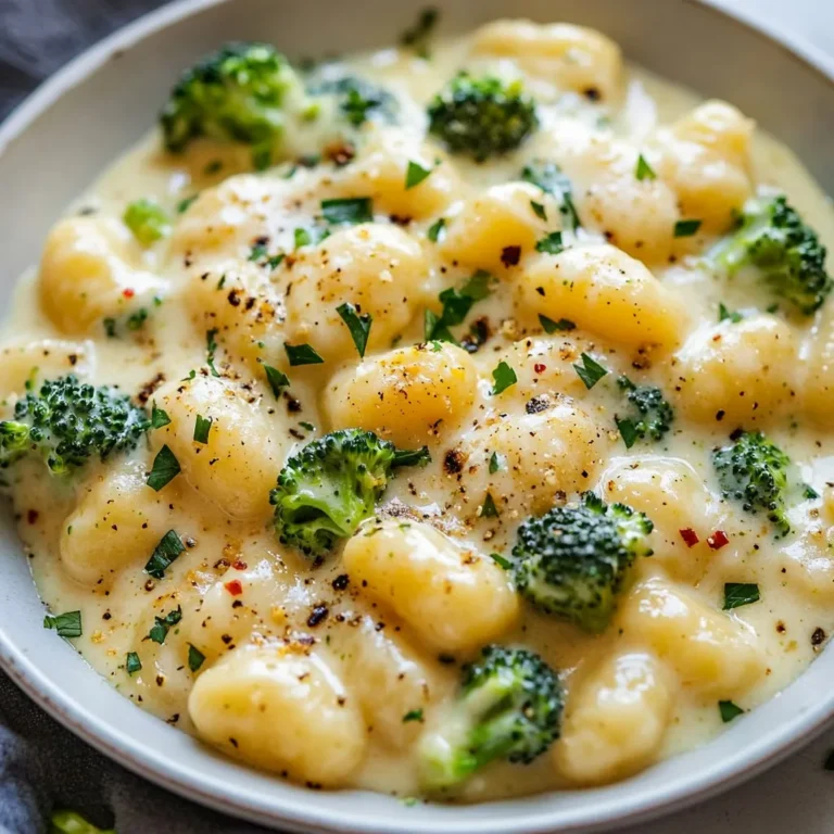 - 1 pound potato gnocchi - 2 cups broccoli florets, ideally fresh - 1 cup heavy cream - 1 cup shredded mozzarella cheese - 1/2 cup grated Parmesan cheese I love using potato gnocchi for this dish. It adds a soft and chewy texture. Fresh broccoli florets brighten the meal and add nutrients. Heavy cream is key for that rich, creamy sauce. I like to mix mozzarella and Parmesan for a lovely cheesy flavor. - 1/4 teaspoon red pepper flakes - Fresh parsley, finely chopped Red pepper flakes give a nice kick if you like spice. Fresh parsley adds a pop of color and freshness to the dish. - Salt - Black pepper Seasoning is essential. Salt enhances all flavors, while black pepper adds warmth. Adjust these to your taste for the best results. {{ingredient_image_2}} First, bring a large pot of salted water to a rolling boil. This step is key for flavor. Next, carefully add the potato gnocchi. Cook them according to the package instructions. They will usually float to the top when they are ready. This takes about 2-3 minutes. After cooking, drain the gnocchi and set them aside. In a spacious skillet, heat two tablespoons of olive oil over medium heat. The oil should shimmer but not smoke. Then, add two cups of broccoli florets. Sauté the broccoli for about 4-5 minutes. Stir occasionally until they become tender and bright green. After that, add two cloves of minced garlic and, if you like, sprinkle in 1/4 teaspoon of red pepper flakes for a bit of heat. Cook for an additional 1-2 minutes, until the garlic is fragrant. Lower the heat to a gentle simmer. Carefully pour in 1 cup of heavy cream. Stir well to combine, and let it warm through. Be careful not to let it boil. This way, you keep a smooth sauce texture. Next, stir in 1 cup of shredded mozzarella and 1/2 cup of grated Parmesan cheese. Keep stirring until the cheese melts fully. The sauce should become rich and creamy. Season it to taste with salt and freshly ground black pepper. Now, add the cooked gnocchi to the skillet. Gently toss everything to coat the gnocchi in the creamy sauce. Allow the dish to cook together for an additional 2-3 minutes. This lets the gnocchi soak up all the delicious flavors. Once the gnocchi is warmed through, remove the skillet from heat. Plate the creamy broccoli gnocchi in bowls or on plates. Garnish generously with finely chopped fresh parsley for a vibrant touch. Enjoy your delicious meal! - Choosing fresh broccoli: Look for bright green florets. They should feel firm and not wilted. Fresh broccoli adds a nice crunch and rich flavor. - Additional seasonings and spices: You can add garlic powder or onion powder for more depth. A sprinkle of lemon juice can also brighten the dish. - How to avoid curdling: Heat the heavy cream slowly over low heat. Do not let it boil. Stir constantly to keep it smooth. - Adjusting creaminess: If the sauce is too thick, add a splash of pasta water. For a richer taste, add more cheese. - Recommended cookware: Use a large skillet with a heavy bottom. This helps distribute heat evenly. A non-stick pan works best for easy cleanup. - Useful utensils for preparation: Keep a wooden spoon handy for stirring. Use a sharp knife for chopping broccoli. A measuring cup is great for the cream and cheese. Pro Tips Use Fresh Broccoli: Fresh broccoli not only enhances the flavor but also adds a vibrant color and texture to the dish. Avoid using frozen broccoli for best results. Cheese Variations: Feel free to mix up the cheeses! Adding a bit of cream cheese or gouda can elevate the creaminess and flavor complexity of your sauce. Cooking Gnocchi: Be careful not to overcook the gnocchi; they should float to the top of the water, signaling they are done. Overcooking can make them mushy. Garnish Ideas: Experiment with garnishes like toasted pine nuts or a sprinkle of lemon zest for a refreshing twist on this creamy dish. {{image_4}} You can boost this dish with protein. Chicken or shrimp works great. Simply cook the chicken or shrimp in the skillet before adding broccoli. This adds flavor and texture. If you prefer vegetarian options, try chickpeas or tofu. Both are tasty and filling. For a dairy-free option, use plant-based cream. Coconut cream or cashew cream are good choices. They add a nice richness without dairy. You can also swap out cheeses for vegan options. Nutritional yeast gives a cheesy flavor without dairy. Mix things up with more vegetables. Spinach, bell peppers, or peas add color and taste. You can also change the seasonings. Try herbs like basil or oregano for a fresh twist. A squeeze of lemon juice brightens the dish too. To keep your creamy broccoli gnocchi skillet fresh, cool it down first. Let it sit at room temperature for no more than two hours. Then, transfer it to an airtight container. This helps prevent bacteria growth and keeps it tasty. You can store it in the fridge for up to three days. When you are ready to eat the leftovers, use gentle heat. The best way is to reheat it on the stove. Pour the gnocchi into a skillet and add a splash of water or cream. Heat it over low to medium heat. Stir often to avoid sticking. This keeps the gnocchi creamy and warm. Microwaving works too, but it may make the gnocchi soggy. Yes, you can freeze this dish! To freeze it, let it cool completely first. Then, place it in a freezer-safe container. Make sure to leave some space at the top for expansion. It can last up to three months in the freezer. When you are ready to eat, thaw it in the fridge overnight before reheating. This keeps the flavors intact and the texture nice. This dish takes about 25 minutes from start to finish. You will spend 15 minutes prepping and cooking the gnocchi and broccoli. Cooking the sauce and combining everything takes an additional 10 minutes. It’s a quick meal that fits into any busy weeknight. Yes, you can use frozen gnocchi and broccoli. For frozen gnocchi, cook them straight from the freezer. They will take a few extra minutes to cook. For frozen broccoli, steam or microwave it first. This way, the broccoli stays bright and tender. There are a few options if you want to skip heavy cream. You can use half-and-half for a lighter option. Coconut milk works well for a dairy-free choice. For a lower-calorie option, try Greek yogurt. Just mix it in at the end for a creamy texture. Yes, this recipe is great for meal prep. Store it in an airtight container in the fridge for up to three days. To reheat, warm it gently on the stove. You may need to add a splash of water or cream to keep it creamy. The Creamy Broccoli Gnocchi Skillet combines simple ingredients for a delicious dish. By using fresh broccoli, heavy cream, and a mix of cheeses, you create a rich flavor. Following the steps of cooking gnocchi, sautéing broccoli, and making the cream sauce is key. Consider adding proteins or using dairy-free options if desired. This recipe is easy, and you can store leftovers for later. Enjoy your cooking, and remember—customizing this dish will make it your own!