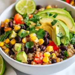 - 1 cup quinoa, thoroughly rinsed - 2 cups vegetable broth - 1 can black beans, rinsed and drained - 1 cup corn kernels, fresh or frozen - 1 red bell pepper, diced - 1 ripe avocado, sliced - 1/2 cup fresh cilantro, chopped - Extra virgin olive oil - Juice of 2 limes - Ground cumin - Salt and pepper to taste - Optional toppings: diced tomatoes, jalape&ntilde;o, shredded cheese The ingredients in this recipe create a bright and fresh dish. Quinoa serves as a great base. It is a nutritious grain that cooks easily. The vegetable broth adds flavor and depth. Black beans bring protein and fiber. Corn adds a sweet crunch. The red bell pepper offers color and vitamins. Fresh cilantro gives the dish a distinct taste. Avocado adds creaminess and healthy fats. Lime juice brightens each bite. Ground cumin adds warmth and a hint of spice. The olive oil brings everything together, making it rich and savory. Optional toppings let you customize your bowl. Diced tomatoes add juiciness. Jalape&ntilde;os give a spicy kick. Shredded cheese adds creaminess. You can mix and match to make your bowl perfect. {{ingredient_image_2}} 1. Bring vegetable broth to a boil. Start by pouring the vegetable broth into a medium pot. Heat it on medium-high until it bubbles. 2. Add quinoa and simmer. Once the broth is boiling, add the rinsed quinoa. Lower the heat to a gentle simmer. Cover the pot tightly. Cook for about 15 minutes until all the liquid is absorbed. 3. Fluff and steam quinoa. After cooking, take the pot off the heat. Keep it covered for 5 more minutes. This helps the quinoa steam. Use a fork to fluff up the grains gently. 1. Combine quinoa with other ingredients. In a large mixing bowl, add the fluffed quinoa. Then, mix in the drained black beans, corn, diced red bell pepper, and half of the chopped cilantro. Stir well so everything is evenly mixed. 2. Whisk dressing ingredients. In a small bowl, whisk together the olive oil, lime juice, ground cumin, and salt and pepper. This dressing will add great flavor. 3. Toss quinoa mixture with dressing. Drizzle the dressing over the quinoa mix. Toss everything gently until all the ingredients are well coated. 1. Transfer to bowls. Use a large spoon to scoop the quinoa mixture into individual bowls. 2. Arrange avocado slices. Place the avocado slices on top of each bowl for a creamy texture. 3. Add remaining cilantro and optional toppings. Sprinkle the rest of the cilantro over the bowls. Feel free to add diced tomatoes, jalape&ntilde;o slices, or shredded cheese for extra flavor. Enjoy your colorful and tasty meal! - Rinsing quinoa helps remove the bitter saponins. This improves flavor and texture. - To keep quinoa fluffy, steam it for 5 extra minutes after cooking. This makes a big difference. - Adjust the seasonings to match your taste. If you like it spicy, add more lime or cumin. - To enhance flavor, mix in fresh herbs or roasted garlic. These little changes make the dish pop. - Get creative when serving. Use bowls or plates that contrast with the colors of the ingredients. - Add visual appeal by using fresh herbs or a lime wedge. This brightens up the dish and makes it more inviting. Pro Tips Rinse the Quinoa: Always rinse quinoa under cold water before cooking to remove its natural coating, called saponin, which can give it a bitter taste. Customize Your Beans: Feel free to substitute black beans with other varieties like kidney or pinto beans for different flavors and textures. Serve Chilled: This quinoa bowl can be served warm or chilled, making it a perfect option for meal prep or hot summer days. Experiment with Toppings: Add your favorite toppings such as feta cheese, olives, or diced mango to enhance the flavor profile and presentation. {{image_4}} You can switch up the black beans with chickpeas. Chickpeas add a nutty taste and good protein. They also work well with the other flavors in the bowl. Grilled chicken or shrimp is another great choice. These proteins add a hearty touch to your meal. Just grill them with some lime juice and spices for extra flavor. Feel free to mix in seasonal vegetables for a fresh twist. Zucchini, carrots, or even spinach can enhance the bowl. You can also use different bell peppers. Yellow or green peppers offer a sweet crunch. Mixing colors makes your dish look more appealing and fun. If you want a change from the lime dressing, try a citrus-based dressing. Orange or lemon juice can provide a bright zing. A creamy avocado dressing is also a great option. It adds richness and pairs well with the quinoa and veggies. Experiment with these dressings to find your favorite combination. To store your leftover cilantro lime quinoa bowls, let them cool first. Once cooled, place them in airtight containers. This helps keep the dish fresh and tasty. Glass or BPA-free plastic containers work well. You can also use resealable bags for easy storage. Just make sure to squeeze out excess air before sealing. If you want to save quinoa bowls for later, freezing is a great option. Portion the bowls into freezer-safe containers. Make sure to leave some space at the top for expansion. This will prevent the containers from bursting. When you&rsquo;re ready to eat, thaw them overnight in the fridge. For quick reheating, use the microwave. Heat in short bursts, stirring in between until warm. In the fridge, your quinoa bowls can last up to three days. If you freeze them, they can last for about two months. Always check for signs of spoilage. If you see any mold or an off smell, it&rsquo;s best to throw them away. Keeping an eye on freshness ensures you enjoy your meal at its best! The best way to cook quinoa is to rinse it first. This removes the bitter coating called saponin. After rinsing, use a 2:1 ratio of liquid to quinoa. I prefer using vegetable broth for extra flavor. Bring the broth to a boil and add the rinsed quinoa. Lower the heat and cover the pot. Let it simmer for about 15 minutes until fluffy. Afterward, let it sit covered for 5 minutes. Fluff it gently with a fork for the best texture. Yes, you can easily make this recipe vegan. The main ingredients are already plant-based. Just ensure the vegetable broth is vegan-friendly. You can also add more veggies. Try using chickpeas instead of black beans for extra protein. Replace the olive oil with a vegan mayo for a creamier dressing. Adding more fresh herbs can enhance flavor without using animal products. To add more flavor, consider using spices and herbs. Cumin is a great start, as it adds warmth. You can also use garlic powder or onion powder for depth. Fresh herbs like basil or parsley can brighten the dish. Try adding a pinch of chili powder for heat. A splash of soy sauce or a dash of vinegar can also enhance the taste. Don't be afraid to experiment and find your perfect blend! You&rsquo;ve learned how to make a tasty quinoa bowl from scratch. We covered the important ingredients, from quinoa to fresh cilantro. I shared step-by-step cooking instructions and helpful tips. You can customize your bowl with protein and vegetables. Remember to store leftovers correctly, too. With this recipe, you&rsquo;ll enjoy tasty meals packed with nutrition. Now, get creative and make it your own! Enjoy your cooking experience and share your bowls with family and friends.