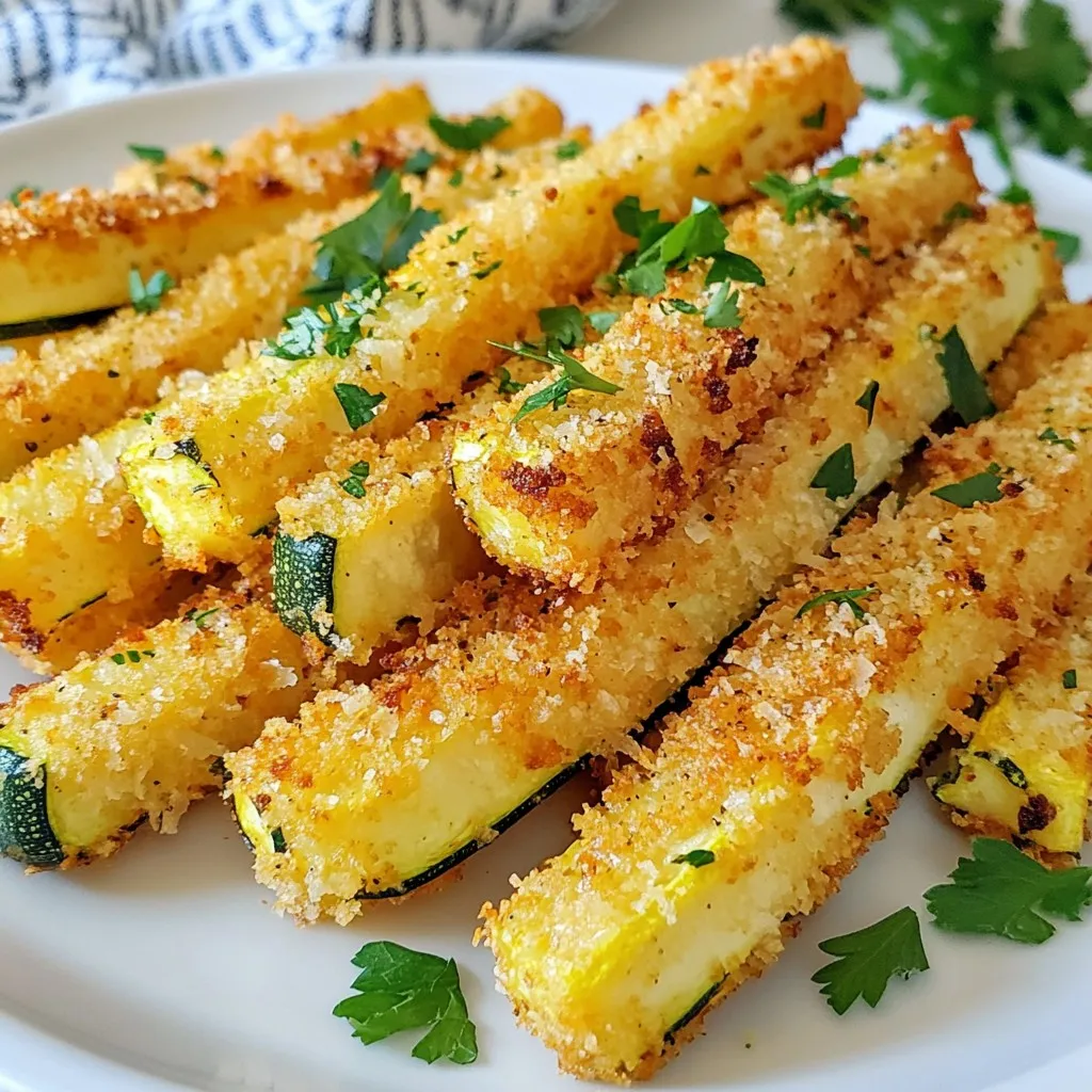 - 2 medium zucchinis, sliced into fry shapes - 1/2 cup all-purpose flour - 1 teaspoon garlic powder - 1/2 teaspoon smoked paprika (or regular paprika) - 2 large eggs, beaten until frothy - 1 cup breadcrumbs (use panko for extra crunch or regular) - 1/2 cup freshly grated Parmesan cheese - Salt and freshly ground black pepper, to taste - Olive oil spray for crisping - Fresh parsley, finely chopped, for garnish For this recipe, I recommend using two medium zucchinis. Each zucchini will yield about 12 fries. You need half a cup of all-purpose flour to coat the zucchini well. One teaspoon of garlic powder adds great flavor. The smoked paprika gives a nice touch, but regular paprika works too. Use two large eggs, beaten well, to help the coating stick. One cup of breadcrumbs gives a nice crunch. I suggest using panko breadcrumbs for extra crispiness. Half a cup of freshly grated Parmesan cheese adds a rich, savory flavor. Season with salt and black pepper to taste. A light spray of olive oil before baking helps achieve that golden finish. If you need gluten-free options, you can replace all-purpose flour and breadcrumbs with gluten-free versions. Almond flour or chickpea flour can replace regular flour. For a dairy-free version, try nutritional yeast in place of Parmesan cheese. It adds a cheesy flavor without dairy. If you want a vegan version, use flax eggs instead of regular eggs. Mix one tablespoon of flaxseed meal with three tablespoons of water and let it sit until thickened. {{ingredient_image_2}} Start with two medium zucchinis. Wash them well to remove dirt. Slice each zucchini into fry shapes. Aim for uniform sizes. This helps them cook evenly. Place the fries on a clean kitchen towel. Pat them dry to remove excess moisture. This step is key for crispiness. Set up three bowls for the coating. In the first bowl, mix flour, garlic powder, smoked paprika, salt, and pepper. Whisk until combined. In the second bowl, beat the eggs until frothy. This makes the coating stick better. In the third bowl, combine breadcrumbs and grated Parmesan cheese. Mix well so the cheese spreads evenly. Now, coat each zucchini fry. First, dip it in the flour mix. Shake off any extra flour. Next, dip it into the frothy eggs. Let any excess egg drip off. Finally, roll the fry in the breadcrumb and cheese mixture. Press lightly to make the coating stick. Repeat this for all the zucchini pieces. Preheat your oven to 425°F (220°C). Line a baking sheet with parchment paper for easy cleanup. Lay the coated zucchini fries in a single layer. Make sure they are not crowded. This allows hot air to circulate, making them crispy. Lightly spray the tops with olive oil. Bake in the oven for 20-25 minutes. Flip the fries halfway through. This ensures they cook evenly. They should turn golden brown and crispy. Once done, take them out and let them cool for a few minutes. Before serving, sprinkle with fresh chopped parsley. Enjoy your tasty, crunchy snack! To make your zucchini fries extra crispy, follow these tips: - Use panko breadcrumbs instead of regular ones. They add more crunch. - Lightly spray the fries with olive oil before baking. This helps them crisp up. - Bake them on a wire rack set over a baking sheet. This allows air to circulate all around. Avoid these common mistakes to ensure perfect fries: - Don’t overcrowd the baking sheet. Leave space between each fry for even cooking. - Make sure to shake off excess flour and egg. Too much coating can make them soggy. - Don’t skip flipping them halfway through baking. This helps both sides get golden brown. These fries taste great on their own but pair well with dips. Here are a few ideas: - Serve with marinara sauce for a classic touch. - Try garlic aioli for a creamy option. - A sprinkle of fresh parsley on top adds color and flavor. Feel free to get creative with your dips! Pro Tips Choose the Right Zucchini: Look for firm zucchinis with a glossy skin; smaller ones tend to be more tender and have fewer seeds, resulting in a better texture for your fries. Experiment with Seasonings: Feel free to add additional spices like Italian seasoning, cayenne pepper, or even nutritional yeast for a cheesy flavor without the dairy. Use Panko for Extra Crunch: Opt for panko breadcrumbs instead of regular ones for an extra crispy texture. The larger flakes create more surface area for crunch. Serve Immediately: For the best texture, serve the zucchini fries immediately after baking. They are crispiest when fresh out of the oven! {{image_4}} To make your garlic Parmesan zucchini fries even better, try adding herbs and spices. Fresh herbs, like thyme or oregano, work well. Just mix them into the flour or breadcrumb mix for extra flavor. You can also add a bit of cayenne for heat or some Italian seasoning for a classic touch. Experimenting with flavors can make each batch unique! If you need a gluten-free option, swap the all-purpose flour for almond flour or coconut flour. For the breadcrumbs, use gluten-free panko or crushed cornflakes. These swaps still give great crunch and flavor without gluten. Just remember to check labels to ensure all your ingredients are gluten-free. When serving, presentation matters! Arrange the zucchini fries on a rustic wooden platter. This adds charm to your snack table. You can add small bowls of marinara sauce or garlic aioli for dipping. Fresh parsley sprigs on top make the dish pop with color. This simple touch impresses your guests and makes your fries look even more tasty! After you enjoy your Garlic Parmesan Zucchini Fries, store any leftovers. Place them in an airtight container. Make sure they cool down before sealing. This keeps them fresh longer. Store them in the fridge. Use them within 2-3 days for the best taste. To keep your fries crispy, reheating is key. Preheat your oven to 375°F (190°C). Spread the fries on a baking sheet in a single layer. Bake for about 10-15 minutes. This method helps regain their crunch. You can also use an air fryer. Set it to 350°F (175°C) for 5-7 minutes. Both methods work great! If you want to save some fries for later, freezing works well. First, bread the zucchini but don’t bake them. Lay the uncooked fries on a baking sheet in a single layer. Freeze for about an hour. Once frozen, transfer them to a freezer bag. They can last up to 2 months. When you’re ready to cook, bake from frozen. Add an extra 5-10 minutes to the cooking time. Enjoy your tasty snack anytime! No, I recommend using fresh zucchini. Frozen zucchini tends to be watery. This can make your fries soggy. Fresh zucchini gives the best crunch and flavor. If you only have frozen zucchini, consider squeezing out excess water. This step can help improve texture but may not be as good as fresh. You can lower the calories in this recipe by making a few simple swaps. Here are some ideas: - Use whole wheat flour instead of all-purpose flour. - Choose a lighter breadcrumb option or skip the breadcrumbs. - Try using an air fryer instead of baking. This can reduce the need for oil. - Use only one egg and add a little water to replace the second. These changes can still give you tasty zucchini fries with fewer calories! If you don’t have Parmesan cheese, here are some great substitutes: - Nutritional yeast for a similar flavor without dairy. - Grated Pecorino Romano for a sharper taste. - A mix of cheddar and Romano can work well too. - You can skip cheese altogether for a lighter option. Feel free to get creative with these swaps! In this blog post, we discussed how to make delicious zucchini fries. We covered ingredients, from the best types to measurements and substitutions. I provided step-by-step instructions, including tips for prepping and baking. We explored ways to achieve crispy fries and common mistakes to avoid. As you try this recipe, remember the variations and serving ideas for extra fun. With proper storage and reheating, you can enjoy these fries longer. Get creative and make this dish your own!