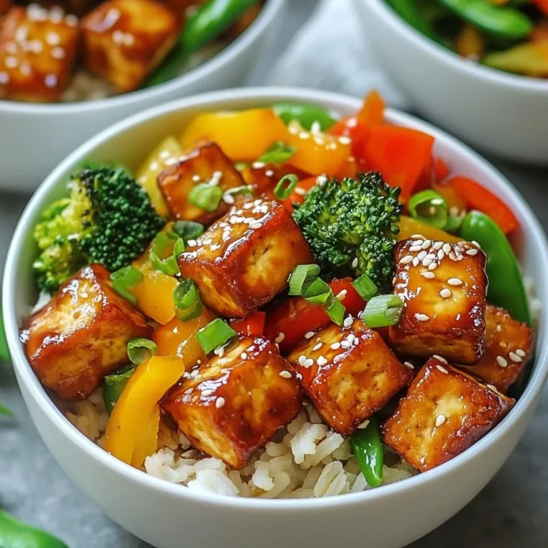 - Firm tofu - Brown rice - Soy sauce - Honey or maple syrup - Garlic and ginger - Mixed vegetables (bell peppers, broccoli, snap peas) - Green onions and sesame seeds The ingredients for Honey Garlic Sesame Tofu Bowls come together to create a tasty dish. First, you need firm tofu. This tofu holds its shape well, making it perfect for frying and baking. You should also have cooked brown rice. It serves as a hearty base for your bowl. Next, gather the sauce ingredients. Start with soy sauce, which gives a nice salty taste. You can use honey or maple syrup for sweetness. I prefer honey for a rich flavor, but maple syrup works well for a vegan option. Don’t forget garlic and ginger. Both add a punch of flavor and aroma. For the vegetables, choose mixed options like bell peppers, broccoli, and snap peas. They add color and crunch. Lastly, green onions and sesame seeds make great garnishes. They add freshness and a bit of crunch to your final dish. These ingredients create a full and balanced meal that is both filling and healthy. Enjoy the mix of flavors! {{ingredient_image_2}} Preheat your oven to 400°F (200°C). Line a baking sheet with parchment paper. This prevents sticking and makes cleanup easier. Cut the firm tofu into even bite-sized cubes. Toss the tofu in a mixing bowl with cornstarch. Make sure each piece is well coated. This helps the tofu get crispy. In a large skillet, heat 1 tablespoon of sesame oil over medium heat. Carefully add the cornstarch-coated tofu. Cook until golden brown, turning often. This should take about 10 to 12 minutes. Once browned, move the tofu to the lined baking sheet. In a small bowl, mix soy sauce, honey (or maple syrup), minced garlic, and grated ginger. Add the remaining 2 tablespoons of sesame oil. Whisk until well combined. Drizzle the sauce over the tofu cubes. Make sure they are well coated. Bake the tofu for an additional 15 minutes. This allows the tofu to caramelize and soak up the sauce. While the tofu bakes, steam or stir-fry the mixed vegetables. Aim for a tender-crisp texture, which should take about 4 to 5 minutes. Season with salt and pepper to enhance flavor. Start with cooked brown rice as the base in each bowl. Layer the honey garlic sesame tofu on top. Add the sautéed mixed vegetables for a colorful and healthy finish. Top each bowl with sliced green onions and a sprinkle of sesame seeds. This adds flavor and a nice crunch. Enjoy your delicious Honey Garlic Sesame Tofu Bowls! To get crispy tofu, pressing is key. Pressing removes extra water. Water makes tofu soggy. For best results, use firm tofu. Cut it into cubes after pressing. Then, coat each piece with cornstarch. Cornstarch helps create a crunchy crust. It absorbs moisture during cooking, making your tofu golden and crispy. You can boost the flavor in many ways. Try adding a pinch of red pepper flakes for heat. Or mix in some lime juice for brightness. You can also play with herbs. Fresh cilantro or basil can add a nice touch. If you want a homemade option, use maple syrup instead of honey. This gives a sweet note and keeps it vegan. Making your dish look great is fun! Serve in deep bowls for height. This adds visual appeal. Drizzle any leftover sauce on top. It makes the dish shiny and inviting. Sprinkle extra sesame seeds for crunch and color. You can even use different colored vegetables for contrast. This way, your Honey Garlic Sesame Tofu Bowls will look as good as they taste! Pro Tips Pressing Tofu: Make sure to press the tofu for at least 30 minutes to remove excess moisture, which helps achieve a crispier texture when cooked. Adjusting Sauce Sweetness: Feel free to adjust the sweetness of the sauce according to your taste by adding more honey or maple syrup, or balancing it with a splash of vinegar for acidity. Mixing Vegetables: Experiment with different vegetables based on the season or your preference. Zucchini, carrots, or bok choy can add unique flavors and textures. Serving Suggestions: Pair these bowls with a side of kimchi or pickled vegetables for an extra layer of flavor and a delightful crunch. {{image_4}} To make this dish vegan, you can easily swap honey for maple syrup. Maple syrup gives a sweet taste without using any animal products. This change keeps the flavor rich and delicious. Plus, maple syrup adds a nice depth to the sauce. You can use the same amount of maple syrup as honey for a perfect balance. If you want to mix it up, consider using tempeh or chickpeas as your protein. Tempeh has a nutty flavor and a firm texture that works well in this dish. Cut it into cubes and follow the same steps as for tofu. If you prefer chickpeas, use canned ones for ease. Just rinse and drain them, then toss them in the sauce before baking. Both options will give you a different but equally tasty meal. You can change the vegetables based on what is in season. This adds new flavors and keeps the dish fresh. For example, try zucchini or asparagus in the spring. In the fall, butternut squash or Brussels sprouts work great. The key is to choose vegetables that you enjoy. Just make sure to cook them until they are tender but still crisp. This way, they add great texture to your meal. To store your honey garlic sesame tofu bowls, follow these steps: - Wait for the bowls to cool completely. - Place the tofu, rice, and vegetables in separate airtight containers. - Store in the fridge for up to three days. This keeps the flavors fresh and helps maintain texture. When reheating your tofu bowls, keep these tips in mind: - Use a microwave or stovetop. - For the microwave, add a splash of water to keep moisture. - Heat in short intervals to avoid overcooking. - If using the stovetop, gently warm on low heat. This helps preserve the crispy texture of the tofu. You can freeze the tofu bowls, but with some caveats: - Tofu can change texture when frozen. - To freeze, cool the bowls and then pack in airtight containers. - They can last up to two months in the freezer. - Thaw in the fridge overnight before reheating. This method makes for a quick meal option later. Yes, you can prepare the tofu bowls ahead of time. Cook the tofu, vegetables, and rice. Store each item in separate containers. This keeps everything fresh. You can assemble the bowls when you are ready to eat. This makes meals easy for busy days. Just heat the tofu and veggies before serving. To achieve extra crispy tofu, follow these steps: - Use firm or extra-firm tofu. - Press the tofu well to remove moisture. - Coat the tofu with cornstarch evenly. - Pan-fry until golden brown before baking. These steps help to create a crunchy texture. Baking after frying adds a nice finish. Yes, you can substitute some ingredients if needed. Here are a few options: - For sweeteners, use agave syrup or brown sugar instead of honey. - Use olive oil or avocado oil instead of sesame oil. These swaps work well and keep the flavors balanced. Adjust the amounts to your taste. We covered how to create a tasty tofu bowl using firm tofu, brown rice, and a simple honey garlic sesame sauce. You learned the steps for prepping, cooking, and assembling your dish. Remember, pressing tofu helps achieve that perfect crispy texture. Don’t hesitate to try different veggies or proteins for variety. With these tips and tricks, you can make a satisfying meal. Enjoy creating and sharing your delicious tofu bowls!