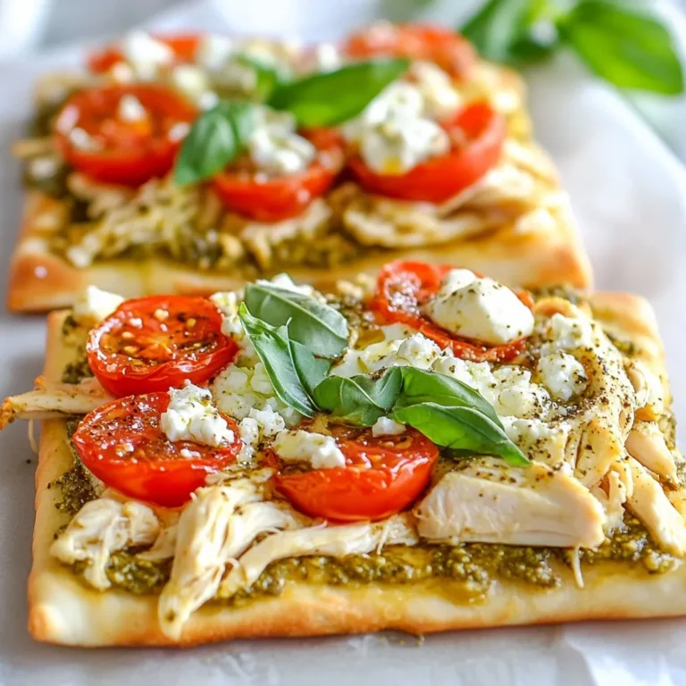 To make Pesto Chicken Flatbread, gather these items: - 2 flatbreads (store-bought or homemade) - 1 cup cooked chicken, shredded - 1/2 cup basil pesto - 1 cup cherry tomatoes, halved - 1 cup mozzarella cheese, shredded - 1/4 cup feta cheese, crumbled - 1 tablespoon olive oil - Fresh basil leaves for garnish - Salt and freshly ground black pepper You can mix up this recipe with some fun add-ins or swaps: - Use turkey or beef instead of chicken. - Swap regular pesto for sun-dried tomato pesto for a twist. - Try different cheese, like goat cheese or cheddar, for new flavors. - Add bell peppers, spinach, or red onions for more veggies. For extra flair, consider these toppings: - Drizzle balsamic glaze over the top for sweetness. - Sprinkle crushed red pepper flakes for some heat. - Add arugula or rocket after baking for a fresh touch. - Use olives or capers for a briny kick. {{ingredient_image_2}} First, set your oven to 400°F (200°C). This heat is perfect for a crispy flatbread. While the oven warms up, line a baking sheet with parchment paper. Spread your flatbreads on this sheet. Make sure they have some space between them for even cooking. Next, grab a medium-sized bowl. In the bowl, mix your shredded chicken with half of the basil pesto. Stir it well. Add salt and freshly ground black pepper according to your taste. This mix will give the chicken a nice flavor. Now comes the fun part! Take a spatula and spread the rest of the basil pesto on each flatbread. Cover every inch for great taste. Then, evenly place the chicken mixture on top of the pesto. Add the halved cherry tomatoes next. Spread them around for color and freshness. Now, sprinkle a good amount of shredded mozzarella cheese over both flatbreads. This will make them gooey and cheesy. Don’t forget to add crumbled feta cheese for a tasty contrast. For extra flavor, drizzle a bit of olive oil over each flatbread. Place the flatbreads in the preheated oven. Bake them for about 12-15 minutes. Keep an eye on them. You want the cheese to bubble and turn a light golden. This will create a delicious crust. When the flatbreads are ready, remove them from the oven. Let them cool for a couple of minutes. This cooling time helps the cheese set a bit. Finally, garnish with fresh basil leaves. Cut the flatbreads into wedges and serve them on a nice platter. You can even drizzle extra pesto around for a beautiful touch. Enjoy! To get a perfect crust, start with a hot oven at 400°F. Preheating your oven well makes a big difference. Use a baking sheet lined with parchment paper. This helps the flatbread cook evenly and prevents sticking. Bake for 12-15 minutes until the cheese is bubbly and golden. If you want extra crispiness, bake a few minutes longer. Just keep an eye on it! You don’t need fancy tools for this recipe. Here’s what I suggest: - Baking sheet - Parchment paper - Mixing bowl - Spatula - Sharp knife for slicing These tools make the process easy and fun. A good spatula helps with spreading the pesto and chicken evenly. You can use cooked chicken in many ways. Rotisserie chicken is quick and tasty. Just shred it and mix with the pesto. If you have leftover chicken, that works great too. Simply shred it and combine with the pesto. You can also grill or sauté chicken breasts. Season them well and cook until done, then shred. This gives a fresh taste to your flatbread. Leftover chicken is a lifesaver! Use it within three days for the best taste. Shred it and mix it with any pesto you have left. Feel free to add extra spices or herbs to make it pop. This keeps your meal fresh and saves time. It’s a great way to reduce food waste while enjoying a delicious dish! Pro Tips Use Fresh Ingredients: Opt for fresh basil and ripe cherry tomatoes to enhance the overall flavor and presentation of your flatbreads. Customize Your Pesto: If you have the time, try making your own pesto at home for a fresher taste and the ability to customize the ingredients. Experiment with Cheeses: Feel free to mix different cheeses like gouda or parmesan for a unique flavor profile that complements the chicken and pesto. Serving Suggestions: Pair your flatbreads with a light salad or a side of roasted vegetables for a complete and satisfying meal. {{image_4}} If you want a meatless meal, try using roasted vegetables instead of chicken. Eggplant, zucchini, or bell peppers work well. You can also add spinach for extra color and flavor. Just toss your veggies in olive oil and roast them until tender. Then, follow the same steps as the chicken version. You will love the fresh taste! For a gluten-free option, choose flatbreads made from almond flour or cauliflower. These alternatives are tasty and hold up well. You can find them in many stores. Just make sure to check the labels, as some brands may add extra ingredients. Follow the same steps to prepare your flatbread for a gluten-free delight. To take your flatbread to the next level, you can customize with different cheeses. Instead of mozzarella, try gouda or pepper jack for a spicy kick. For a rich flavor, cream cheese works great, too. Mix in some herbs or spices into the cheese for an extra boost. Experiment with flavors until you find your favorite combo! After you enjoy your pesto chicken flatbread, store any leftovers properly. Place the flatbread in an airtight container. You can keep it in the fridge for up to three days. If you want to preserve the flavor, wrap the flatbread in plastic wrap before placing it in the container. This keeps it fresh and ready for your next meal. When you want to enjoy your leftovers, reheating them is simple. Preheat your oven to 350°F (175°C). Place the flatbread on a baking sheet and heat for about 10 minutes. This method helps keep the crust crispy and the cheese melty. You can also use the microwave if you're in a hurry. Just heat it for about 30 seconds. Be careful, as the crust may get soft in the microwave. If you want to save your flatbread for later, freezing is a great option. First, let the flatbread cool completely. Then, wrap it tightly in plastic wrap. After that, place it in a freezer bag or container. Label it with the date. You can freeze it for up to three months. When you're ready to eat it, thaw it in the fridge overnight before reheating. This way, you can enjoy your delicious pesto chicken flatbread anytime! To make homemade flatbread, mix flour, water, salt, and oil. Knead the dough until smooth. Roll it out into thin rounds. Heat a skillet over medium heat. Cook each round for about one minute per side. This gives you soft and warm flatbreads. You can also add herbs to the dough for extra flavor. Yes, you can prepare the Pesto Chicken Flatbread in advance. You can assemble the flatbreads and store them in the fridge. Just cover them with plastic wrap to keep them fresh. Bake them right before serving. This keeps the bread crispy and the cheese gooey. Great sides for Pesto Chicken Flatbread include: - A fresh green salad - Crispy roasted vegetables - Garlic bread - A light soup, like tomato or minestrone These sides balance the rich flavors of the flatbread and add freshness to your meal. To adjust the spice level, add red pepper flakes to the chicken mixture. You can also use spicy pesto instead of regular pesto. For a milder taste, skip the red pepper flakes and use less black pepper. This way, you can tailor the dish to your taste. This blog post covered all you need for perfect pesto chicken flatbreads. We discussed essential ingredients, step-by-step cooking, and tips for great results. You learned how to customize flavors and store leftovers. By following these steps, you can impress anyone with your flatbreads. Enjoy experimenting with this meal. Remember, cooking is fun, and each attempt makes you better!