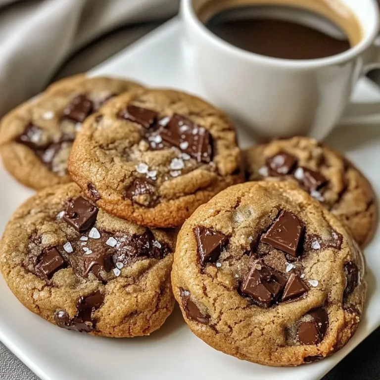 To make these delightful espresso chocolate chunk cookies, gather the following ingredients: - 1 cup unsalted butter, softened - 1 cup packed brown sugar - 1/2 cup granulated sugar - 2 large eggs, at room temperature - 2 teaspoons pure vanilla extract - 2 cups all-purpose flour, sifted - 1/2 cup unsweetened cocoa powder, sifted - 1 teaspoon baking soda - 1/2 teaspoon fine sea salt - 1 tablespoon instant espresso powder - 1 cup dark chocolate chunks, roughly chopped - Flaky sea salt for topping For extra flavor, consider adding these: - 1/2 cup chopped nuts, like walnuts or pecans - 1 teaspoon cinnamon for warmth - 1 tablespoon coffee liqueur for a deeper coffee taste You can swap some ingredients if needed: - Use coconut oil instead of butter for a dairy-free option. - Replace brown sugar with coconut sugar for a healthier choice. - Use almond flour instead of all-purpose flour for gluten-free cookies. - Instant coffee can work if you don’t have espresso powder. These choices let you customize your cookies while keeping them tasty! {{ingredient_image_2}} Start by preheating your oven to 350°F (175°C). This ensures even baking. Next, line two baking sheets with parchment paper. This helps the cookies not stick and makes cleanup easy. In a large mixing bowl, add 1 cup of softened butter, 1 cup of packed brown sugar, and 1/2 cup of granulated sugar. Use an electric mixer on medium speed. Mix until the mixture is light and fluffy, around 2-3 minutes. This step is key for a soft cookie. In another bowl, whisk together 2 cups of sifted all-purpose flour, 1/2 cup of sifted cocoa powder, 1 teaspoon of baking soda, 1/2 teaspoon of fine sea salt, and 1 tablespoon of instant espresso powder. Make sure there are no lumps. Gradually add this dry mix to the wet mix. Mix on low speed just until combined. Don't overmix; it keeps the cookies tender. Gently fold in 1 cup of dark chocolate chunks using a spatula. This ensures even chocolate bites in each cookie. Drop rounded balls of dough onto the prepared baking sheets, leaving 2 inches between each. Sprinkle a pinch of flaky sea salt on top of each cookie. Bake for 10-12 minutes. The edges should be set, but the centers should remain soft. Let them rest on the sheets for 5 minutes before moving them to a wire rack to cool completely. To bake the best cookies, I suggest using room temperature ingredients. This helps them mix better. Always measure your flour correctly. Too much flour can make cookies dry. I like to spoon flour into the measuring cup and level it off with a knife. For perfect chocolate chunks, chop your chocolate into even pieces. This way, they melt evenly. You can also melt some chocolate before folding it into the dough for a gooey center. Just be careful not to overheat it. Baking at 350°F (175°C) is key for these cookies. Keep an eye on them for the last few minutes. The edges should look set, while the center stays soft. Remove them from the oven and let them rest on the baking sheet for five minutes. This helps them finish baking without getting hard. Pro Tips Chill the Dough: For thicker cookies that hold their shape, refrigerate the dough for at least 30 minutes before baking. Use Good Quality Chocolate: The flavor of your cookies greatly depends on the quality of the chocolate used; opt for high-quality dark chocolate chunks for the best results. Experiment with Espresso: Adjust the instant espresso powder to your taste; a little more can intensify the coffee flavor without overpowering the chocolate. Store Properly: Keep leftover cookies in an airtight container at room temperature to maintain freshness; they can also be frozen for longer storage. {{image_4}} You can boost the flavor of your cookies by adding nuts. Chopped walnuts or pecans give a nice crunch. You can swap dark chocolate for milk chocolate or white chocolate. Each type brings its own unique taste. For a fun twist, try using chocolate chips instead of chunks. They melt differently, which can change the cookie's texture. Want to mix things up? Add a splash of mint extract for a fresh taste. It pairs well with chocolate and espresso. You can also add a bit of orange zest. This brings a bright, citrus note that balances the rich flavors. Just a teaspoon of either will do the trick. Experimenting with these flavors can make your cookies stand out. You can make these cookies gluten-free easily. Swap the all-purpose flour for a gluten-free blend. Look for a mix that includes xanthan gum for the best texture. This will help keep your cookies soft and chewy. Always check the labels on your ingredients to ensure they are gluten-free. This way, everyone can enjoy these delicious treats! To keep your espresso chocolate chunk cookies fresh, store them in an airtight container. Line the container with parchment paper to absorb moisture. This helps keep cookies soft. You can also place a slice of bread in the container. This adds moisture and keeps cookies from drying out. Store the cookies at room temperature for up to one week. Freezing is a great way to save cookies for later. First, let the cookies cool completely. Next, place them in a single layer on a baking sheet. Freeze for about one hour until firm. Once frozen, transfer the cookies to a freezer bag. Remove as much air as possible before sealing. You can freeze them for up to three months. When you want to enjoy them, just thaw at room temperature. For the best taste, reheat your cookies before enjoying. Preheat your oven to 350°F (175°C). Place the cookies on a baking sheet. Heat them for about 5 minutes. This makes them warm and soft again. You can also use the microwave. Heat for about 10 seconds. Be careful not to overheat, or they may get tough. Enjoy your cookies with a fresh cup of espresso! Yes, you can. Use finely ground coffee instead. It won't give the same strong flavor, but it will work. You might need to adjust the amount. Taste the dough to find the right balance. If your cookies are dry, try adding a bit of milk. Start with one tablespoon. Mix it in gently and check the texture. You can also reduce the flour in your next batch. To make chewy cookies, try these tips: - Use more brown sugar than white sugar. - Don’t overbake them. Remove them while they are still soft. - Chill the dough before baking. This helps them stay thicker. Sure! You can use coconut sugar or even honey. Keep in mind, honey adds moisture. You may need to reduce other liquids in the recipe. Adjust to achieve the right texture. In this blog, we covered essential cookie ingredients and their precise measurements. We explored tips for perfect texture and baking process to ensure your cookies are delicious. We also discussed creative variations and storage tips for freshness. Remember, following these steps leads to delightful cookies every time. Now, get ready to bake and enjoy your treats!
