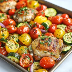- 4 boneless, skinless chicken thighs - 1 cup cherry tomatoes, halved - 1 red bell pepper, sliced into strips - 1 yellow bell pepper, sliced into strips - 1 small red onion, cut into wedges - 1 zucchini, sliced into half-moons - 2 tablespoons extra virgin olive oil - 2 teaspoons dried oregano - 1 teaspoon garlic powder - 1 teaspoon onion powder - Juice and zest of 1 lemon - Salt and black pepper to taste The star of the show is the chicken. I love using boneless, skinless thighs. They stay juicy and tender during cooking. The vegetables add color and flavor. Cherry tomatoes burst with sweetness. Bell peppers bring crunch and sweetness. Red onions add a sharp bite, while zucchini softens and soaks up the marinade. For the marinade, I mix olive oil, oregano, garlic powder, and onion powder. This blend gives the chicken deep flavor. The lemon juice and zest add brightness. Salt and pepper bring everything together. This simple mix transforms the chicken and veggies into a tasty meal. Remember, fresh ingredients make a big difference. Choose ripe tomatoes and firm peppers. This ensures you get the best flavor from your dish. {{ingredient_image_2}} - Preheat oven to 425&deg;F (220&deg;C). - In a bowl, mix olive oil, oregano, garlic powder, onion powder, salt, and pepper. This makes a tasty marinade. - Add chicken thighs to the bowl. Coat them well with the marinade. Let the chicken sit for 15 minutes at room temperature. If you have time, marinate in the fridge for up to 2 hours. - On a large sheet pan, spread out cherry tomatoes, red and yellow bell peppers, red onion, and zucchini. - Drizzle the veggies with a tablespoon of olive oil. Add salt and pepper, then toss gently. - Place the marinated chicken thighs on top of the vegetables. Squeeze lemon juice over the dish and add lemon zest. - Roast the pan in the oven for 25-30 minutes. - Check if the chicken is done by using a meat thermometer. It should reach 165&deg;F (74&deg;C). - Let the chicken rest for a few minutes after taking it out of the oven. This helps keep it juicy. - For great flavor, marinate for at least 15 minutes. - If you have time, marinate in the fridge for up to 2 hours. - Store marinated chicken in an airtight container to keep it fresh. Marinating helps the chicken absorb all those tasty flavors. The olive oil and spices work together to make each bite delicious. Letting it sit longer really enhances the taste. - Adjust the cooking time based on the size of your chicken and veggies. - Cut chicken thighs into smaller pieces if you want them to cook faster. - Make sure your oven is preheated to 425&deg;F for the best results. Ovens can vary, so check your chicken towards the end of cooking. Aim for an internal temperature of 165&deg;F for perfectly cooked chicken. Use a meat thermometer to be sure. - Serve straight from the sheet pan for a casual meal. - For a fancier touch, transfer everything to a serving platter. If you serve from the pan, it makes for a fun family-style meal. Placing it on a platter adds a nice touch for guests. Drizzle a little extra olive oil and add fresh parsley to make it pop! Pro Tips Marinate for Maximum Flavor: Allow the chicken to marinate for at least 15 minutes at room temperature or up to 2 hours in the refrigerator. This enhances the flavor and tenderness of the chicken. Choose Seasonal Vegetables: Feel free to swap in seasonal vegetables for a fresh twist. Asparagus, eggplant, or artichokes can add variety and color to your dish. Check Doneness with a Thermometer: To ensure your chicken is cooked perfectly, use a meat thermometer to check that the internal temperature reaches 165&deg;F (74&deg;C). Let It Rest: After removing the sheet pan from the oven, let the chicken rest for a few minutes before serving. This allows the juices to redistribute and keeps the meat moist. {{image_4}} You can use different proteins for this dish. Chicken breasts work great if you prefer leaner meat. Drumsticks add a fun, juicy option. If you want something lighter, try fish like salmon or cod. Tofu is a tasty choice for a plant-based meal. Just make sure to press it to remove extra moisture. This way, it absorbs the flavors well. Feel free to swap in other seasonal veggies. Carrots, asparagus, or broccoli all work well in this recipe. You can even add sweet potatoes for a hearty twist. Adding leafy greens like spinach or kale also boosts nutrition. Toss them in the pan for the last five minutes of cooking. This keeps them bright and fresh. To make this dish even tastier, add feta cheese or olives. Feta crumbles bring a creamy, salty touch. Olives add a briny flavor that pairs well with chicken. You can also play with herbs and spices. Try adding fresh dill, basil, or thyme for a new twist. A pinch of red pepper flakes adds a kick if you like spice. To keep your Greek Chicken Sheet Pan Dinner fresh, store leftovers right away. Place the chicken and veggies in airtight containers. This helps maintain their flavor. Use glass or plastic containers with tight lids. Avoid using metal containers, as they can react with the food. For the best taste and texture, reheat leftovers in the oven. Preheat your oven to 350&deg;F (175&deg;C). Place the dish in the oven for about 15-20 minutes. This will warm the chicken and veggies evenly. You can also use a microwave if you are short on time. Just cover the container to keep moisture in. Always check the food reaches 165&deg;F (74&deg;C) for safety. Yes, you can freeze this dish! To freeze, let the chicken and veggies cool completely. Then, place them in freezer-safe containers or bags. Make sure to remove as much air as possible from bags. This helps prevent freezer burn. When you're ready to eat, thaw it in the fridge overnight. Reheat as mentioned above for the best flavor. Yes, you can use bone-in chicken. However, cooking times will change. Bone-in chicken needs more time to cook through. Aim for 35-40 minutes in the oven. Check the internal temperature. It should reach 165&deg;F (74&deg;C). The bone adds flavor, which is a bonus. Just know that the skin may get crispier than boneless thighs. Making this dish gluten-free is simple. Use gluten-free soy sauce or tamari in the marinade. Check your spices, especially garlic and onion powders. Most are gluten-free, but it's good to verify. Using fresh herbs is also a great option. This way, you keep the flavor while avoiding gluten. A few sides go great with this dish. Consider serving with: - Quinoa or rice for a filling base. - A Greek salad for fresh crunch. - Roasted potatoes for extra heartiness. - Tzatziki sauce for a creamy dip. These sides balance the chicken's flavors and make the meal complete. This blog covered a simple and tasty Greek Chicken Sheet Pan Dinner. You learned about the main ingredients, marinade, and cooking steps. I shared tips for marinating, cooking, and presenting your meal. You also discovered variations, storage solutions, and answers to common questions. Now, you can easily make this dish your own. Enjoy experimenting with flavors and ingredients. Your kitchen adventure will be delicious and rewarding.