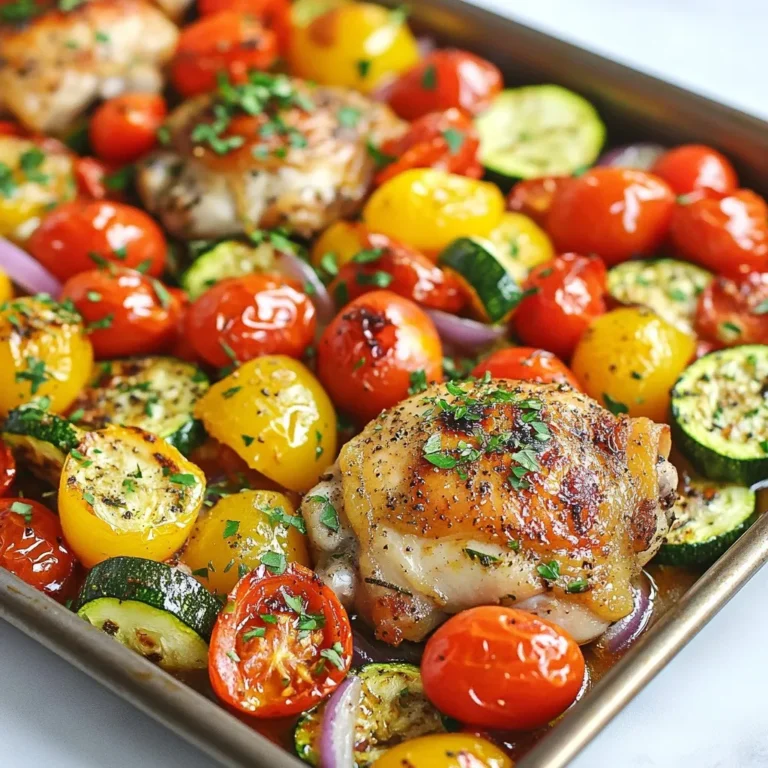 - 4 boneless, skinless chicken thighs - 1 cup cherry tomatoes, halved - 1 red bell pepper, sliced into strips - 1 yellow bell pepper, sliced into strips - 1 small red onion, cut into wedges - 1 zucchini, sliced into half-moons - 2 tablespoons extra virgin olive oil - 2 teaspoons dried oregano - 1 teaspoon garlic powder - 1 teaspoon onion powder - Juice and zest of 1 lemon - Salt and black pepper to taste The star of the show is the chicken. I love using boneless, skinless thighs. They stay juicy and tender during cooking. The vegetables add color and flavor. Cherry tomatoes burst with sweetness. Bell peppers bring crunch and sweetness. Red onions add a sharp bite, while zucchini softens and soaks up the marinade. For the marinade, I mix olive oil, oregano, garlic powder, and onion powder. This blend gives the chicken deep flavor. The lemon juice and zest add brightness. Salt and pepper bring everything together. This simple mix transforms the chicken and veggies into a tasty meal. Remember, fresh ingredients make a big difference. Choose ripe tomatoes and firm peppers. This ensures you get the best flavor from your dish. {{ingredient_image_2}} - Preheat oven to 425°F (220°C). - In a bowl, mix olive oil, oregano, garlic powder, onion powder, salt, and pepper. This makes a tasty marinade. - Add chicken thighs to the bowl. Coat them well with the marinade. Let the chicken sit for 15 minutes at room temperature. If you have time, marinate in the fridge for up to 2 hours. - On a large sheet pan, spread out cherry tomatoes, red and yellow bell peppers, red onion, and zucchini. - Drizzle the veggies with a tablespoon of olive oil. Add salt and pepper, then toss gently. - Place the marinated chicken thighs on top of the vegetables. Squeeze lemon juice over the dish and add lemon zest. - Roast the pan in the oven for 25-30 minutes. - Check if the chicken is done by using a meat thermometer. It should reach 165°F (74°C). - Let the chicken rest for a few minutes after taking it out of the oven. This helps keep it juicy. - For great flavor, marinate for at least 15 minutes. - If you have time, marinate in the fridge for up to 2 hours. - Store marinated chicken in an airtight container to keep it fresh. Marinating helps the chicken absorb all those tasty flavors. The olive oil and spices work together to make each bite delicious. Letting it sit longer really enhances the taste. - Adjust the cooking time based on the size of your chicken and veggies. - Cut chicken thighs into smaller pieces if you want them to cook faster. - Make sure your oven is preheated to 425°F for the best results. Ovens can vary, so check your chicken towards the end of cooking. Aim for an internal temperature of 165°F for perfectly cooked chicken. Use a meat thermometer to be sure. - Serve straight from the sheet pan for a casual meal. - For a fancier touch, transfer everything to a serving platter. If you serve from the pan, it makes for a fun family-style meal. Placing it on a platter adds a nice touch for guests. Drizzle a little extra olive oil and add fresh parsley to make it pop! Pro Tips Marinate for Maximum Flavor: Allow the chicken to marinate for at least 15 minutes at room temperature or up to 2 hours in the refrigerator. This enhances the flavor and tenderness of the chicken. Choose Seasonal Vegetables: Feel free to swap in seasonal vegetables for a fresh twist. Asparagus, eggplant, or artichokes can add variety and color to your dish. Check Doneness with a Thermometer: To ensure your chicken is cooked perfectly, use a meat thermometer to check that the internal temperature reaches 165°F (74°C). Let It Rest: After removing the sheet pan from the oven, let the chicken rest for a few minutes before serving. This allows the juices to redistribute and keeps the meat moist. {{image_4}} You can use different proteins for this dish. Chicken breasts work great if you prefer leaner meat. Drumsticks add a fun, juicy option. If you want something lighter, try fish like salmon or cod. Tofu is a tasty choice for a plant-based meal. Just make sure to press it to remove extra moisture. This way, it absorbs the flavors well. Feel free to swap in other seasonal veggies. Carrots, asparagus, or broccoli all work well in this recipe. You can even add sweet potatoes for a hearty twist. Adding leafy greens like spinach or kale also boosts nutrition. Toss them in the pan for the last five minutes of cooking. This keeps them bright and fresh. To make this dish even tastier, add feta cheese or olives. Feta crumbles bring a creamy, salty touch. Olives add a briny flavor that pairs well with chicken. You can also play with herbs and spices. Try adding fresh dill, basil, or thyme for a new twist. A pinch of red pepper flakes adds a kick if you like spice. To keep your Greek Chicken Sheet Pan Dinner fresh, store leftovers right away. Place the chicken and veggies in airtight containers. This helps maintain their flavor. Use glass or plastic containers with tight lids. Avoid using metal containers, as they can react with the food. For the best taste and texture, reheat leftovers in the oven. Preheat your oven to 350°F (175°C). Place the dish in the oven for about 15-20 minutes. This will warm the chicken and veggies evenly. You can also use a microwave if you are short on time. Just cover the container to keep moisture in. Always check the food reaches 165°F (74°C) for safety. Yes, you can freeze this dish! To freeze, let the chicken and veggies cool completely. Then, place them in freezer-safe containers or bags. Make sure to remove as much air as possible from bags. This helps prevent freezer burn. When you're ready to eat, thaw it in the fridge overnight. Reheat as mentioned above for the best flavor. Yes, you can use bone-in chicken. However, cooking times will change. Bone-in chicken needs more time to cook through. Aim for 35-40 minutes in the oven. Check the internal temperature. It should reach 165°F (74°C). The bone adds flavor, which is a bonus. Just know that the skin may get crispier than boneless thighs. Making this dish gluten-free is simple. Use gluten-free soy sauce or tamari in the marinade. Check your spices, especially garlic and onion powders. Most are gluten-free, but it's good to verify. Using fresh herbs is also a great option. This way, you keep the flavor while avoiding gluten. A few sides go great with this dish. Consider serving with: - Quinoa or rice for a filling base. - A Greek salad for fresh crunch. - Roasted potatoes for extra heartiness. - Tzatziki sauce for a creamy dip. These sides balance the chicken's flavors and make the meal complete. This blog covered a simple and tasty Greek Chicken Sheet Pan Dinner. You learned about the main ingredients, marinade, and cooking steps. I shared tips for marinating, cooking, and presenting your meal. You also discovered variations, storage solutions, and answers to common questions. Now, you can easily make this dish your own. Enjoy experimenting with flavors and ingredients. Your kitchen adventure will be delicious and rewarding.