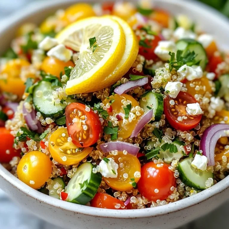 - 1 cup quinoa, rinsed thoroughly - 2 cups vegetable broth or water - 1 cup cherry tomatoes, cut in half - 1 cucumber, diced into small cubes - 1 bell pepper (red or yellow), diced - 1/4 cup red onion, finely chopped - 3 tablespoons extra-virgin olive oil - 2 tablespoons freshly squeezed lemon juice - 2 cloves garlic, minced - Sea salt and freshly cracked pepper, to taste - 1/4 cup feta cheese, crumbled (optional but recommended) - 1/4 cup fresh parsley, chopped To start, rinse the quinoa under cold water. Rinsing helps remove the bitter taste. Then, place the quinoa in a medium pot. Add the vegetable broth or water. Heat the pot over medium heat until it boils. Once boiling, lower the heat. Cover the pot and let it simmer for 15 minutes. The quinoa will absorb all the liquid. Remove the pot from heat and let it sit for 5 minutes. This resting time makes it fluffy. After that, use a fork to fluff the quinoa and set it aside to cool slightly. Next, take your fresh veggies. Chop the cherry tomatoes in half. Dice the cucumber into small cubes. Cut the bell pepper into small pieces. Finally, finely chop the red onion. Combine all these veggies in a large mixing bowl. You want the colors to shine. In a smaller bowl, whisk together the olive oil, lemon juice, and minced garlic. This dressing brings the salad to life. It’s bright and zesty, perfect for the quinoa and veggies. Now, once the quinoa is cool, add it to the bowl with the veggies. Drizzle the dressing over the top. Toss everything gently to mix. Make sure every bite has flavor. Taste the salad and adjust the seasoning if needed. You might want more salt, pepper, or lemon juice. For the best flavor, consider chilling the salad for about 30 minutes before serving. This lets all the flavors mingle. {{ingredient_image_2}} To make your Lemon Garlic Quinoa Salad even more delicious, consider adding fresh herbs. You can try: - Fresh basil for a sweet, fragrant twist. - Mint for a refreshing note. - Cilantro for a pop of brightness. You can also sprinkle in some spices. A pinch of cumin adds warmth. Smoked paprika gives it a lovely, smoky flavor. Presentation matters! Serve the salad in a large bowl to show off its colors. Garnish with: - Extra parsley leaves for freshness. - Thin lemon slices to brighten the look. - A drizzle of olive oil to give it a shine. These small touches will make your dish look impressive. If you want to switch things up, you can change the quinoa or veggies. Try: - Brown rice or farro instead of quinoa for a different texture. - Roasted sweet potato or zucchini in place of some raw veggies. These choices keep your salad fresh and exciting! You can easily boost the protein in your Lemon Garlic Quinoa Salad. Here are a few options: - Chicken: Grilled or roasted chicken adds a hearty touch. Simply dice it and toss it in. - Chickpeas: These are a great plant-based option. Rinse canned chickpeas and mix them in for extra fiber. - Beans: Black beans or kidney beans work well too. They add both protein and a nice texture. Change up the flavors based on your mood. Here are two fun ideas: - Mediterranean: Add olives, sun-dried tomatoes, and a sprinkle of oregano. This gives a savory twist. - Southwestern: Mix in corn, black beans, and cilantro. A squeeze of lime juice also brightens the dish. Use fresh, seasonal ingredients for a unique touch: - Spring: Add fresh peas and asparagus for a crunchy bite. - Summer: Toss in diced zucchini and sweet corn for a refreshing taste. - Fall: Include roasted butternut squash and cranberries for a cozy flavor. - Winter: Try adding roasted root veggies like carrots or sweet potatoes to warm you up. Pro Tips Rinse the Quinoa: Always rinse your quinoa thoroughly before cooking. This removes the natural coating called saponin, which can give a bitter taste to your dish. Chill for Flavor: Letting the salad sit in the refrigerator for about 30 minutes before serving allows the flavors to meld together beautifully. Customize Your Veggies: Feel free to mix and match your favorite vegetables in this salad. Bell peppers, carrots, and radishes add great color and crunch! Use Fresh Herbs: Fresh herbs like basil or mint can elevate the flavor profile of your salad. Experiment with different herbs to find your favorite combination! {{image_4}} To store your Lemon Garlic Quinoa Salad, place it in an airtight container. Make sure the salad cools before sealing it. This helps keep the flavors fresh. In the fridge, it lasts about three to five days. If you want to enjoy it later, keep it covered to avoid drying out. You can freeze this salad, but it may change the texture. First, store it in a freezer-safe container. Leave some space at the top for expansion. It can stay frozen for up to three months. When you’re ready to eat it, let it thaw in the fridge overnight. When reheating, avoid the microwave if you can. Instead, let it come to room temperature. This helps keep the flavors bright. If the salad seems dry, add a splash of olive oil or lemon juice before serving. Toss it gently to refresh the taste. Enjoy your lemon garlic quinoa salad as if it were fresh! This salad lasts about 3 to 5 days in the fridge. To keep it fresh, store it in an airtight container. The flavors will blend and improve as it sits. However, the veggies may lose crunch over time. Yes, you can prepare this salad a day before. To meal prep, cook the quinoa and chop the veggies. Store them separately. Mix them with the dressing just before serving. This keeps everything fresh and tasty. You can add grilled chicken for protein. Chickpeas or black beans work well too. Shrimp also makes a great pairing. These options boost the meal's nutrition and flavor, making it balanced and satisfying. In this blog post, we explored how to make a tasty Lemon Garlic Quinoa Salad. We covered the main and optional ingredients, along with simple steps for cooking quinoa and mixing the salad. I shared tips for enhancing flavors and ways to serve it. Consider substitutions, variations, and storage tips to keep it fresh. This salad is versatile and easy to prepare, making it perfect for any occasion. Enjoy making this healthy dish that can fit any meal!