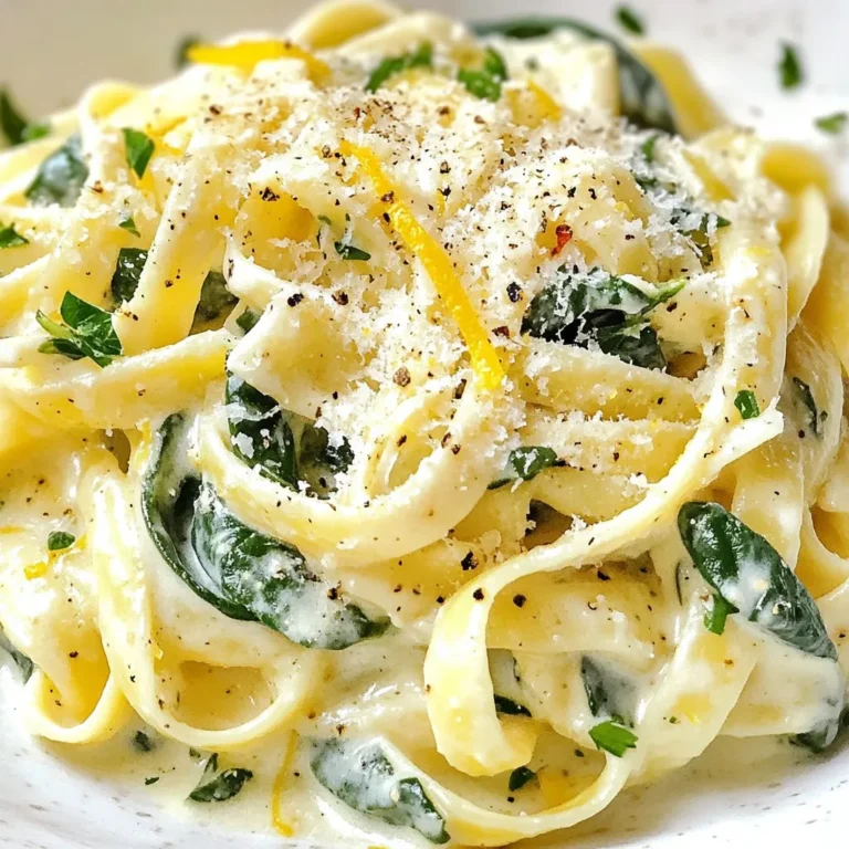 To make this creamy lemon spinach pasta, you need simple and fresh ingredients. Here’s what you’ll gather: - Fettuccine or your preferred pasta - Olive oil - Garlic - Fresh baby spinach - Heavy cream or coconut cream - Parmesan cheese or nutritional yeast - Lemon zest - Lemon juice - Sea salt and black pepper - Optional: red pepper flakes Each ingredient plays a key role in creating a rich, flavorful dish. The fettuccine provides a lovely texture, while the olive oil adds depth. Garlic gives your sauce a warm base, and fresh spinach brings color and nutrients. The heavy cream (or coconut cream) makes the sauce smooth. Parmesan cheese, or nutritional yeast for a vegan twist, enhances the flavor with that cheesy goodness. Fresh lemon zest and juice brighten the dish with tangy notes. Lastly, season with sea salt, black pepper, and optional red pepper flakes for a little kick. Enjoy gathering these ingredients; they promise a delightful meal! {{ingredient_image_2}} 1. Start by boiling water in a large pot. Add a pinch of salt for flavor. 2. Once the water boils, add 8 oz of your favorite pasta, like fettuccine. Cook until it is al dente, which means it has a slight bite. 3. Before draining, reserve 1/2 cup of the starchy pasta water. This helps thicken the sauce later. Then, drain the pasta well. 1. While the pasta cooks, heat 2 tablespoons of olive oil in a large skillet over medium heat. 2. Add 3 cloves of minced garlic and sauté for about 1 minute. Wait for the garlic to smell fragrant and turn lightly golden. 3. Next, add 5 oz of fresh baby spinach to the skillet. Sauté for 2 to 3 minutes, stirring often until the spinach wilts down. 4. Lower the heat to a gentle simmer. Pour in 1 cup of heavy cream, stirring to mix with the garlic and spinach. Let this simmer for 2 to 3 minutes until it thickens a bit. 1. Now, add 1/2 cup of grated Parmesan cheese and the zest and juice of 1 fresh lemon. Stir until the cheese melts and the sauce becomes creamy. 2. If the sauce is too thick, gradually stir in some reserved pasta water until it gets to your desired thickness. 3. Toss the cooked pasta into the creamy sauce. Make sure every strand is well coated. Season with sea salt, black pepper, and red pepper flakes if you like a little heat. - Using the right cream: For a rich flavor, I prefer heavy cream. If you want a vegan option, use coconut cream. It adds a nice sweetness. - Incorporating pasta water: Always save some pasta water. This starchy water helps your sauce stick to the pasta. Add it slowly to reach the perfect creaminess. - Adjusting seasoning: Taste as you cook. Add sea salt and black pepper to enhance flavors. If you want a kick, sprinkle in red pepper flakes. - Plating techniques: Use wide bowls for your pasta. This gives a nice view and makes it look appealing. Twirl the pasta for a fun effect. - Garnishes for visual appeal: Top with extra Parmesan cheese and lemon zest. A few fresh spinach leaves also brighten the dish. - Enhancing aroma with herbs: Fresh herbs like parsley or basil add a lovely scent. Just a sprig on top makes it look gourmet. - Vegan modifications: Replace the cheese with nutritional yeast. It gives a cheesy taste without dairy. Coconut cream works well too. - Gluten-free options: Use gluten-free pasta for a similar taste. Many brands offer great alternatives that cook well. - Adding protein sources: For extra protein, add grilled chicken or chickpeas. Both options mix well with the creamy sauce and spinach. Pro Tips Choose the Right Pasta: For a more authentic Italian experience, opt for fresh fettuccine if available, as it will enhance the overall texture and flavor of your dish. Garlic Flavor Boost: To intensify the garlic flavor, add a pinch of garlic powder along with the fresh garlic, enhancing the depth of flavor in the sauce. Vegan Cream Options: For a lighter sauce, consider using cashew cream or a blend of silken tofu and lemon juice as a vegan alternative to heavy cream. Serving Suggestions: Pair this dish with a crisp white wine or a refreshing sparkling water with lemon for a delightful meal experience. {{image_4}} Store leftover creamy lemon spinach pasta in an airtight container. This keeps it fresh and prevents strong odors from other foods. It lasts up to three days in the fridge. Make sure to cool it to room temperature before sealing. The best way to reheat this dish is on the stove. Place the pasta in a pan over low heat. Add a splash of water or cream to keep it moist. Stir gently to maintain creaminess and prevent it from sticking. You can also use a microwave, covering it with a damp paper towel. Heat in short bursts to avoid overheating. Yes, you can freeze creamy lemon spinach pasta, but it may change in texture. To freeze, let the pasta cool completely. Store it in a freezer-safe container, leaving some space for expansion. Thaw overnight in the fridge before reheating. If you freeze it, expect a slightly different texture when you reheat. Pairing side salads with your pasta enhances the meal. A fresh arugula salad works well. Top it with cherry tomatoes and a light vinaigrette. For a heartier option, a simple Caesar salad adds great flavor. You can also serve crusty bread with the pasta. A garlic bread loaf complements the creamy sauce perfectly. When it comes to drinks, a crisp white wine is a great choice. A Sauvignon Blanc or Pinot Grigio pairs nicely with lemon and cream. If you prefer a non-alcoholic option, try sparkling water with lemon slices. It refreshes your palate and keeps the meal light. This dish is perfect for busy weeknight dinners. It cooks up quickly and pleases many tastes. You can also serve it at special occasions. The creamy sauce and bright lemon flavor impress guests. Whether it's a family gathering or a dinner party, this dish shines. Yes, you can use many types of pasta. Alternatives to fettuccine include: - Penne - Spaghetti - Linguine - Farfalle These options work well in this creamy lemon spinach pasta. Just cook them as the package suggests. You can easily make this dish dairy-free. Here are some great options: - Use coconut cream instead of heavy cream. - Swap Parmesan cheese for nutritional yeast. Both options keep the dish creamy and flavorful. Adding protein boosts this meal nicely. Consider these options: - Grilled chicken for a classic touch. - Sautéed shrimp for a seafood twist. - Chickpeas for a plant-based option. These additions make the dish heartier and more filling. This dish features key ingredients like pasta, garlic, cream, and spinach. You learned how to cook pasta, prepare a creamy sauce, and combine it all. Tips showed you how to perfect the flavors and present the meal well. In the end, whether you're making it vegan or adding more protein, this recipe is flexible. Enjoying this meal can brighten a weeknight or special gathering. Create your version and make it memorable!