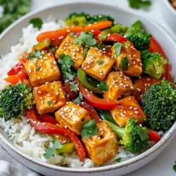 - 14 oz firm tofu, diced - 1 red bell pepper, sliced - 1 green bell pepper, sliced - 1 cup broccoli florets - 2 carrots, julienned - 3 cloves garlic, minced - 1-inch piece ginger, grated - 3 tablespoons sweet chili sauce - 2 tablespoons soy sauce - 1 tablespoon sesame oil - 1 tablespoon vegetable oil The main components of sweet chili tofu stir-fry create a colorful and tasty dish. Firm tofu is the star, giving a great texture. You want this tofu to be nice and crispy, so press it well. Fresh bell peppers add sweetness and crunch. Broccoli and carrots bring color and nutrients. Garlic and ginger round out the flavors, making every bite special. The sweet chili sauce and soy sauce are key to a rich and savory finish. - Sesame seeds - Fresh cilantro Garnishes add a nice touch to your dish. Sesame seeds give a bit of crunch and a nutty taste. Fresh cilantro brightens the flavors and adds a fresh aroma. These add-ons make the dish look pretty and inviting. Enjoy the burst of flavors as you savor your sweet chili tofu stir-fry! {{ingredient_image_2}} - Pressing the tofu: Start by taking your firm tofu and cutting it into cubes. Place the cubes between clean kitchen towels or paper towels. Press gently to remove the water. This takes about 15 minutes. Removing moisture helps the tofu get crispy. - Achieving a crispy texture: The key to a great texture is pressing. The drier the tofu, the better it browns. This step is very important. - Heating the oil: Get a large skillet or wok. Add vegetable oil and heat it on medium-high. Wait until the oil shimmers. This shows it is hot and ready. - Cooking the tofu: Once the oil is hot, add the pressed tofu cubes. Cook them for about 5-7 minutes. Turn the tofu frequently. You want it golden brown on all sides. After that, take the tofu out and set it on a plate. - Stir-frying the vegetables: In the same skillet, add sesame oil. Next, toss in minced garlic and grated ginger. Stir for about 30 seconds until fragrant. Then, add the sliced red and green bell peppers, broccoli florets, and julienned carrots. Stir-fry for about 5-6 minutes. You want the veggies tender but still crunchy. - Combining tofu and sauces: Return the cooked tofu to the skillet. Pour sweet chili sauce and soy sauce over everything. Gently toss to coat all the tofu and veggies. Let it cook for another 2-3 minutes. This helps the flavors mix well. - Garnishing and serving: Once heated, take it off the heat. Garnish with sesame seeds and fresh cilantro. Your sweet chili tofu stir-fry is now ready to enjoy! How to choose the right tofu When making stir-fry, use firm tofu. Firm tofu holds its shape well during cooking. Look for tofu packed in water, with no cracks. Fresh tofu has a light smell. Importance of pressing tofu Pressing tofu is key to great texture. Remove excess water to help it crisp up. Use a clean kitchen towel or paper towels. Place the tofu between layers and apply light pressure. Let it sit for 15 minutes. This step makes all the difference in your dish. Best practices for stir-frying Heat your oil before adding ingredients. Use a large skillet or wok for even cooking. Keep your heat high to sear the tofu and veggies quickly. Stir often to prevent sticking and burning. This keeps the flavors fresh and vibrant. Maintaining vegetable crunch Add vegetables in stages based on cooking time. Start with harder veggies like carrots and broccoli. Add softer ones like bell peppers later. Stir-fry for just a few minutes. This helps them stay bright and crisp. Enjoy the colorful, crunchy bites! Pro Tips Press Tofu Well: Ensure to press the tofu for at least 15 minutes to remove excess moisture, which helps achieve a crispy texture when frying. Use High Heat: Cooking the tofu and vegetables over medium-high heat allows them to sear properly, enhancing flavors and texture. Customize Veggies: Feel free to substitute or add other vegetables like snap peas or mushrooms based on your preference or seasonal availability. Serve Immediately: For the best taste and texture, serve the stir-fry right after cooking while the tofu is still crispy and the vegetables are vibrant. {{image_4}} You can make this dish your own by adding different veggies or proteins. Here are some tasty ideas: - Other vegetables to include: Try snap peas, bok choy, zucchini, or mushrooms. These add flavor and color. - Different proteins: You can swap tofu for tempeh, seitan, or chicken. Each option brings a unique taste and texture. If you want to change up the flavors, you can try different sauces: - Homemade sweet chili sauce: Mix sugar, vinegar, and chili flakes for a fresh twist. This is an easy way to customize your dish. - Low-sodium soy sauce options: Look for low-sodium soy sauce for a healthier choice. It reduces salt but keeps the flavor strong. To keep your leftovers fresh, place them in an airtight container. Make sure the tofu and veggies cool down before you seal the container. Store it in the fridge for up to three days. If you want to keep it longer, consider freezing it. However, freezing may change the texture of the tofu. To freeze, place the stir-fry in a freezer-safe container. It can last up to three months in the freezer. To reheat your stir-fry while keeping the tofu crispy, follow these steps. First, let the leftovers sit at room temperature for about 10 minutes. This helps them warm evenly. Next, heat a skillet over medium heat. Add a bit of oil to the skillet. Once hot, add the stir-fry. Saut&eacute; for about 5-7 minutes, stirring gently. This way, you can bring back some crispiness to the tofu. Enjoy your meal just like when it was fresh! How to make the tofu extra crispy? To make tofu crispy, press it well to remove moisture. Use a towel and place a weight on top. Let it sit for about 15 minutes. Cook it in hot oil without crowding the pan. This allows each piece to brown evenly. Can I make this dish vegan? Yes, this dish is vegan. The main ingredients are tofu and vegetables. Just ensure your sweet chili sauce and soy sauce are vegan. Most brands are, but it&rsquo;s best to check the labels. What can I serve with sweet chili tofu stir-fry? You can serve it with white rice or brown rice. Quinoa is also a great choice. For a lighter meal, try it with a fresh salad. You can add extra veggies if you like! Caloric content per serving Each serving of sweet chili tofu stir-fry contains about 250 calories. This is a rough estimate and can vary based on the oils and sauces used. Health benefits of ingredients - Tofu: A great source of protein and low in calories. - Bell peppers: High in vitamins A and C, good for the immune system. - Broccoli: Packed with fiber and antioxidants. - Carrots: Excellent for eye health due to their beta-carotene. - Garlic and ginger: Both have anti-inflammatory properties and boost digestion. This blog post shared how to make a delicious sweet chili tofu stir-fry. We covered the main ingredients: firm tofu, fresh veggies, and tasty sauces. You learned how to prepare and cook the tofu, keeping it crispy and flavorful. We discussed variations, storage tips, and answered common questions. Incorporating these ideas will help you create a tasty meal. Enjoy experimenting and making this dish your own!
