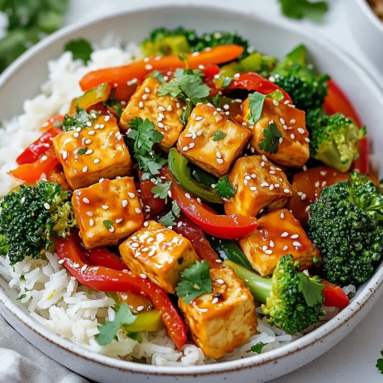 - 14 oz firm tofu, diced - 1 red bell pepper, sliced - 1 green bell pepper, sliced - 1 cup broccoli florets - 2 carrots, julienned - 3 cloves garlic, minced - 1-inch piece ginger, grated - 3 tablespoons sweet chili sauce - 2 tablespoons soy sauce - 1 tablespoon sesame oil - 1 tablespoon vegetable oil The main components of sweet chili tofu stir-fry create a colorful and tasty dish. Firm tofu is the star, giving a great texture. You want this tofu to be nice and crispy, so press it well. Fresh bell peppers add sweetness and crunch. Broccoli and carrots bring color and nutrients. Garlic and ginger round out the flavors, making every bite special. The sweet chili sauce and soy sauce are key to a rich and savory finish. - Sesame seeds - Fresh cilantro Garnishes add a nice touch to your dish. Sesame seeds give a bit of crunch and a nutty taste. Fresh cilantro brightens the flavors and adds a fresh aroma. These add-ons make the dish look pretty and inviting. Enjoy the burst of flavors as you savor your sweet chili tofu stir-fry! {{ingredient_image_2}} - Pressing the tofu: Start by taking your firm tofu and cutting it into cubes. Place the cubes between clean kitchen towels or paper towels. Press gently to remove the water. This takes about 15 minutes. Removing moisture helps the tofu get crispy. - Achieving a crispy texture: The key to a great texture is pressing. The drier the tofu, the better it browns. This step is very important. - Heating the oil: Get a large skillet or wok. Add vegetable oil and heat it on medium-high. Wait until the oil shimmers. This shows it is hot and ready. - Cooking the tofu: Once the oil is hot, add the pressed tofu cubes. Cook them for about 5-7 minutes. Turn the tofu frequently. You want it golden brown on all sides. After that, take the tofu out and set it on a plate. - Stir-frying the vegetables: In the same skillet, add sesame oil. Next, toss in minced garlic and grated ginger. Stir for about 30 seconds until fragrant. Then, add the sliced red and green bell peppers, broccoli florets, and julienned carrots. Stir-fry for about 5-6 minutes. You want the veggies tender but still crunchy. - Combining tofu and sauces: Return the cooked tofu to the skillet. Pour sweet chili sauce and soy sauce over everything. Gently toss to coat all the tofu and veggies. Let it cook for another 2-3 minutes. This helps the flavors mix well. - Garnishing and serving: Once heated, take it off the heat. Garnish with sesame seeds and fresh cilantro. Your sweet chili tofu stir-fry is now ready to enjoy! How to choose the right tofu When making stir-fry, use firm tofu. Firm tofu holds its shape well during cooking. Look for tofu packed in water, with no cracks. Fresh tofu has a light smell. Importance of pressing tofu Pressing tofu is key to great texture. Remove excess water to help it crisp up. Use a clean kitchen towel or paper towels. Place the tofu between layers and apply light pressure. Let it sit for 15 minutes. This step makes all the difference in your dish. Best practices for stir-frying Heat your oil before adding ingredients. Use a large skillet or wok for even cooking. Keep your heat high to sear the tofu and veggies quickly. Stir often to prevent sticking and burning. This keeps the flavors fresh and vibrant. Maintaining vegetable crunch Add vegetables in stages based on cooking time. Start with harder veggies like carrots and broccoli. Add softer ones like bell peppers later. Stir-fry for just a few minutes. This helps them stay bright and crisp. Enjoy the colorful, crunchy bites! Pro Tips Press Tofu Well: Ensure to press the tofu for at least 15 minutes to remove excess moisture, which helps achieve a crispy texture when frying. Use High Heat: Cooking the tofu and vegetables over medium-high heat allows them to sear properly, enhancing flavors and texture. Customize Veggies: Feel free to substitute or add other vegetables like snap peas or mushrooms based on your preference or seasonal availability. Serve Immediately: For the best taste and texture, serve the stir-fry right after cooking while the tofu is still crispy and the vegetables are vibrant. {{image_4}} You can make this dish your own by adding different veggies or proteins. Here are some tasty ideas: - Other vegetables to include: Try snap peas, bok choy, zucchini, or mushrooms. These add flavor and color. - Different proteins: You can swap tofu for tempeh, seitan, or chicken. Each option brings a unique taste and texture. If you want to change up the flavors, you can try different sauces: - Homemade sweet chili sauce: Mix sugar, vinegar, and chili flakes for a fresh twist. This is an easy way to customize your dish. - Low-sodium soy sauce options: Look for low-sodium soy sauce for a healthier choice. It reduces salt but keeps the flavor strong. To keep your leftovers fresh, place them in an airtight container. Make sure the tofu and veggies cool down before you seal the container. Store it in the fridge for up to three days. If you want to keep it longer, consider freezing it. However, freezing may change the texture of the tofu. To freeze, place the stir-fry in a freezer-safe container. It can last up to three months in the freezer. To reheat your stir-fry while keeping the tofu crispy, follow these steps. First, let the leftovers sit at room temperature for about 10 minutes. This helps them warm evenly. Next, heat a skillet over medium heat. Add a bit of oil to the skillet. Once hot, add the stir-fry. Sauté for about 5-7 minutes, stirring gently. This way, you can bring back some crispiness to the tofu. Enjoy your meal just like when it was fresh! How to make the tofu extra crispy? To make tofu crispy, press it well to remove moisture. Use a towel and place a weight on top. Let it sit for about 15 minutes. Cook it in hot oil without crowding the pan. This allows each piece to brown evenly. Can I make this dish vegan? Yes, this dish is vegan. The main ingredients are tofu and vegetables. Just ensure your sweet chili sauce and soy sauce are vegan. Most brands are, but it’s best to check the labels. What can I serve with sweet chili tofu stir-fry? You can serve it with white rice or brown rice. Quinoa is also a great choice. For a lighter meal, try it with a fresh salad. You can add extra veggies if you like! Caloric content per serving Each serving of sweet chili tofu stir-fry contains about 250 calories. This is a rough estimate and can vary based on the oils and sauces used. Health benefits of ingredients - Tofu: A great source of protein and low in calories. - Bell peppers: High in vitamins A and C, good for the immune system. - Broccoli: Packed with fiber and antioxidants. - Carrots: Excellent for eye health due to their beta-carotene. - Garlic and ginger: Both have anti-inflammatory properties and boost digestion. This blog post shared how to make a delicious sweet chili tofu stir-fry. We covered the main ingredients: firm tofu, fresh veggies, and tasty sauces. You learned how to prepare and cook the tofu, keeping it crispy and flavorful. We discussed variations, storage tips, and answered common questions. Incorporating these ideas will help you create a tasty meal. Enjoy experimenting and making this dish your own!