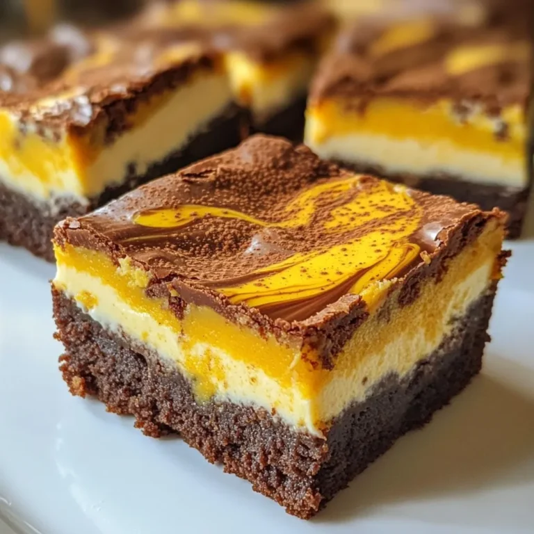 - 1 cup unsalted butter, melted - 2 cups granulated sugar - 4 large eggs - 1 teaspoon vanilla extract - 1 cup all-purpose flour - 1/2 cup cocoa powder - 1/2 teaspoon baking powder - 1/4 teaspoon salt - 8 oz cream cheese, softened - 1/2 cup granulated sugar - 1/2 cup canned pumpkin puree - 1 large egg - 1 teaspoon pumpkin spice - 1 teaspoon vanilla extract Each ingredient plays a key role in making these brownies rich and creamy. The unsalted butter gives the brownies a smooth texture. Granulated sugar sweetens the mix, while eggs add moisture and structure. Vanilla extract brings a warm aroma. The all-purpose flour and cocoa powder form the base, giving depth and richness. Baking powder helps them rise, and salt balances the sweetness. For the pumpkin cheesecake swirl, cream cheese acts as the star, providing creaminess. The sugar enhances the flavor, while canned pumpkin puree adds that beloved fall taste. A large egg binds the mixture. Pumpkin spice gives it warmth, and more vanilla extract ties everything together. Each ingredient complements the others to create a delightful treat. {{ingredient_image_2}} - Preheat the oven to 350°F (175°C). - Prepare a 9x13 inch baking pan by greasing it and lining it with parchment paper. - In a large bowl, combine 1 cup of melted butter and 2 cups of sugar. - Mix in 4 large eggs and 1 teaspoon of vanilla extract, one egg at a time. - In a separate bowl, sift together 1 cup of flour, 1/2 cup of cocoa powder, 1/2 teaspoon of baking powder, and 1/4 teaspoon of salt. - Fold the dry mix into the wet mix gently until just combined. - In another bowl, beat 8 oz of softened cream cheese until smooth. - Gradually blend in 1/2 cup of sugar, 1/2 cup of pumpkin puree, and 1 large egg. - Add 1 teaspoon of pumpkin spice and 1 teaspoon of vanilla extract, blending until very smooth. - Pour about two-thirds of the brownie batter into the prepared pan. - Drop spoonfuls of the pumpkin cheesecake mixture on top of the brownie layer. - Add the remaining brownie batter over the pumpkin layer. - Place the pan in the oven and bake for 30-35 minutes. - Check for doneness by inserting a toothpick in the center; it should come out slightly fudgy. - Let the brownies cool in the pan on a wire rack. - Once cool, use the parchment paper to lift them out and cut into squares. - Serve them plain, or dust with powdered sugar or add whipped cream for a tasty touch. To get that perfect brownie texture, avoid overmixing your batter. When you mix too much, the brownies can become tough. Just stir until the dry and wet ingredients blend. Use fresh ingredients for the best flavor and texture. Fresh eggs and butter make a big difference. They help your brownies rise and stay soft. If you want to boost the pumpkin flavor, you can swap out pumpkin spice. Try using cinnamon, nutmeg, and ginger instead. This mix can bring a warm taste to your brownies. You may also add extra spices like allspice for more depth. A little pinch can go a long way! For a beautiful presentation, dust your brownies with powdered sugar. You can also add a dollop of whipped cream on top. This adds a nice touch. Pair your brownies with a warm drink, like spiced cider or coffee. The warmth of the drink makes the brownies more enjoyable. Pro Tips Use Room Temperature Ingredients: Make sure your cream cheese and egg for the cheesecake layer are at room temperature. This helps create a smooth and creamy texture without lumps. Don't Overmix: When combining the dry ingredients with the wet ingredients for the brownie layer, mix until just combined. Overmixing can lead to a cakey texture instead of fudgy. Swirl with Care: When swirling the pumpkin cheesecake mixture into the brownie batter, use a gentle hand. You want to create beautiful marbled patterns without completely blending the two layers. Let Them Cool: Allow the brownies to cool completely in the pan before cutting them. This helps them set up properly and ensures clean, neat squares when you cut them. {{image_4}} You can make these brownies gluten-free by swapping regular flour for almond or coconut flour. These flours add unique flavors. You may need to adjust the amount of flour slightly. For sweeteners, use coconut sugar or a sugar substitute like stevia. These options keep the taste rich and lower the carbs. Want to mix things up? Add chocolate chips to the brownie layer for extra sweetness. You can also swap pumpkin for other purees, like sweet potato or butternut squash. Each option offers a new twist on flavor, keeping it fun and delicious. If you want smaller treats, try making mini brownies! Use a mini muffin tin to create bite-sized delights. This approach lets you enjoy just a little bit without overindulging. You can easily adjust the recipe to make fewer servings too. Just cut the ingredients in half, and you’ll have just the right amount. To keep your pumpkin cheesecake brownies fresh, store them properly. First, let the brownies cool completely in the pan. Once cool, cut them into squares. Place the brownies in an airtight container. You can also layer parchment paper between the squares to stop them from sticking. This way, they stay soft and moist. If you want to freeze your brownies, first cool them down. Wrap each square tightly in plastic wrap. Then, place them in a freezer bag or container. Make sure to remove as much air as possible to avoid freezer burn. When you want to enjoy a brownie, take it out and let it thaw at room temperature. You can also warm it in the microwave for about 15-20 seconds. These brownies can last for about 5 days at room temperature when stored properly. If you keep them in the fridge, they can last for up to a week. Look out for signs of spoilage like a change in color or an off smell. If they feel dry or hard, it’s best to toss them. Yes, you can make these brownies ahead of time. After baking, let them cool completely. Once cooled, cut them into squares. Store them in an airtight container. They keep well in the fridge for up to a week. If you want to enjoy them later, consider freezing them. You can use fresh pumpkin. To do this, start by cooking the pumpkin. Cut it in half and remove the seeds. Roast it in the oven until soft. Once cool, scoop out the flesh and blend it until smooth. Fresh pumpkin adds a nice taste but takes more time. If you want an alternative to cream cheese, try using Greek yogurt. It gives a nice creaminess. You can also use mascarpone or silken tofu for a dairy-free option. Each choice will change the taste slightly, but they work well. Check the brownies after 30 minutes of baking. Look for set edges and a slight jiggle in the center. Insert a toothpick in the middle; it should come out with a few moist crumbs. If it comes out clean, they may be overbaked. Yes, you can add nuts to your brownies. Walnuts or pecans work great. Chop them roughly and stir them into the brownie batter. This adds a nice crunch and flavor. Just be sure not to add too many, so the brownies stay soft and fudgy. These Pumpkin Cheesecake Brownies blend rich chocolate with creamy pumpkin flavors. We covered each step: from gathering your ingredients to baking and storing. Remember to avoid overmixing for perfect brownies. Try different flavors or even a gluten-free version to suit your taste. Follow these tips for a tasty dessert that impresses. Enjoy sharing this delight with friends and family!