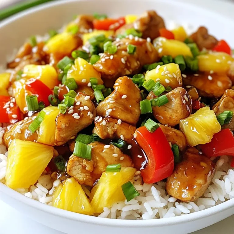 - 1 pound boneless, skinless chicken thighs, cut into bite-sized pieces - 1 cup pineapple chunks (fresh or canned) - 1 red bell pepper, thinly sliced - 1 green bell pepper, thinly sliced - 1 small onion, thinly sliced - 3 cloves garlic, minced - 1/2 cup low-sodium soy sauce - 1/4 cup honey - 1 tablespoon sesame oil - 2 tablespoons cornstarch mixed with 2 tablespoons water (slurry) - 2 green onions, thinly sliced (for garnish) - Sesame seeds (for garnish) - Cooked rice or quinoa (for serving) - Fresh ginger, minced, adds a warm spice. - Red pepper flakes, for a hint of heat. - Sliced mushrooms, for extra texture. - Snow peas or broccoli, for added crunch and color. - Use chicken breast if you prefer leaner meat. - Swap honey with maple syrup for a vegan option. - Coconut aminos can replace soy sauce for a gluten-free dish. - Use frozen vegetables if fresh ones are not available. Just thaw them first. With these ingredients, you can create a meal full of flavor. Each item plays a key role in the final dish. Don't hesitate to mix and match based on what you have. Cooking is about exploring and enjoying! {{ingredient_image_2}} Start by cutting 1 pound of boneless, skinless chicken thighs into bite-sized pieces. This helps the chicken cook evenly. Next, thinly slice 1 red bell pepper, 1 green bell pepper, and 1 small onion. You also want to mince 3 cloves of garlic. Lastly, gather 1 cup of pineapple chunks. You can use fresh or canned pineapple, depending on what you have. Heat 1 tablespoon of sesame oil in a large skillet over medium-high heat. Once the oil is hot, add the chicken pieces in a single layer. Cook the chicken for about 5-7 minutes. Look for a golden brown color on the outside. This shows the chicken is fully cooked. Once done, remove the chicken from the skillet and set it aside on a plate. In the same skillet, add the sliced onion and bell peppers. Sauté them for about 3-4 minutes. Stir occasionally until the vegetables soften and the onions turn translucent. Now, add the minced garlic and pineapple chunks. Stir everything together and let it cook for another 2 minutes. This lets the flavors mix well. In a separate bowl, whisk together 1/2 cup of low-sodium soy sauce and 1/4 cup of honey. Once mixed, pour this sauce over the cooked vegetables in the skillet. Make sure everything is well coated in the sauce. Return the cooked chicken to the skillet. Stir to combine. Make sure the chicken is coated in the sauce. Allow the mixture to simmer gently. Increase the heat slightly and add a cornstarch slurry made of 2 tablespoons of cornstarch mixed with 2 tablespoons of water. Stir well and cook for another 2-3 minutes. This will thicken the sauce to your liking. Once the sauce has thickened, take the skillet off the heat. Garnish your dish with thinly sliced green onions and a sprinkle of sesame seeds. This adds a nice touch and extra flavor. Serve your Pineapple Teriyaki Chicken over fluffy rice or quinoa for a complete meal. Enjoy the burst of flavors! To get tender chicken, start with boneless, skinless chicken thighs. They stay juicy and cook fast. - Heat sesame oil in a large skillet over medium-high heat. - Cook the chicken in a single layer. This helps it brown nicely. - Sauté for about 5-7 minutes until the chicken is golden brown and fully cooked. - Don’t overcrowd the pan; this can steam the chicken instead of searing it. To amp up the flavor, consider these tips: - Use fresh pineapple for a bright and juicy taste. Canned pineapple works too. - Add ginger for a warm, spicy kick. Just a small amount goes a long way! - A splash of rice vinegar can brighten the dish further. - For some heat, try adding red pepper flakes or sliced fresh chili peppers. Avoid these common mistakes for a perfect dish: - Don’t skip the cornstarch slurry. It thickens the sauce and gives it a nice sheen. - Ensure the skillet is hot before adding chicken. This keeps it from getting soggy. - Be careful not to overcook the vegetables. They should be tender but still crisp. - Don’t forget to taste the sauce before serving. Adjust sweetness or saltiness as needed. These tips will help you create a delicious Pineapple Teriyaki Chicken Skillet. Enjoy your cooking! Pro Tips Choose Quality Chicken: Opt for fresh, high-quality boneless, skinless chicken thighs for the best flavor and texture. They remain juicy and tender throughout the cooking process. Prep Ingredients Ahead: To save time, chop all vegetables and measure out ingredients before starting to cook. This will make the cooking process smoother and more enjoyable. Adjust Sweetness: Feel free to adjust the amount of honey based on your taste preference. If you like it sweeter, add more honey; if you prefer a less sweet dish, reduce the amount. Serve with Extras: Enhance the dish by serving it with additional toppings like crushed peanuts or fresh cilantro for an extra layer of flavor and texture. {{image_4}} You can change the chicken for other proteins. Tofu is a great choice for a vegetarian dish. Use firm tofu for best results. Cut it into cubes and cook it until golden. Shrimp also works well. Just sauté them until they turn pink. Both options soak up the teriyaki sauce nicely. To make this dish vegan, swap chicken for tofu or tempeh. Use a plant-based honey substitute or maple syrup instead of honey. This keeps the sweet flavor while staying true to vegan choices. You can also add more veggies, like carrots or snap peas, to boost the nutrients. If you like heat, add red pepper flakes or sriracha for a spicy kick. A dash of ginger can add warmth and depth. For a sweeter taste, increase the honey or add a splash of orange juice. Adjust the soy sauce to balance the flavors. Taste as you go to make it just right for you. To store leftovers, first let the dish cool down. Place the Pineapple Teriyaki Chicken in an airtight container. Make sure to seal it well. Store it in the fridge. It will stay fresh for about 3 to 4 days. When you're ready to eat leftovers, reheat them gently. You can use the microwave or a skillet. If using a microwave, heat in short bursts. Stir in between to ensure even heating. If using a skillet, add a splash of water. This helps keep the chicken moist. Heat over medium-low until warmed through. You can freeze Pineapple Teriyaki Chicken for longer storage. Use a freezer-safe container or bag. Be sure to remove as much air as possible. Label the container with the date. You can freeze it for up to 3 months. To thaw, place it in the fridge overnight. Reheat as described above. Enjoy your meal anytime! You can serve this dish with rice or quinoa. Both options soak up the tasty sauce. You may also add a side of steamed broccoli or snap peas for extra crunch and color. A fresh salad with a light dressing pairs well too. To reduce sweetness, cut back on the honey. You can add more soy sauce for saltiness. A splash of vinegar adds a nice tang too. This will balance the flavors and give you a savory sauce. Yes, you can use frozen chicken. Just be sure to thaw it first. You can do this in the fridge overnight or in cold water for a quicker option. Cook it until it's fully done, just like fresh chicken. For garnishing, try sliced green onions and sesame seeds. Fresh cilantro adds a great touch too. Thinly sliced red chili peppers give a pop of color and heat. These garnishes make your dish look more appealing and add extra flavor. Pineapple teriyaki chicken is easy and tasty. You learned about the right ingredients and steps. We covered cooking tips and possible variations, too. Remember, you can swap proteins and adjust spice levels. Storing leftovers and reheating them properly keeps your meals fresh. Enjoy experimenting with this dish. Try any new flavors you like. Cooking should be fun and rewarding!