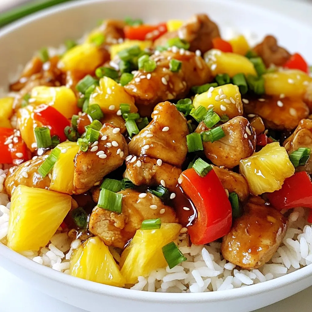 - 1 pound boneless, skinless chicken thighs, cut into bite-sized pieces - 1 cup pineapple chunks (fresh or canned) - 1 red bell pepper, thinly sliced - 1 green bell pepper, thinly sliced - 1 small onion, thinly sliced - 3 cloves garlic, minced - 1/2 cup low-sodium soy sauce - 1/4 cup honey - 1 tablespoon sesame oil - 2 tablespoons cornstarch mixed with 2 tablespoons water (slurry) - 2 green onions, thinly sliced (for garnish) - Sesame seeds (for garnish) - Cooked rice or quinoa (for serving) - Fresh ginger, minced, adds a warm spice. - Red pepper flakes, for a hint of heat. - Sliced mushrooms, for extra texture. - Snow peas or broccoli, for added crunch and color. - Use chicken breast if you prefer leaner meat. - Swap honey with maple syrup for a vegan option. - Coconut aminos can replace soy sauce for a gluten-free dish. - Use frozen vegetables if fresh ones are not available. Just thaw them first. With these ingredients, you can create a meal full of flavor. Each item plays a key role in the final dish. Don't hesitate to mix and match based on what you have. Cooking is about exploring and enjoying! {{ingredient_image_2}} Start by cutting 1 pound of boneless, skinless chicken thighs into bite-sized pieces. This helps the chicken cook evenly. Next, thinly slice 1 red bell pepper, 1 green bell pepper, and 1 small onion. You also want to mince 3 cloves of garlic. Lastly, gather 1 cup of pineapple chunks. You can use fresh or canned pineapple, depending on what you have. Heat 1 tablespoon of sesame oil in a large skillet over medium-high heat. Once the oil is hot, add the chicken pieces in a single layer. Cook the chicken for about 5-7 minutes. Look for a golden brown color on the outside. This shows the chicken is fully cooked. Once done, remove the chicken from the skillet and set it aside on a plate. In the same skillet, add the sliced onion and bell peppers. Sauté them for about 3-4 minutes. Stir occasionally until the vegetables soften and the onions turn translucent. Now, add the minced garlic and pineapple chunks. Stir everything together and let it cook for another 2 minutes. This lets the flavors mix well. In a separate bowl, whisk together 1/2 cup of low-sodium soy sauce and 1/4 cup of honey. Once mixed, pour this sauce over the cooked vegetables in the skillet. Make sure everything is well coated in the sauce. Return the cooked chicken to the skillet. Stir to combine. Make sure the chicken is coated in the sauce. Allow the mixture to simmer gently. Increase the heat slightly and add a cornstarch slurry made of 2 tablespoons of cornstarch mixed with 2 tablespoons of water. Stir well and cook for another 2-3 minutes. This will thicken the sauce to your liking. Once the sauce has thickened, take the skillet off the heat. Garnish your dish with thinly sliced green onions and a sprinkle of sesame seeds. This adds a nice touch and extra flavor. Serve your Pineapple Teriyaki Chicken over fluffy rice or quinoa for a complete meal. Enjoy the burst of flavors! To get tender chicken, start with boneless, skinless chicken thighs. They stay juicy and cook fast. - Heat sesame oil in a large skillet over medium-high heat. - Cook the chicken in a single layer. This helps it brown nicely. - Sauté for about 5-7 minutes until the chicken is golden brown and fully cooked. - Don’t overcrowd the pan; this can steam the chicken instead of searing it. To amp up the flavor, consider these tips: - Use fresh pineapple for a bright and juicy taste. Canned pineapple works too. - Add ginger for a warm, spicy kick. Just a small amount goes a long way! - A splash of rice vinegar can brighten the dish further. - For some heat, try adding red pepper flakes or sliced fresh chili peppers. Avoid these common mistakes for a perfect dish: - Don’t skip the cornstarch slurry. It thickens the sauce and gives it a nice sheen. - Ensure the skillet is hot before adding chicken. This keeps it from getting soggy. - Be careful not to overcook the vegetables. They should be tender but still crisp. - Don’t forget to taste the sauce before serving. Adjust sweetness or saltiness as needed. These tips will help you create a delicious Pineapple Teriyaki Chicken Skillet. Enjoy your cooking! Pro Tips Choose Quality Chicken: Opt for fresh, high-quality boneless, skinless chicken thighs for the best flavor and texture. They remain juicy and tender throughout the cooking process. Prep Ingredients Ahead: To save time, chop all vegetables and measure out ingredients before starting to cook. This will make the cooking process smoother and more enjoyable. Adjust Sweetness: Feel free to adjust the amount of honey based on your taste preference. If you like it sweeter, add more honey; if you prefer a less sweet dish, reduce the amount. Serve with Extras: Enhance the dish by serving it with additional toppings like crushed peanuts or fresh cilantro for an extra layer of flavor and texture. {{image_4}} You can change the chicken for other proteins. Tofu is a great choice for a vegetarian dish. Use firm tofu for best results. Cut it into cubes and cook it until golden. Shrimp also works well. Just sauté them until they turn pink. Both options soak up the teriyaki sauce nicely. To make this dish vegan, swap chicken for tofu or tempeh. Use a plant-based honey substitute or maple syrup instead of honey. This keeps the sweet flavor while staying true to vegan choices. You can also add more veggies, like carrots or snap peas, to boost the nutrients. If you like heat, add red pepper flakes or sriracha for a spicy kick. A dash of ginger can add warmth and depth. For a sweeter taste, increase the honey or add a splash of orange juice. Adjust the soy sauce to balance the flavors. Taste as you go to make it just right for you. To store leftovers, first let the dish cool down. Place the Pineapple Teriyaki Chicken in an airtight container. Make sure to seal it well. Store it in the fridge. It will stay fresh for about 3 to 4 days. When you're ready to eat leftovers, reheat them gently. You can use the microwave or a skillet. If using a microwave, heat in short bursts. Stir in between to ensure even heating. If using a skillet, add a splash of water. This helps keep the chicken moist. Heat over medium-low until warmed through. You can freeze Pineapple Teriyaki Chicken for longer storage. Use a freezer-safe container or bag. Be sure to remove as much air as possible. Label the container with the date. You can freeze it for up to 3 months. To thaw, place it in the fridge overnight. Reheat as described above. Enjoy your meal anytime! You can serve this dish with rice or quinoa. Both options soak up the tasty sauce. You may also add a side of steamed broccoli or snap peas for extra crunch and color. A fresh salad with a light dressing pairs well too. To reduce sweetness, cut back on the honey. You can add more soy sauce for saltiness. A splash of vinegar adds a nice tang too. This will balance the flavors and give you a savory sauce. Yes, you can use frozen chicken. Just be sure to thaw it first. You can do this in the fridge overnight or in cold water for a quicker option. Cook it until it's fully done, just like fresh chicken. For garnishing, try sliced green onions and sesame seeds. Fresh cilantro adds a great touch too. Thinly sliced red chili peppers give a pop of color and heat. These garnishes make your dish look more appealing and add extra flavor. Pineapple teriyaki chicken is easy and tasty. You learned about the right ingredients and steps. We covered cooking tips and possible variations, too. Remember, you can swap proteins and adjust spice levels. Storing leftovers and reheating them properly keeps your meals fresh. Enjoy experimenting with this dish. Try any new flavors you like. Cooking should be fun and rewarding!