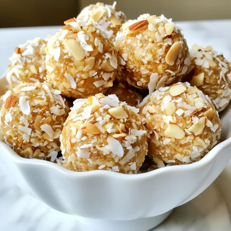 - 1 cup toasted almonds - 1 cup unsweetened shredded coconut - 1 cup rolled oats To make these energy balls, start with toasted almonds. Toasting enhances their nutty flavor. You also need unsweetened shredded coconut. This adds a chewy texture and a tropical taste. Rolled oats are essential, providing fiber and energy. - 1/2 cup creamy almond butter - 1/4 cup honey or maple syrup - 1 teaspoon pure vanilla extract Next, you need binding agents. Creamy almond butter holds everything together. Choose honey or maple syrup as your sweetener. Both options add a natural sweetness. Pure vanilla extract enhances the flavor and aroma. - 1/4 teaspoon fine sea salt - 1/4 cup chocolate chips or cacao nibs You can add a pinch of fine sea salt. It balances the sweetness. If you want a treat, mix in chocolate chips or cacao nibs. They add a delightful crunch and richness. {{ingredient_image_2}} Chopping the almonds Start by adding the toasted almonds to your food processor. Pulse them until they are a coarse meal. You want them finely chopped, but not turned into flour. This texture adds a nice crunch to your energy balls. Mixing the main ingredients Next, add the unsweetened shredded coconut, rolled oats, creamy almond butter, honey or maple syrup, pure vanilla extract, and fine sea salt. Blend everything until it forms a sticky dough. If you like, fold in some chocolate chips or cacao nibs for extra flavor. Rolling the mixture into balls With clean hands, scoop about one tablespoon of the mixture. Roll it into a small ball. Keep doing this until all the mixture is shaped into balls. This step is fun and rewarding! Arranging on a baking sheet Place the rolled energy balls on a parchment-lined baking sheet or a clean plate. Make sure they are spaced apart so they don’t stick together while chilling. Refrigerating the energy balls Put the baking sheet with the energy balls in the fridge. Chill them for at least 30 minutes. This helps them firm up and hold their shape. Proper storage methods After chilling, transfer the energy balls to an airtight container. They will stay fresh in the fridge for up to a week. If you want to keep them longer, freeze them! They can last for a few months in the freezer. To get the right texture for your energy balls, avoid over-processing the almonds. Pulse them until they resemble a coarse meal. If you grind them too fine, your balls will lack the needed crunch. If your mix feels too sticky, you can adjust it. Add a bit more rolled oats or coconut. This will help make it easier to roll into balls. You can easily customize these energy balls. To change up the flavor, add spices like cinnamon or nutmeg. These spices can give your snack a warm, cozy feel. If you want to switch up the sweetener, use agave nectar or brown rice syrup instead of honey. Each sweetener brings a unique taste to your energy balls. For a great presentation, serve your energy balls in a rustic small bowl. A light dusting of shredded coconut on top adds a nice touch. You can also sprinkle some chopped almonds for extra flair. These energy balls are perfect for different occasions. They work well as a quick snack on busy days or as a healthy dessert at a gathering. Enjoy the wholesome goodness! Pro Tips Use Fresh Ingredients: Ensure your almonds and coconut are fresh for the best flavor and texture. Stale ingredients can diminish the quality of your energy balls. Customize Your Sweetness: Adjust the amount of honey or maple syrup according to your taste preferences. Start with less and add more if you like it sweeter. Experiment with Add-ins: Try adding other nuts, seeds, or dried fruits to the mixture for a unique twist. This can enhance the nutritional profile and flavor variety. Chill for Best Results: Don’t skip the chilling step! Refrigerating the energy balls helps them firm up, making them easier to handle and more enjoyable to eat. {{image_4}} You can easily change the flavor of your energy balls. Adding dried fruits is a great way to do this. Try mixing in some cranberries or chopped apricots. They give a nice chew and a burst of sweetness. You can also use different nut butters. If you love peanut butter, swap that for almond butter. This small change adds a new taste and texture. If you follow a vegan diet, you can make simple swaps. Use maple syrup instead of honey. Both options sweeten your energy balls well. For those who need gluten-free snacks, use certified oats. They ensure your energy balls stay gluten-free and safe to eat. Check the package for the gluten-free label. You can make energy balls fit any season. For holidays, add spices like cinnamon or nutmeg. These spices make them festive and warm. In the summer, try adding fresh fruit. Chopped strawberries or dried mango can brighten up the flavor. These seasonal twists keep your snacks fun and exciting! You can store your coconut almond energy balls in the fridge. Place them in an airtight container. They stay fresh for up to a week. This keeps them cool and helps maintain their texture. If you want to keep them longer, don’t worry! For long-term storage, freeze the energy balls. Lay them on a baking sheet first. Once they are frozen solid, transfer them to a freezer bag. They last for up to three months in the freezer. When you want to eat them, just take out a few. Let them thaw in the fridge for optimal taste. Watch for signs of spoilage. If you see mold or notice an off smell, don’t eat them. The texture might also change if they go bad. To extend their shelf-life, always store them in airtight containers and avoid warm areas. Keeping them chilled is key to enjoying their flavor. Coconut almond energy balls last up to a week in the fridge. If you freeze them, they can last for about three months. Just be sure to store them in an airtight container. Refrigeration keeps them fresh and ready for snacking. Freezing helps if you want to save some for later. Yes, you can swap nuts in this recipe. Consider using cashews, walnuts, or pecans. Each nut brings a different taste and texture. If you use softer nuts, adjust the amount of almond butter. This helps keep the mixture from being too sticky or too loose. These energy balls are quite healthy. They pack protein from the almonds and almond butter. The oats provide fiber, which is great for digestion. Each ball has about 100 calories. They are also rich in healthy fats and natural sweetness from honey or maple syrup. Enjoy them as a snack without guilt! Coconut almond energy balls are easy to make and delicious. You learned about the main ingredients like toasted almonds, shredded coconut, and rolled oats. We discussed how to bind and sweeten with almond butter and honey. Don't forget the fun extras like chocolate chips! Remember, you can adjust flavors and ensure the right texture. Proper storage helps keep them fresh. With these insights, you can customize your own energy balls for any occasion. Enjoy your tasty snacks while getting the benefits they offer!
